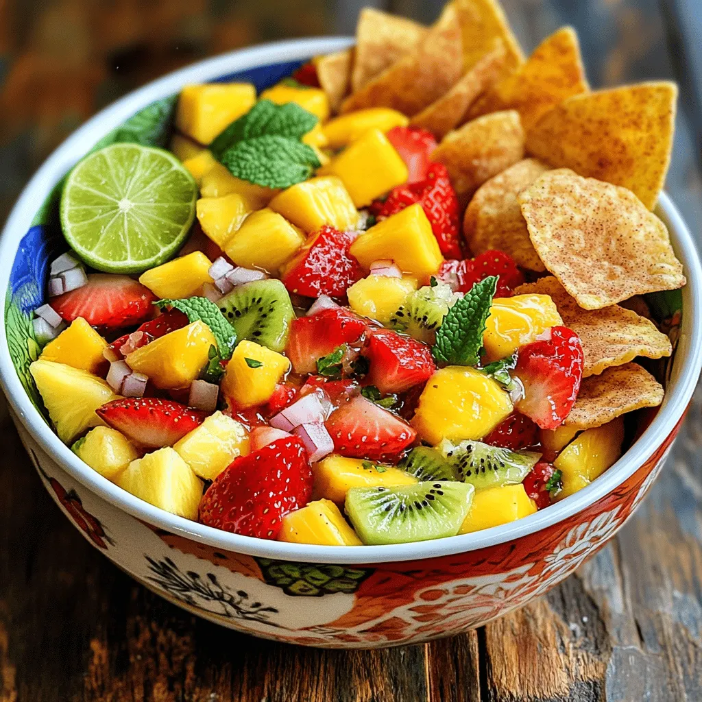 - Strawberries, diced - Fresh pineapple, diced - Medium kiwi, peeled and diced - Ripe mango, diced - Small red onion, finely chopped - Optional: Jalapeño, seeded and minced To make a great fruit salsa, start with fresh fruits. The sweet strawberries and juicy pineapple pair well. Peel and dice a kiwi for a green burst. Add ripe mango for a tropical touch. A small red onion gives a nice crunch and flavor. If you like heat, add a jalapeño, but this is optional. - Fresh lime juice - Honey or agave syrup - Fresh mint leaves, chopped Next, you need a dressing. Fresh lime juice adds tanginess. You can sweeten it with honey or agave syrup. Chop fresh mint leaves to add a fresh aroma. This dressing ties all the fruit flavors together. - Flour tortillas - Melted butter - Granulated sugar - Ground cinnamon Now, let’s talk about the chips. Use flour tortillas for a soft base. Brush them with melted butter for richness. Mix sugar and ground cinnamon together. This mix brings a sweet and spicy crunch. These chips complement the salsa perfectly. For the full recipe, check out the detailed instructions on how to put it all together! To make the fruit salsa, start by gathering all your fruits. In a large mixing bowl, combine: - 1 cup strawberries, hulled and diced - 1 cup fresh pineapple, diced - 1 medium kiwi, peeled and diced - 1 ripe mango, diced - 1 small red onion, finely chopped - 1 jalapeño, seeded and minced (optional for heat) Next, drizzle 2 tablespoons of fresh lime juice and 1 tablespoon of honey or agave syrup over the fruit. This adds zest and sweetness. Gently toss in 1/4 cup of chopped mint leaves. Mix everything well. Set the salsa aside to let the flavors blend while you prepare the chips. Now it’s time to make the cinnamon sugar chips. Preheat your oven to 350°F (175°C). Grab 4 flour tortillas and brush one side with 2 tablespoons of melted butter. This helps the sugar stick and adds flavor. In a small bowl, mix together 3 tablespoons of granulated sugar and 1 teaspoon of ground cinnamon. Sprinkle this mixture evenly over the buttered side of each tortilla. Next, cut each tortilla into triangles or strips. Place them in a single layer on a baking sheet lined with parchment paper. Bake the chips in the preheated oven for about 10-12 minutes. Keep an eye on them so they don’t burn. They should be crispy and lightly golden. Once the chips are done, take them out of the oven and let them cool slightly. Serve the fresh fruit salsa in a bowl alongside the cinnamon sugar chips for dipping. This dish is perfect for parties or a sweet snack. Enjoy your delightful treat! For the complete recipe, check out the [Full Recipe]. When making fruit salsa, freshness is key. Choose ripe fruits for the best flavor. Look for strawberries that are bright red and fragrant. Pick pineapples that feel heavy for their size. The skin should be golden and yield slightly when pressed. For kiwis, gently squeeze them; they should be slightly soft but not mushy. Mangoes should have a sweet smell and give a little when pressed. You can also swap fruits based on what's in season. Use peaches in summer or apples in fall. This keeps your salsa fresh and exciting. Don't be afraid to mix and match! For the cinnamon sugar chips, adjust the sugar and cinnamon to fit your taste. If you love cinnamon, add more! If you prefer a sweeter chip, up the sugar. You can bake the chips in an air fryer for a quick and crispy treat. Just set it to 350°F and check after 5 minutes. They should be golden and crisp. This method is faster and often healthier! To tweak the sweetness and acidity in your salsa, taste as you mix. If it's too sweet, add a splash of lime juice. If it's too tart, drizzle in more honey. For an extra kick, consider adding spices like cayenne or smoked paprika. These spices add depth and make the salsa pop with flavor. Don't be shy to experiment and find your perfect blend! For the full recipe, check out [Full Recipe]. {{image_2}} For a fun twist, try a tropical fruit salsa. You can use fruits like papaya, mango, or coconut. These fruits bring a sweet and juicy flavor. Pair them with lime juice for a zesty kick. You can also add a splash of orange juice for extra brightness. This salsa makes a great dip for parties or family gatherings. Want to spice things up? Add diced jalapeño or another hot pepper to your salsa. This heat contrasts well with the sweet fruits. You can also mix in fresh herbs like cilantro for a fresh taste. The herb adds a unique flavor that pairs perfectly with the sweet fruits. Don't be afraid to experiment with different heat levels based on your taste. You can switch up your chips for a new take. Corn tortillas make a great base. They add a nice crunch and flavor. You can bake or fry them depending on your preference. Baking is easier and gives a lighter chip. Frying offers a richer, more indulgent option. Both choices work well with the salsa. To keep your fruit salsa fresh, store it in an airtight container. This helps maintain the vibrant colors and flavors. You can keep it in the fridge for up to three days. However, the fruit may start to get mushy after a day or two. If you want to keep it longer, consider freezing it. Just remember that freezing can change the texture. To keep your cinnamon sugar chips nice and crispy, store them in a sealed bag or container. This prevents moisture from making them soft. If you have leftovers, they can last up to a week. You can also make the chips ahead of time. Just store them in a cool, dry place until you're ready to serve. If your chips lose some crispness, you can refresh them. Place the chips on a baking sheet and heat them in a 350°F (175°C) oven for about five minutes. This brings back the crunch. For the salsa, if it looks a bit sad after storage, give it a gentle stir. Add a splash of lime juice to brighten the flavors. Enjoy it fresh with your chips! Yes, you can make Fruit Salsa ahead of time. To keep it fresh, store it in an airtight container. Add lime juice just before serving. This keeps the colors bright and the flavors fresh. You can prepare the salsa up to a day ahead. Just remember to stir it gently before serving. This recipe shines with fresh fruits. Besides strawberries, pineapple, kiwi, and mango, you can use peaches, blueberries, or raspberries. Each fruit adds a unique taste and texture. You can also mix in some citrus like orange or grapefruit for a zesty twist. Experiment with your favorites! Yes, store-bought chips can work well. Look for cinnamon sugar tortilla chips for a quick option. Another choice is pita chips for a crunch. If you prefer, you can also use plain tortilla chips for a simple taste. Pairing these chips with Fruit Salsa makes a great snack! This blog post detailed how to create a tasty fruit salsa and crunchy cinnamon sugar chips. You learned about the needed ingredients, step-by-step instructions, and helpful tips for making the best dish. Remember, you can adjust the fruits and spices to fit your taste. Store your salsa and chips properly to keep them fresh. Enjoy this sweet and fruity treat at your next event or snack time! Dive into different variations to keep it exciting. Your kitchen can be a fun place to explore flavors!