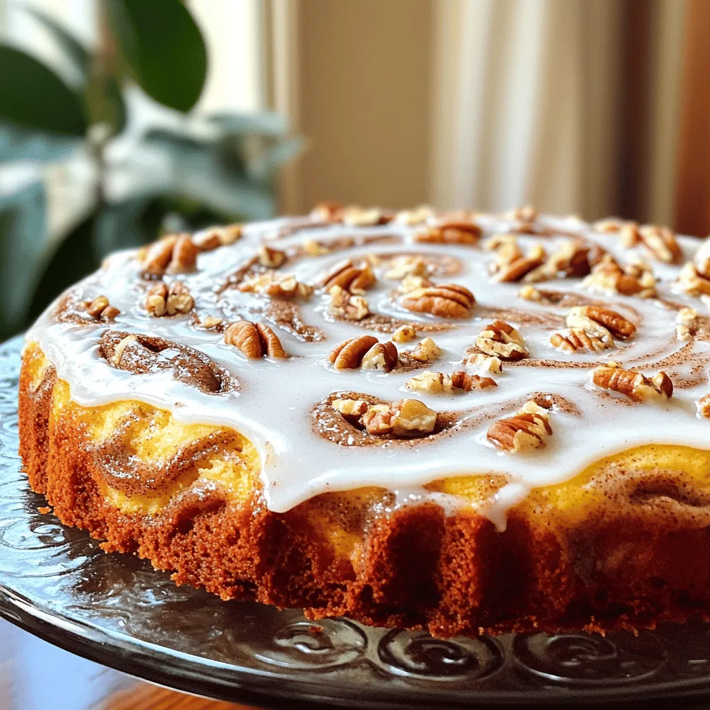To make this Easy Cinnamon Roll Coffee Cake, gather these ingredients: - 2 cups all-purpose flour - 1 cup granulated sugar - 1 tablespoon baking powder - ½ teaspoon salt - ½ cup unsalted butter, melted - 1 cup milk - 2 large eggs - 1 teaspoon vanilla extract - 1 tablespoon ground cinnamon - ½ cup brown sugar, packed - ½ cup chopped pecans (optional) - 1 cup powdered sugar (for glaze) - 2 tablespoons milk (for glaze) You can make simple swaps if needed. For a gluten-free version, use a gluten-free flour blend. If you need a dairy-free cake, try almond or oat milk instead of regular milk. You can also replace eggs with a flaxseed mixture (1 tablespoon flaxseed meal + 2.5 tablespoons water = 1 egg). For the butter, coconut oil works well too, giving a different flavor. Just melt it as you would the butter. If you prefer less sugar, reduce the granulated sugar or brown sugar, but keep in mind this may alter the texture slightly. To add some fun, consider these options: - Chopped pecans: They add a nice crunch and flavor. - Chopped apples: Mix in about 1 cup of diced apples for a fruity twist. - Chocolate chips: A half-cup of chocolate chips can make it extra sweet. - Raisins or cranberries: These dried fruits add a burst of sweetness. Feel free to mix and match! Each addition brings its own charm to the cake. For the full recipe, check out the detailed instructions above. To make this easy cinnamon roll coffee cake, you need a few tools. Grab a large mixing bowl, a whisk, a 9x13-inch baking pan, and measuring cups. First, preheat your oven to 350°F (175°C). While the oven heats up, grease your baking pan. This helps the cake come out easily after baking. Now, let's mix the ingredients. In a large bowl, whisk together these dry ingredients: - 2 cups all-purpose flour - 1 cup granulated sugar - 1 tablespoon baking powder - ½ teaspoon salt Make sure they blend well. In another bowl, mix the wet ingredients: - ½ cup unsalted butter, melted - 1 cup milk - 2 large eggs - 1 teaspoon vanilla extract Stir this mixture until it's smooth. Next, pour the wet mixture into the dry ingredients. Stir just until combined; avoid overmixing. It’s okay if some lumps remain. Now, let’s prepare the cinnamon filling. In a separate bowl, mix: - ½ cup brown sugar, packed - 1 tablespoon ground cinnamon This will create a sweet, spicy filling for your coffee cake. Spread half of the cake batter into your prepared pan. Then, sprinkle the cinnamon-brown sugar mixture evenly over the batter. If you like, add: - ½ cup chopped pecans (optional) Spoon the remaining batter on top. Gently spread it out to cover the filling. Use a knife or skewer to create a marbled effect. Be careful not to mix too much. Now, it’s time to bake! Place the pan in the oven and bake for 25 to 30 minutes. To check if it's done, insert a toothpick into the center. If it comes out clean, your cake is ready. While your cake bakes, mix the glaze. Combine: - 1 cup powdered sugar - 2 tablespoons milk Stir until smooth. Once the cake is done, let it cool in the pan for about 10 minutes. Drizzle the glaze over the warm cake. Allow it to cool completely before slicing. Enjoy your delicious cinnamon roll coffee cake! For the full recipe, see the main section above. To get that beautiful swirl in your Easy Cinnamon Roll Coffee Cake, use a knife or skewer. After you add the batter, gently swirl through the layers. Do this lightly to avoid mixing too much. You want a marbled look, not a blended color. Practice makes perfect, so don’t worry if it’s not perfect the first time! There are a few common mistakes you should watch for. First, don’t overmix the batter. Stir it just enough for the wet and dry parts to combine. Overmixing leads to a tough cake. Second, be careful not to skip the cooling time. If you cut it too soon, it may crumble. Lastly, remember to check for doneness with a toothpick. If it comes out clean, your cake is ready! This coffee cake pairs well with a hot drink. Try it with coffee or tea for a warm start to your day. You can also serve it with a scoop of vanilla ice cream for a sweet treat. For a twist, add fresh berries or whipped cream on top. These toppings add color and flavor, making your cake even more delightful. For a full recipe, check out the [Full Recipe]. {{image_2}} You can change this easy cinnamon roll coffee cake to fit the seasons. For fall, add pumpkin spice to the batter. Just mix in one teaspoon of pumpkin spice with the dry ingredients. You can also use pumpkin puree in place of some milk. For winter, try a chocolate twist! Add cocoa powder to the batter or sprinkle chocolate chips on top. You can mix 1/3 cup of cocoa powder into the dry mixture and adjust the sugar. If you need gluten-free options, use a gluten-free flour blend. Look for a brand that works well for baking. Replace the regular milk with almond or oat milk for a dairy-free version. You can make this cake vegan by using flax eggs. Mix one tablespoon of ground flaxseed with three tablespoons of water. Let it sit for five minutes to thicken before adding it to the wet ingredients. Serve this cake in fun ways! For a dessert style, add a scoop of ice cream on top. The warm cake with cold ice cream creates a great mix. For breakfast, pair it with fresh fruit or yogurt. You can also serve it with flavored coffee or tea for a cozy morning. Consider cutting the cake into small squares for a brunch buffet. This makes it easy for guests to grab and enjoy! Try these variations to make your easy cinnamon roll coffee cake unique. For the full recipe, check out the earlier sections of this article. To keep your cake fresh, store it in an airtight container. Make sure it cools down first. Place a piece of parchment paper between the cake and the lid to absorb moisture. This helps maintain its texture. You can keep it at room temperature for up to three days. If you want it to last longer, refrigerate it. Just remember, the fridge may dry it out a bit. If you want to save some cake for later, freezing works great. First, cut the cake into slices. Wrap each slice in plastic wrap tightly. Then, place the wrapped slices in a freezer bag. This keeps out air and prevents freezer burn. You can freeze the cake for up to three months. When you’re ready to enjoy it again, just thaw it in the fridge overnight. To reheat your cake, do it gently. Preheat your oven to 350°F (175°C). Place the cake on a baking sheet and cover it with aluminum foil. Bake for about 10-15 minutes. This warms it without making it dry. If you prefer the microwave, heat it in short bursts of 15 seconds. Check to ensure it is warm but not hot. Enjoy your Easy Cinnamon Roll Coffee Cake warm, just like fresh out of the oven! You can find the full recipe [Full Recipe]. Yes, you can prepare this cake a day ahead. Bake it, let it cool, and store it. Wrap it in plastic wrap to keep it fresh. You can also make the glaze ahead and store it in the fridge. Just drizzle it on before serving. If you want to skip eggs, use substitutes like applesauce or mashed banana. Each egg can be replaced with 1/4 cup of applesauce. You can also use a flax egg. Mix one tablespoon of flaxseed meal with three tablespoons of water. Let it sit for a few minutes until it thickens. Check if the cake is done by inserting a toothpick into the center. If it comes out clean or with a few crumbs, it’s ready. The edges should pull away from the pan slightly, and the top will look golden brown. Yes, you can double the recipe. Use a larger baking pan, like a 12x17-inch pan. Ensure to adjust the baking time. Check for doneness a few minutes earlier than the original recipe suggests. If you lack an ingredient, substitutions often work. Use yogurt or sour cream instead of milk. For flour, you can try whole wheat flour. If you don’t have butter, use coconut oil or a vegetable oil. The cake will still taste great! For the full recipe, check the recipe section above. This blog post shared all you need to know about making a fantastic coffee cake. We explored ingredients, preparation steps, and baking tips. You learned about fun variations and how to store your cake. Always remember to avoid common mistakes for the best results. With these simple guides, you can impress anyone with your baking. Now, go ahead and create something delicious! Enjoy every bite and share it with family and friends.
