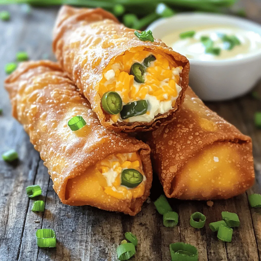 To make crispy jalapeno popper egg rolls, you need some key ingredients. Here’s what you’ll need: - 8 oz cream cheese, softened - 1 cup shredded sharp cheddar cheese - 1/2 cup jalapeños, diced (fresh or pickled) - 1/4 cup green onions, chopped - 1 teaspoon garlic powder - 1/2 teaspoon onion powder - Salt and pepper to taste - 10-12 egg roll wrappers - Vegetable oil for frying These ingredients create a creamy filling with a nice kick from the jalapeños. The egg roll wrappers give it that crunchy texture we all love. You can easily swap some ingredients for different flavors. Here are a few ideas: - Use low-fat cream cheese for a lighter option. - Try pepper jack cheese for extra spice. - If you dislike green onions, skip them or use chives. - For a twist, add cooked bacon bits to the filling. These substitutes can change the flavor and keep your dish exciting. Serving your egg rolls with a great dip makes them even better. Here are some suggestions: - Ranch dressing provides a cool contrast. - Spicy mayo adds a nice kick. - Sweet chili sauce gives a sweet touch. - Guacamole offers a rich, smooth dip. Choose any of these sauces to enhance your crispy jalapeno popper egg rolls. For the full recipe, check out the [Full Recipe]. To start, gather your ingredients. You will need cream cheese, cheddar cheese, jalapeños, green onions, garlic powder, onion powder, salt, and pepper. Mix the softened cream cheese and shredded cheddar in a bowl. Stir until creamy and smooth. Next, add the diced jalapeños and chopped green onions. Sprinkle in garlic powder, onion powder, salt, and pepper. Mix well to combine all the flavors. This filling is key for your crispy jalapeno popper egg rolls. Now, take your egg roll wrappers. Lay one on a clean surface, with a corner facing you. Spoon about 2 tablespoons of the jalapeño mixture into the center of the wrapper. Fold the bottom corner over the filling. Then, fold in the side corners. Roll it tightly away from you to form the egg roll. Use a little water to seal the edge. Repeat this process with the rest of the wrappers and filling. Make sure each roll is sealed well to keep the filling inside. Frying is what makes these egg rolls crispy. Heat vegetable oil in a deep skillet or frying pan. Use enough oil to cover the rolls halfway. Once the oil is hot, carefully add the egg rolls in batches. Fry them for 2-3 minutes on each side until they turn golden brown. Remove the rolls from the oil and place them on paper towels to drain excess oil. This step is crucial for that perfect crispy texture. Serve warm with your favorite dipping sauces. Enjoy your crispy jalapeno popper egg rolls! For more detailed steps, check out the Full Recipe. To get that perfect crunch, oil temperature is key. Heat your oil until it reaches 350°F (175°C). If the oil is too cool, the egg rolls will soak up the oil and turn soggy. Fry only a few at a time to keep the oil hot. This gives a crispy outside while keeping the inside creamy. One big mistake is overfilling the egg rolls. Too much filling makes them hard to seal. If your rolls break open while frying, you lose all that goodness inside. Also, don't rush the frying process. Let them cook until golden brown. This ensures a nice crunch. Don’t be shy with spices! Besides garlic and onion powder, you can add smoked paprika for a smoky touch. A pinch of cayenne pepper kicks up the heat. If you love herbs, try adding fresh cilantro or parsley to the filling. This can brighten the flavors and make your egg rolls stand out. For the full recipe, check out the detailed steps to make these snacks delicious. {{image_2}} If you want a meat-free version, you can easily adapt this recipe. Skip the meat and focus on the cheese and jalapeños. You can add more veggies like corn, black beans, or bell peppers. These will add color and flavor. A mix of cream cheese and cheddar still works great. Try using a vegan cream cheese for a plant-based twist. While I love the classic sharp cheddar, you can mix it up. Cream cheese blends well with many types of cheese. Try pepper jack for a spicy kick. Mozzarella gives a nice stretch. For a rich flavor, use gouda or fontina. Each cheese adds a unique taste to your egg rolls. Want more heat? Add extra jalapeños or use spicy pickled ones. You can also mix in diced serrano or habanero peppers. For a smoky flavor, add some chipotle in adobo sauce. Another fun idea is to sprinkle some crushed red pepper flakes into the mix. Each option brings a new layer of spice to your egg rolls. For the full recipe, check out the Crispy Jalapeno Popper Egg Rolls section. To keep your crispy jalapeno popper egg rolls fresh, store them in an airtight container. Let them cool first. This helps prevent sogginess. Place a paper towel at the bottom of the container to absorb moisture. Store them in the fridge for up to three days. When you're ready to eat, reheating is key. The oven works best for crispiness. Preheat your oven to 375°F. Place the egg rolls on a baking sheet. Heat them for about 10-12 minutes, flipping halfway through. This method keeps them crispy. You can also use an air fryer for 5-7 minutes at 350°F. If you want to save some for later, freezing is a great option. Place uncooked egg rolls on a baking sheet in a single layer. Freeze them for about an hour until firm. Then, transfer them to a freezer bag. They can last up to three months. When ready to cook, fry them straight from the freezer. Just add a minute or two to the cooking time. For the full recipe, check out the section earlier. You can prepare the filling and roll the egg rolls a day before. Keep them in the fridge. This helps the flavors meld together. When you’re ready, just fry them until crispy. If you freeze them, fry straight from the freezer. This takes a little longer but still gives you great results. Yes, you can bake these egg rolls! Preheat your oven to 425°F. Place the rolled egg rolls on a baking sheet. Spray them lightly with cooking spray. Bake for 15-20 minutes until they get golden. This method is healthier but may not give you the same crunch as frying. Many people love ranch for dipping. It adds a creamy, tangy flavor. Spicy mayo is another great choice; it adds a nice kick. You can also try sweet chili sauce for a sweet and spicy mix. These sauces elevate the taste of your crispy jalapeno popper egg rolls. For the full recipe, check out the detailed instructions provided earlier. In this post, we discussed how to make crispy jalapeno popper egg rolls. We covered essential ingredients and tasty substitutes. I shared step-by-step instructions, tips for texture, and common mistakes to avoid. You learned about variations, storage tips, and answers to your FAQs. These egg rolls are fun to make and will impress everyone. Enjoy experimenting with flavors and dips to personalize your snack!