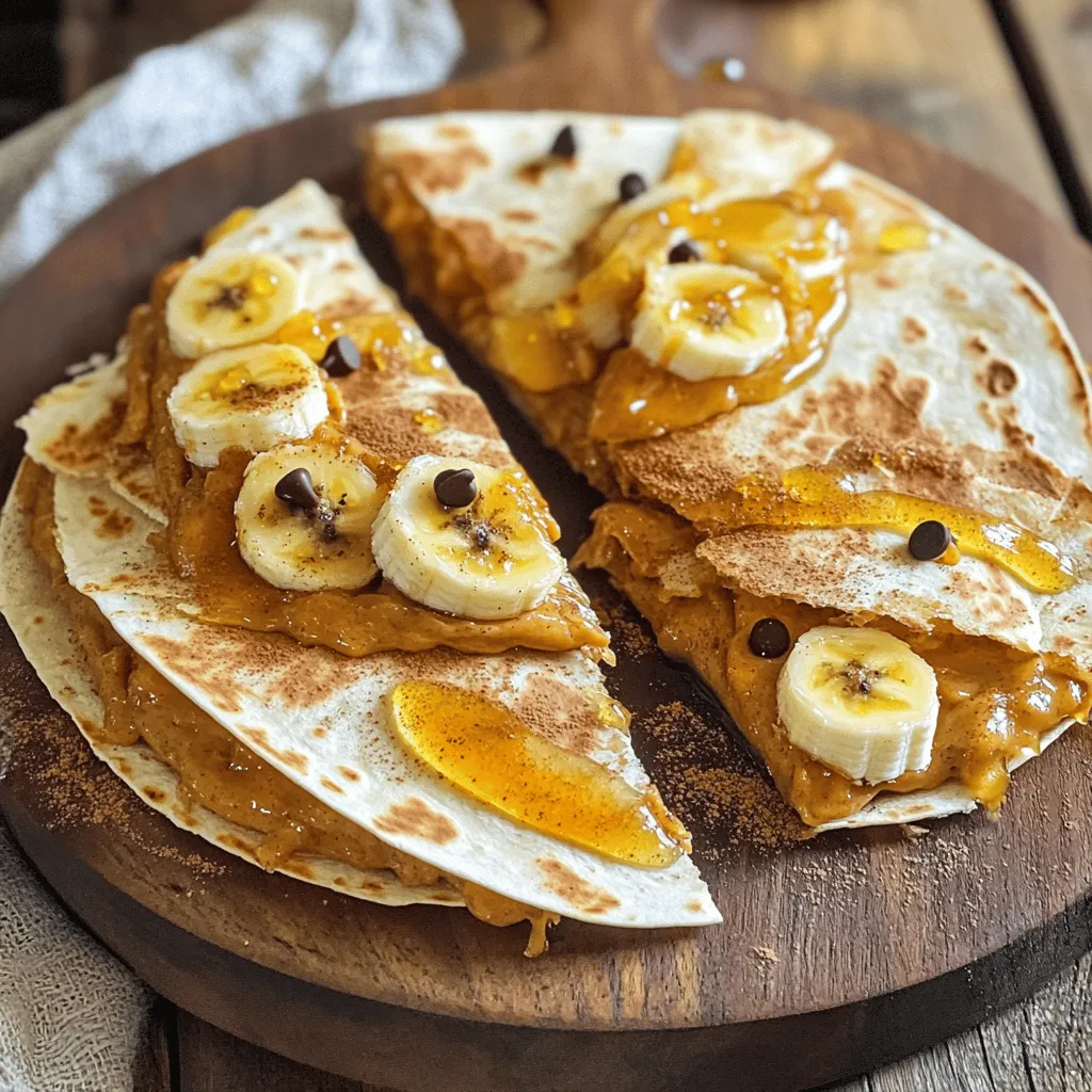 To make a delicious peanut butter quesadilla, you will need these simple ingredients: - 2 large flour tortillas - 1/2 cup creamy peanut butter - 1 medium banana, sliced - 1/4 cup honey - 1/4 cup mini chocolate chips - 1 tablespoon coconut oil (for frying) - A pinch of cinnamon (optional) These items are easy to find. The peanut butter gives a rich taste, while the banana adds natural sweetness. Honey brings extra flavor, and chocolate chips make it fun. You can use any brand of peanut butter, but creamy works best for spreading. If you want a twist, try adding cinnamon for a warm hint. Now that you have the ingredients ready, you're all set to enjoy this tasty treat! For the full recipe, check the details below. - Heat coconut oil in a non-stick skillet. - Spread peanut butter on tortillas. - Arrange banana slices and drizzle honey. Start by heating the coconut oil in your skillet. Use medium heat and let it melt. This oil will help your quesadilla get a nice, crispy texture. Next, take your flour tortillas. Spread a generous layer of creamy peanut butter on one side of each tortilla. This makes the quesadilla rich and tasty. After that, place banana slices on top of the peanut butter. The bananas add a sweet, fruity flavor. Finally, drizzle some honey over the banana slices. You can also sprinkle mini chocolate chips for added sweetness. - Combine tortillas to form the quesadilla. - Cook in skillet until golden brown. - Flip and cook the other side. Now, take the second tortilla and place it peanut butter side down on top of the first one. This creates the quesadilla. Carefully put it in the hot skillet. Cook it for about 3 to 4 minutes. You want the bottom to turn golden brown and crispy. When it's ready, flip the quesadilla with a spatula. Cook the other side for another 3 to 4 minutes until it also turns golden. - Slice into wedges. - Serve warm for best taste. Once both sides are cooked, remove the quesadilla from the skillet. Let it cool for a minute. Then, slice it into wedges for easy eating. Serve warm for the best taste. Enjoy your delicious peanut butter quesadilla! For the full recipe, check out the details provided earlier. To make the best peanut butter quesadilla, start with ripe bananas. They add more sweetness and flavor. Adjust your cooking time based on how crispy you want your quesadilla. A few extra minutes can make a big difference. You can get creative with toppings. Try adding chopped nuts like almonds or walnuts for crunch. Berries also make a great addition. If you need extra protein, consider mixing in protein powder or serving with yogurt. Both will boost nutrition and taste. A common mistake is overfilling the quesadilla. This can lead to messy cooking and overflowing filling. Make sure to spread the filling evenly. Also, keep an eye on the heat. Cooking at a steady temperature helps ensure even cooking. This will give you that perfect crispy texture. {{image_2}} You can make your peanut butter quesadilla fun and unique with a few easy tweaks. Here are some ideas to get you started. - Add Nutella for a chocolate twist: Spread Nutella on one side of the tortilla with peanut butter. This mix creates a dreamy dessert that kids love. - Include strawberries for a fruity flavor: Top your quesadilla with fresh strawberry slices. This adds a fresh taste and bright color. - Incorporate cheese for a savory dessert: Try adding a slice of cream cheese inside. It gives a nice, creamy texture that pairs well with peanut butter. - Experiment with spices like cayenne for a kick: If you like heat, sprinkle a bit of cayenne pepper on the peanut butter. This spicy twist is sure to surprise your taste buds. - Use gluten-free tortillas: If you are gluten-free, swap regular tortillas for gluten-free ones. This keeps the quesadilla tasty for everyone. - Choose natural sweeteners for healthier options: Replace honey with maple syrup or agave nectar. This small change can make your dish a bit healthier while still being sweet. Feel free to mix and match these ideas! Each variation can create a new favorite in your home. For the full recipe, check out the details above. To store leftovers, place the quesadilla in the fridge. Use an airtight container to keep it fresh. I recommend wrapping it in plastic wrap before placing it in the container. This keeps the quesadilla from drying out and helps it maintain its taste. You can freeze the quesadilla for longer storage. Wrap each quesadilla in plastic wrap, then place it in a freezer bag. Make sure to press out any air to prevent freezer burn. When you are ready to eat, thaw it in the fridge overnight. To reheat, place it in a skillet over medium heat. Cook for about 5 minutes on each side until warm and crispy. The peanut butter quesadilla is best enjoyed fresh. When stored, the tortillas can become soft and lose their crispness. The bananas may brown and the flavors can fade a bit. Enjoy it right after cooking for the best taste and texture. If you must store it, know that the flavors change but it will still be delicious! Yes, you can use almond butter! The taste will be nuttier and less sweet. Almond butter has a smoother texture, which can change how the quesadilla feels. It is also a bit lower in protein than peanut butter. If you like almond flavor, it’s a great choice! Making a peanut butter quesadilla is quick! Prep time takes about 5 minutes. Cooking time is around 6 to 8 minutes. So, you can have this tasty treat ready in just 15 minutes. It’s perfect for a quick snack or a fun meal! Toppings can make your quesadilla even better! Here are some sweet ideas: - Sliced strawberries - Chopped nuts - Drizzled maple syrup For savory toppings, try: - Cream cheese - Sliced jalapeños - Crumbled feta cheese You can also mix and match! Try bananas with chocolate chips and a sprinkle of sea salt for a sweet and salty bite. The options are endless! For the full recipe, check out the details above. You’ve learned how to make a tasty peanut butter quesadilla. Use simple ingredients like tortillas, peanut butter, and bananas. Follow our steps to prepare and cook it perfectly. Remember to experiment with different flavors and toppings. These tips and tricks will help you avoid common mistakes. Enjoy this treat fresh, but you can store leftovers, too. Try variations that fit your taste. Now go ahead and make your own delicious quesadilla!