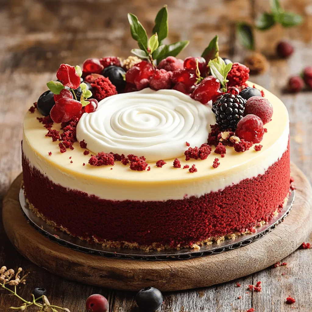 - 1 ½ cups all-purpose flour - 1 cup granulated sugar - 1 teaspoon baking soda - 1 teaspoon cocoa powder - ½ teaspoon salt - 1 cup vegetable oil - 1 cup buttermilk, room temperature - 2 large eggs, room temperature - 2 tablespoons red food coloring - 1 teaspoon vanilla extract - 1 teaspoon white vinegar - 16 oz (2 packages) cream cheese, softened - ½ cup granulated sugar - 1 teaspoon vanilla extract - 2 large eggs, room temperature - ¼ cup sour cream - ¼ cup heavy cream - 8 oz cream cheese, softened - ½ cup unsalted butter, softened - 4 cups powdered sugar - 2 teaspoons vanilla extract - 1 tablespoon milk (if needed for consistency) Gather these ingredients before you start. This will help you keep things organized. Make sure your cream cheese is soft for the best texture in the cheesecake. Use room temperature eggs and buttermilk for the cake. This will help them blend well. You can find the full recipe at the end of this section. Enjoy the process, and let your creativity shine! First, you need to preheat your oven to 350°F (175°C). This step is key for even baking. Next, take a 9-inch springform pan. Grease it well and line the bottom with parchment paper. This will help you remove the cheesecake easily later. In a large bowl, combine the dry ingredients. Whisk together 1 ½ cups of flour, 1 cup of sugar, 1 teaspoon of baking soda, 1 teaspoon of cocoa powder, and ½ teaspoon of salt. In another bowl, mix 1 cup of vegetable oil, 1 cup of buttermilk, 2 large eggs, 2 tablespoons of red food coloring, 1 teaspoon of vanilla extract, and 1 teaspoon of white vinegar. Stir until smooth. Gradually blend the dry mix with the wet mix. Pour this vibrant batter into your prepared springform pan. Bake the cake for 25 to 30 minutes. Use a toothpick to check if it comes out clean. If it does, your cake is done. Let it cool in the pan for 10 minutes. After that, remove it from the pan and allow it to cool completely on a wire rack. For the cheesecake layer, beat 16 ounces of softened cream cheese in a large bowl with ½ cup of sugar. Mix until it’s fluffy and smooth. Add 1 teaspoon of vanilla extract, ¼ cup of sour cream, and ¼ cup of heavy cream. Blend until smooth. Now, add 2 large eggs one at a time, mixing gently after each. This step helps avoid overmixing, which can make the cheesecake tough. Once your red velvet cake has cooled, place it back into the springform pan. Pour the cheesecake mixture evenly over the top. Bake this layered delight for 50 to 60 minutes. The edges should be set, while the center has a slight jiggle. Turn off the oven and let the cheesecake cool inside for 1 hour. This prevents cracks from forming. Refrigerate the cheesecake for at least 4 hours or overnight. This chilling allows it to set completely. While it cools, you can make the cream cheese frosting. Beat 8 ounces of softened cream cheese with ½ cup of unsalted butter until smooth. Gradually add 4 cups of powdered sugar. Mix until combined. Add 2 teaspoons of vanilla extract. If it’s thick, add a tablespoon of milk to reach your desired consistency. Once chilled, remove the cheesecake from the springform pan and frost it with your cream cheese frosting. For a nice touch, you can add red velvet cake crumbs or fresh berries on top. For the full recipe, check out the Ultimate Red Velvet Cake Cheesecake . To make your red velvet cake pop, use gel food coloring. Gel colors give a rich hue without adding too much liquid. Start with two tablespoons. Mix it into your wet ingredients until you see a vibrant red. If it looks dull, add a touch more. The key is to get that bright, deep red without ruining the batter's texture. Cracks are a common issue with cheesecakes. To avoid this, do not overmix your batter. Mix until just combined. Another tip is to bake slowly. Use a water bath to keep the moisture in. When your cheesecake is done, turn off the oven. Let it cool in there for an hour with the door slightly open. This gentle cooling helps prevent cracks. For a smooth and creamy frosting, choose full-fat cream cheese. It makes a huge difference in texture. Make sure it's softened before mixing. This helps it blend easily with butter and sugar. If you want extra flavor, try using a flavored cream cheese. It can add a fun twist to your frosting. {{image_2}} You can add unique flavors to your cheesecake. One easy way is to mix in some chocolate. Just add a half cup of melted chocolate to the cheesecake batter. You can also try different extracts. Instead of vanilla, use almond or peppermint for a twist. If you're feeling fruity, add a cup of crushed berries or lemon zest. Each choice gives your cheesecake a new taste. Presentation is key for any dessert. You can dress up your cheesecake with fun toppings. Try adding fresh berries on top for a pop of color. Whipped cream also makes it look fancy. You might sprinkle some crushed cookies or chocolate shavings for added texture. For a special touch, drizzle caramel or chocolate sauce over the top. These options make your cheesecake as tasty as it is pretty. Making a gluten-free red velvet cheesecake is simple. Instead of all-purpose flour, you can use almond flour or a gluten-free blend. Just make sure the blend is suitable for baking. Follow the same steps in the recipe for a delicious gluten-free treat. This way, everyone can enjoy a slice of your cheesecake. Check the labels on your other ingredients, too, to keep everything gluten-free. For complete details and instructions, check out the Full Recipe. To keep your cheesecake fresh, cover it tightly. Use plastic wrap or a lid. Store it in the fridge, where it can last up to five days. If you cut slices, place parchment paper between them. This way, they don’t stick together. You can freeze the cheesecake for longer storage. First, let it cool completely. Then, wrap it well in plastic wrap. After that, place it in an airtight container or a freezer bag. It can last up to three months in the freezer. Remember to label the container with the date. To thaw your frozen cheesecake, move it to the fridge. Let it sit for about 6-8 hours or overnight. This keeps it from getting too soft. If you need it faster, you can leave it at room temperature for about 2 hours. Avoid microwaving, as this can change its texture. For the full recipe, check the Ultimate Red Velvet Cake Cheesecake. To cut cheesecake, chill it well. Use a hot knife for clean slices. Dip your knife in hot water, wipe it off, and slice. Repeat for each cut. This helps create neat pieces. Yes, you can use beet juice or pomegranate juice. These add color and flavor. Keep in mind, the shade might be different from red food coloring. Red velvet cheesecake lasts about 5 to 7 days in the fridge. Store it in an airtight container. This keeps it fresh and tasty. Absolutely! You can make it a day or two ahead of your event. Just chill it well. This gives flavors time to blend and improves the taste. If your cheesecake cracks, don’t worry! You can cover it with frosting. Use cream cheese frosting for a nice touch. A sprinkle of crushed cake crumbs can also hide cracks well. You now have a tasty recipe for red velvet cheesecake. We covered the layers, from the rich cake to the creamy frosting. I shared tips to get the color just right and avoid cracks. You can even try fun flavors and toppings to make it your own. Store your leftovers safely, and remember to thaw them correctly. Making this cheesecake ahead of time can save you stress. Enjoy every slice!
