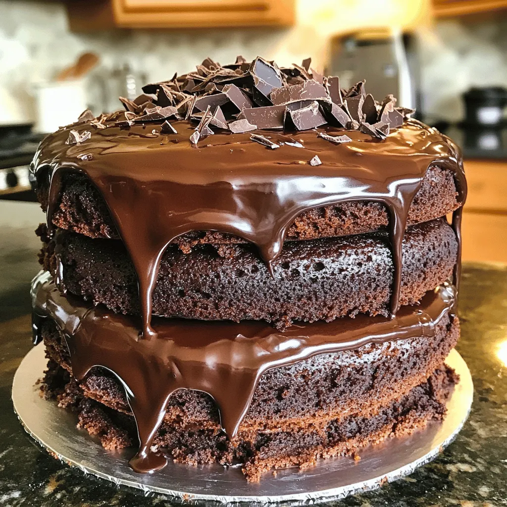 To make this rich Death by Chocolate Cake, gather these key ingredients: - 1 ¾ cups all-purpose flour - 1 ¾ cups granulated sugar - ¾ cup unsweetened cocoa powder - 1 ½ teaspoons baking powder - 1 ½ teaspoons baking soda - 1 teaspoon salt - 2 large eggs - 1 cup whole milk - ½ cup vegetable oil - 2 teaspoons vanilla extract - 1 cup boiling water - 1 cup semi-sweet chocolate chips - ½ cup heavy whipping cream (for ganache) - 1 cup dark chocolate (finely chopped, for ganache) These ingredients blend together to create a moist and decadent cake, perfect for chocolate lovers. Gather these tools for easy baking: - Two 9-inch round cake pans - Mixing bowls - Electric mixer - Whisk - Rubber spatula - Measuring cups and spoons - Saucepan for ganache - Cooling rack - Serving plate Having the right tools will make your baking fun and smooth! To make your cake shine, consider these delicious toppings: - Chocolate shavings - Chocolate curls - Fresh berries - Whipped cream - Ice cream These toppings add flair and flavor, making your Death by Chocolate Cake even more special. For the full recipe, refer to the details above. Enjoy your baking journey! To start, preheat your oven to 350°F (175°C). Grease and flour two 9-inch round cake pans to keep the cakes from sticking. In a large bowl, mix together the dry ingredients. Combine 1 ¾ cups of all-purpose flour, 1 ¾ cups of granulated sugar, ¾ cup of unsweetened cocoa powder, 1 ½ teaspoons of baking powder, 1 ½ teaspoons of baking soda, and 1 teaspoon of salt. Whisk until everything is well blended. Next, add 2 large eggs, 1 cup of whole milk, ½ cup of vegetable oil, and 2 teaspoons of vanilla extract to the bowl. Beat the mixture with an electric mixer on medium speed for 2 minutes. The batter should be smooth and creamy. Now, stir in 1 cup of boiling water. The batter will be thin, and that's perfect! Finally, fold in 1 cup of semi-sweet chocolate chips gently, so they don’t break apart. Now, pour the batter evenly into the prepared cake pans. Bake in your preheated oven for 30-35 minutes. Check if the cakes are done by inserting a toothpick in the center. If it comes out clean, they are ready! Let the cakes cool in the pans for 10 minutes. After that, carefully remove them from the pans and place them on a wire rack to cool completely. While the cakes cool, let’s make the ganache. In a saucepan, heat ½ cup of heavy whipping cream over medium heat. Watch closely until it just begins to simmer. Once it does, remove it from the heat. Add 1 cup of finely chopped dark chocolate to the cream. Stir until the mixture is smooth and shiny. Let the ganache cool slightly before using it. Now, you can assemble your Death by Chocolate Cake using the ganache and the cooled cake layers. For the full recipe, follow the steps for a decadent treat that will impress everyone! To get a soft and moist cake, mix the batter well. Make sure the dry ingredients blend fully with the wet ones. The thin batter helps create that rich texture. Also, don’t skip the boiling water; it activates the cocoa and helps the cake rise. Bake the cake until a toothpick comes out clean. This ensures it's not overcooked. If you have extra cake, store it properly. Wrap slices in plastic wrap to keep them fresh. You can also place the cake in an airtight container. Store it in the fridge for up to five days. For longer storage, freeze the slices. Just remember to wrap them well to prevent freezer burn. Making ganache is simple, but timing matters. Heat the cream until it simmers, but do not boil it. Stir in the chocolate until it melts completely. Let it cool a bit before pouring it on the cake. This way, it will not run off too quickly. If it gets too thick, warm it slightly to regain a smooth texture. For the full recipe, check out the detailed steps above. {{image_2}} You can change the frosting to make your cake unique. Try cream cheese frosting for a tangy taste. Use buttercream for a rich, sweet finish. A chocolate ganache is a great option if you want more chocolate flavor. For a lighter touch, consider whipped cream. Each frosting adds its own twist to the cake. You can add flavors to the cake for a special touch. A splash of coffee brings out the chocolate. You can also add orange zest for a fresh taste. Mint extract adds a cool flavor that pairs well with chocolate. Experiment to find your favorite flavor combo. You can make this cake gluten-free easily! Just swap the all-purpose flour for a gluten-free blend. For a dairy-free version, replace the milk with almond or oat milk. Use dairy-free chocolate chips and coconut cream for the ganache. These swaps keep the cake delicious and accessible for everyone. For the full recipe, check out the complete instructions. Store your unfrosted cake in an airtight container. Keep it at room temperature. It stays fresh for up to three days. If you want it to last longer, refrigerate it for up to a week. Make sure to let it cool completely before storing. For frosted cake, use a cake dome or cover it with plastic wrap. This keeps the frosting from drying out. Store it in the fridge if you use cream cheese or whipped cream frosting. It will last about five days in the fridge. If you use ganache, it can stay at room temperature for two to three days. You can freeze both unfrosted and frosted cake. Wrap the cake tightly in plastic wrap, then place it in a freezer bag. This helps prevent freezer burn. An unfrosted cake can stay frozen for up to three months. A frosted cake can last about two months in the freezer. To thaw, place it in the fridge overnight before serving. For the full recipe, check the earlier section. This cake earns its name from rich chocolate flavor. It uses cocoa powder and chocolate chips, creating deep, dark, and intense chocolate taste. Each bite feels like a chocolate explosion. The ganache on top adds even more chocolate goodness. The cake is so rich and decadent that it feels like a special treat. You can use cocoa powder, but it won’t be the same. Cocoa powder adds chocolate flavor, but chocolate chips give a creamy texture. If you skip chocolate chips, consider adding more cocoa powder to the batter. You can also melt the chocolate and mix it in for added richness. You can bake the cake a day ahead. Just cool it completely and wrap it tightly. Keep it in the fridge for best results. You can also make the ganache ahead of time. Simply store it in the fridge, then reheat it gently before using. This way, you save time on the day of serving. For the full recipe, check out the detailed instructions above. You learned about making a rich Death by Chocolate Cake, from ingredients to storage. Remember, the right tools and tips can change your baking game. Don’t forget to try fun variations and toppings. This cake is all about sweet joy! Bake with love, and enjoy every bite. Now, you are ready to impress with your cake skills. Start baking, and make your kitchen smell amazing!
