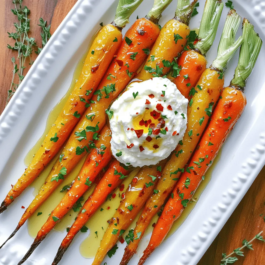 - 1 pound of medium-sized carrots, peeled and cut into sticks - 2 tablespoons olive oil - Salt and pepper to taste - 1 cup ricotta cheese - 1 tablespoon honey - 1 teaspoon lemon juice - 1/2 teaspoon red pepper flakes (adjust for spice preference) - Fresh herbs for garnish (such as parsley or thyme) To make hot honey, mix honey with red pepper flakes. This adds a nice kick. You can also use optional ingredients like garlic or herbs for extra flavor. For the full recipe, check out Roasted Carrots with Whipped Ricotta and Hot Honey. Enjoy this dish! To start, you need to peel and cut the carrots. First, wash the carrots under cold water. Use a vegetable peeler to remove the outer skin. After peeling, cut the carrots into sticks. Aim for uniform sizes. This helps them cook evenly. Next, it’s time to season the carrots. Place the carrot sticks in a large bowl. Drizzle with olive oil, then add salt and pepper. Toss everything together. Make sure each carrot stick is coated well. A good seasoning enhances the natural sweetness of the carrots. Set your oven to 425°F (220°C). This high temperature will help caramelize the carrots. Spread the seasoned carrot sticks on a baking sheet in a single layer. This is key to getting that nice roast. Roast the carrots for 25-30 minutes. Halfway through, take them out and turn them. This ensures even cooking. Check for doneness by piercing a carrot stick with a fork. It should feel tender but not mushy. For the whipped ricotta, you’ll need a medium bowl and a mixer. Add ricotta cheese, honey, lemon juice, and a pinch of salt to the bowl. Use a hand mixer or whisk to mix. Blend until it’s smooth and creamy. This step makes the ricotta light and airy, perfect to pair with the carrots. For the full recipe, check out the details above. Enjoy the process and savor the flavors! To balance the sweetness of honey and ricotta, use fresh lemon juice. This adds brightness and cuts the creaminess. Mix honey into the ricotta slowly. Taste as you go to find the right sweetness for you. For spice, red pepper flakes work well. Start with half a teaspoon, and add more if you like heat. This small step adds depth to the dish. When serving, think about how to make your dish pop. Use a white plate to highlight the colors of the carrots and ricotta. You can place a big dollop of whipped ricotta in the center. Arrange roasted carrots around it like a sunburst. For garnish, use fresh herbs like parsley or thyme. This adds a lovely green touch and fresh aroma. Roasting gives carrots a sweet, caramelized flavor. However, you can also steam them for a softer texture. If you want a smoky twist, try grilling the carrots. Brush them with olive oil and grill on high heat until soft. This adds a nice char and different flavor to your dish. Each method gives you a unique taste experience. For a full recipe, check out the detailed instructions I provided. {{image_2}} You can switch up the carrots with seasonal veggies. Try using parsnips or beets in the fall. Both add unique flavors and colors. In the spring, consider asparagus or radishes for a fresh twist. For the whipped mixture, you can use different cheeses. Goat cheese gives a tangy kick. Cream cheese adds a rich creaminess. Each cheese brings its own flavor and texture. Want to change the flavor? Use spices like cumin or coriander for a warm taste. If you prefer a kick, try smoked paprika. This adds depth and smokiness to the dish. Adding nuts can make your dish crunchier. Walnuts or pistachios work well. They also add a nice contrast to the soft carrots and creamy ricotta. Looking for vegan options? Use cashew cream instead of ricotta. Blend soaked cashews with lemon juice for a creamy texture. For sweetening, agave syrup can replace honey without losing flavor. If you need gluten-free options, this recipe is naturally gluten-free. Just ensure any added ingredients, like nuts or spices, are also gluten-free. This way, everyone can enjoy your delicious dish. For the full recipe, check the earlier section. To keep your roasted carrots fresh, store them in the fridge. Use an airtight container for best results. This helps prevent moisture loss and keeps flavors intact. Roasted carrots stay good for about 3 to 5 days. If you want to keep them longer, consider freezing. When reheating, aim to keep the texture. Use the oven or a skillet to warm them. Preheat your oven to 350°F (175°C). Place the carrots on a baking sheet and heat for about 10 minutes. If you like them cold, serve them straight from the fridge. They still taste great! Can you freeze roasted carrots? Yes, you can! They freeze well. Spread them on a baking sheet and freeze until solid. Then, transfer them to a freezer bag. When you're ready to use them, thaw overnight in the fridge. You can also cook them directly from frozen, but they may need extra time to warm through. Roast your carrots for 25-30 minutes at 425°F (220°C). This time ensures they become tender and sweet. Check for doneness by piercing them with a fork. If it slides in easily, they are ready. For even cooking, turn the carrots halfway through roasting. Yes, you can use baby carrots. They need less time to cook, about 20-25 minutes. Cut them in half if they are thick. This helps them roast evenly. Keep an eye on them as they cook to avoid overcooking. You can mix regular honey with chili flakes for a similar taste. Another option is to use maple syrup with a dash of hot sauce. This gives you sweetness and heat. Adjust to your taste for the best mix. Roasting carrots with whipped ricotta brings delight to your table. We covered key ingredients, preparation, and tips for perfect flavor. You learned how to enhance your dish with seasonal variations and dietary modifications. Don’t forget about storing leftovers and reheating them correctly. Experiment with different flavors and enjoy your cooking journey. Your dish can shine bright, impressing friends and family. I hope you find joy and satisfaction in every bite. Happy cooking!