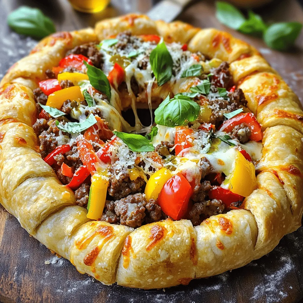 To make The Pizza Burger Pie, you need some key ingredients. These build the tasty layers and flavors. Here’s what you need: - 1 lb ground beef - 1 lb Italian sausage, casings removed - 1 cup pizza sauce - 2 cups shredded mozzarella cheese - 1/2 cup grated Parmesan cheese - 1 small onion, finely chopped - 1 bell pepper, diced - 1 teaspoon garlic powder - 1 teaspoon Italian seasoning - 1 pound pizza dough (store-bought or homemade) - Olive oil for drizzling - Salt and pepper to taste These ingredients create a hearty and flavorful pie. The ground beef and sausage give it a meaty base, while the cheeses add creaminess. Don’t forget the pizza sauce for that classic taste! You can customize The Pizza Burger Pie with some extra touches. Here are some great options: - Fresh basil leaves for garnish (optional) - Extra pizza sauce for dipping - Sliced olives or jalapeños for spice - Sliced mushrooms for an earthy flavor Feel free to mix and match these garnishes to suit your taste. They add color and extra flavor to your dish! To make this pie, you’ll need a few key tools. Here’s what you should gather: - A large skillet for cooking the meat - A 9-inch pie dish or deep oven-safe skillet - A rolling pin for the dough - A cutting board and knife for chopping Having these tools ready will make your cooking process smooth and quick. Plus, it helps you create a perfect Pizza Burger Pie every time! For the complete recipe, check the [Full Recipe]. Start by heating a large skillet over medium heat. Add 1 pound of ground beef and 1 pound of Italian sausage. Cook until both meats are browned. Use a spatula to break them apart as they cook. Once cooked, pour off any extra fat. Next, add 1 small onion, finely chopped, and 1 diced bell pepper to the skillet. Season with 1 teaspoon of garlic powder and 1 teaspoon of Italian seasoning. Sprinkle salt and pepper to taste. Cook this mixture for about 5 minutes until the veggies soften. This step adds great flavor to the meat. Now, stir in 1 cup of pizza sauce. Mix it well with the meat and veggies. Once combined, take the skillet off the heat. Your meat mixture is now ready! Roll out 1 pound of pizza dough on a floured surface. You want it to be big enough to fit a 9-inch pie dish. Place half of the dough into the pie dish, pressing it into the bottom and up the sides. Now, add half of the 2 cups of shredded mozzarella cheese on top of the dough. Spoon the meat mixture over this layer. Then, sprinkle 1/2 cup of grated Parmesan cheese on top. Finish with the remaining mozzarella cheese. Cover the filling with the rest of the pizza dough. Make sure to seal the edges well. Use a knife to cut a few slits in the top. This helps steam escape while baking. Preheat your oven to 400°F (200°C). Drizzle a bit of olive oil over the top crust. A pinch of salt adds flavor. Bake your pizza burger pie for 25-30 minutes. It should turn golden brown, and the cheese will be bubbly. Once done, let it cool for about 10 minutes. This makes it easier to slice. Serve warm, and don’t forget to check out the [Full Recipe] for more details! To make the best dough, start with the right ingredients. Use high-quality flour. A mix of all-purpose and bread flour gives great texture. Knead the dough for about 10 minutes. This builds gluten and makes the dough strong. Let it rise in a warm place until it doubles in size. This usually takes one hour. For a golden crust, brush the top with olive oil before baking. It adds flavor and color. Layer flavors for the best taste. Cook the meat mixture until it’s browned, not just cooked. This adds depth. Use fresh vegetables like onion and bell pepper. They add sweetness and crunch. Add garlic powder and Italian seasoning for that classic pizza flavor. Mix everything well with pizza sauce. Taste and adjust seasoning as needed. More salt or pepper can make a big difference. Serve your Pizza Burger Pie warm for the best experience. Cut it into wedges for easy sharing. Garnish with fresh basil leaves for color and aroma. A side of extra pizza sauce makes a great dip. You can also pair it with a fresh green salad. This adds a nice crunch and balances the meal. For a fun twist, serve it with garlic bread or cheesy breadsticks. Enjoy this tasty pie with friends and family! {{image_2}} You can easily make a vegetarian version of The Pizza Burger Pie. Simply swap out the meat for some hearty vegetables. I love using mushrooms, zucchini, and spinach. These ingredients add great taste and texture. You can also use plant-based sausage or ground meat alternatives. This keeps the same flavor profile while being meat-free. Add some extra cheese to enhance the richness. The Pizza Burger Pie is versatile when it comes to meat. You can mix and match different meats for unique flavors. Try using ground turkey or chicken for a lighter option. You can even add pepperoni or diced ham for a fun twist. Mixing beef with Italian sausage creates a rich, savory taste that everyone loves. Just remember to balance the flavors, so one meat does not overpower the others. Cheese is key to making The Pizza Burger Pie taste amazing. While mozzarella is a classic choice, you can experiment with other cheeses too. Try using provolone for a sharp kick, or gouda for a smoky flavor. Mixing in some feta or goat cheese can add a creamy, tangy touch. The right cheese can elevate your dish and make it even more special. Don’t be afraid to get creative with your cheese choices! To store leftover pizza burger pie, first let it cool. Once cool, slice it into pieces. Place the slices in an airtight container. You can keep it in the fridge for up to three days. If you want it to last longer, consider freezing it instead. When you're ready to eat leftovers, the oven works best for reheating. Preheat the oven to 350°F (175°C). Place the slices on a baking sheet. Cover them with foil to keep them moist. Heat for about 15-20 minutes until warm. If you want a crispier crust, remove the foil in the last few minutes. You can also use a microwave, but the crust might not be as crispy. If you want to freeze the pizza burger pie, wrap the whole pie or slices tightly in plastic wrap. Then, place it in a freezer-safe bag or container. It can last up to three months in the freezer. When you want to eat it, thaw it in the fridge overnight. Reheat as mentioned above. This method keeps the flavors fresh and delicious. The Pizza Burger Pie is a fun dish that combines pizza and burgers. It has layers of meat, cheese, and pizza sauce. This dish uses pizza dough to hold everything together. You bake it until golden and bubbly. The mix of flavors makes it a big hit at any meal. Yes, you can prepare the Pizza Burger Pie ahead of time. After assembling it, wrap it tightly and store it in the fridge. You can bake it later when you're ready to eat. This makes it a great option for busy days or gatherings. Just remember, it may need a few extra minutes in the oven if it's cold. The Pizza Burger Pie pairs well with several side dishes. Here are some great options: - A simple green salad with vinaigrette - Garlic bread for extra flavor - Oven-roasted vegetables for a healthy touch - Potato wedges or fries for a crispy side These sides balance the richness of the pie and add freshness to your meal. The Pizza Burger Pie combines two favorites: pizza and burgers. You learned about key ingredients, optional toppings, and the tools you need. The step-by-step guide made preparation easy, and the tips helped you perfect the crust and flavor. You can even explore vegetarian options and unique cheeses. In the end, this dish is fun and flexible. Enjoy experimenting with different flavors and share your tasty creations!