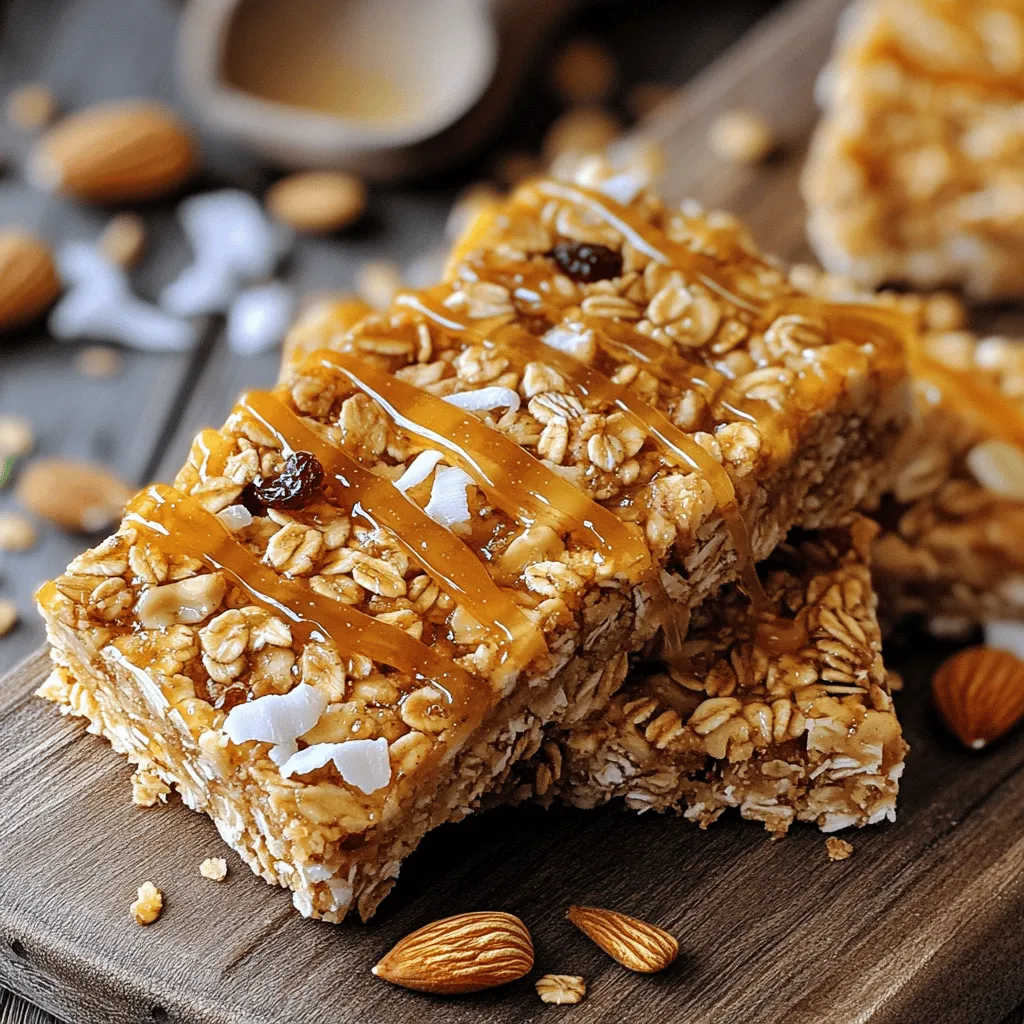 To make your easy homemade granola bars, gather the following ingredients: - 2 cups rolled oats - 1 cup mixed nuts (almonds, walnuts, pecans), roughly chopped - 1/2 cup seeds (pumpkin, sunflower) - 1/2 cup unsweetened coconut flakes - 1/2 cup honey or maple syrup - 1/4 cup almond butter or peanut butter - 1/2 teaspoon vanilla extract - 1/2 teaspoon cinnamon - 1/4 teaspoon salt - 1/2 cup dried fruits (raisins, cranberries, or apricots), chopped These ingredients work together to create a tasty and healthy snack. The rolled oats form the base and give the bars a chewy texture. Mixed nuts add crunch and healthy fats. Seeds provide extra nutrients. Unsweetened coconut flakes give sweetness without added sugar. Honey or maple syrup serves as a natural sweetener. Almond or peanut butter adds richness and helps bind everything. The vanilla extract and cinnamon enhance the flavor. A touch of salt balances the sweetness, while dried fruits add a burst of flavor. For a complete guide on making these delicious bars, check out the Full Recipe. 1. Preheat the oven and prepare the baking pan Start by preheating your oven to 350°F (175°C). While that warms up, grab an 8x8 inch baking pan. Line it with parchment paper. Let the paper hang over the edges. This makes it easy to lift out the bars later. 2. Mix dry ingredients in a large bowl In a big bowl, add 2 cups of rolled oats, 1 cup of roughly chopped mixed nuts, 1/2 cup of seeds, and 1/2 cup of coconut flakes. Don’t forget to sprinkle in 1/2 teaspoon of cinnamon and 1/4 teaspoon of salt. Stir it all well. This mix gives your granola bars texture and flavor. 3. Melt the wet ingredients and combine In a small saucepan, combine 1/2 cup of honey (or maple syrup) and 1/4 cup of almond (or peanut) butter. Heat it on low. Stir until it melts and becomes smooth. Remove it from the heat and add 1/2 teaspoon of vanilla extract. This sweet mixture will bind your bars. 4. Transfer the mixture to the pan Pour your warm honey-nut mixture over the dry ingredients. Mix it all up until everything gets coated. Gently fold in 1/2 cup of chopped dried fruits. Now, transfer this thick mix into your prepared baking pan. Press it down evenly using a spatula. It should be firm. 5. Bake and cool the bars Place the pan in your preheated oven. Bake for about 20-25 minutes. Look for golden brown edges. When done, take it out and let it cool in the pan for 10 minutes. Then, use the parchment paper to lift it out. Cool the bars completely on a wire rack. Once cool, cut into bars or squares. Store these snacks in an airtight container for a tasty treat on the go. For the full recipe, check the ingredients and preparation steps above! To get the perfect texture in your granola bars, you need to follow a few key steps. First, press the mixture firmly into the pan. This helps the bars hold together. If you want chewy bars, bake them for less time. For crunchy bars, bake them until the edges turn golden. Mixing your ingredients is also important. I suggest combining the dry ingredients first. This means oats, nuts, seeds, and coconut. Stir them well before adding the wet mix. When you pour in the honey or maple syrup and nut butter, make sure to coat everything evenly. This ensures each bite has great flavor. If you want to change things up, feel free to swap nuts and seeds. You can use sunflower seeds instead of pumpkin seeds. Try cashews instead of almonds or walnuts. Each nut brings its own taste, making your bars unique. For sweeteners, honey is great, but maple syrup works too. You can use agave syrup for a vegan option. If you like a less sweet bar, reduce the sweetener by a little. Always taste your mixture before baking. Adjust to your preference for the best result. {{image_2}} You can make your granola bars even better with a few fun twists. One great option is to add chocolate chips. Just stir in about half a cup before you press the mixture into the pan. This will give your bars a sweet surprise. You can also use nut butter. Try mixing in almond or peanut butter for a creamier texture and richer taste. Dried fruit is another fun way to change the flavor. You can use raisins or cranberries, but don't stop there! Try apricots, figs, or even goji berries. Each fruit adds its unique taste and texture. By mixing different fruits, your bars will be different every time. If you want vegan options, it's easy! Swap honey for maple syrup. This keeps the sweetness but makes it plant-based. You can also use almond butter or peanut butter, as they are vegan-friendly. For gluten-free granola bars, make sure to choose certified gluten-free oats. Most nuts, seeds, and dried fruits are gluten-free too. You can enjoy these tasty bars without worry. Adjusting for dietary needs does not mean losing flavor. You can enjoy great snacks while sticking to your diet. Make sure to check out the Full Recipe to explore more ideas! To keep your homemade granola bars fresh, use an airtight container. Glass jars or plastic containers work well. Make sure they seal tightly to keep out air. This helps prevent them from getting stale. Your granola bars can last up to one week at room temperature. If you want to keep them longer, consider freezing them. For long-term storage, wrap each bar tightly in plastic wrap. Then, place the wrapped bars in a freezer-safe bag. This protects them from freezer burn. You can freeze the bars for up to three months. When you are ready to eat one, take it out and let it thaw at room temperature. For a quick fix, you can microwave it for 10-15 seconds. Enjoy your snack anytime! Can I skip the nuts? Yes, you can skip the nuts. Use seeds or extra dried fruit instead. This change keeps the bars tasty and crunchy. Just adjust the amount to keep the texture right. How can I make them chewy instead of crunchy? To make chewy bars, add more nut butter or honey. You can also reduce the baking time. This way, they stay soft and are easier to chew. Are these granola bars healthy? Yes, these granola bars are healthy! They contain oats, nuts, and seeds. These ingredients provide fiber, protein, and healthy fats. You can also choose to use less sweetener for a healthier option. For the full recipe, check out the Crunchy Nutty Granola Bars . Making homemade granola bars is simple and fun. We covered the ingredients you'll need, from rolled oats to dried fruits. You learned step-by-step how to mix, bake, and cool your bars. There are also tips for perfect texture and ingredient swaps. Don't forget the variations for flavor and dietary needs! Finally, we discussed the best ways to store your bars. With these easy steps, you can enjoy tasty, healthy snacks anytime. Embrace your creativity and make your granola bars unique. Happy baking!