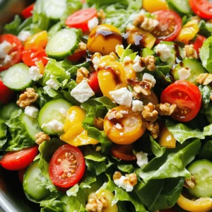 - Spring mix greens: 6 cups - Cherry tomatoes: 1 cup, halved - Cucumber: 1, diced - Red bell pepper: 1/2, sliced - Red onion: 1/4, thinly sliced - Feta cheese: 1/4 cup, crumbled - Walnuts: 1/4 cup, roughly chopped - Balsamic vinegar: 1/4 cup - Honey: 2 tablespoons - Olive oil: 1/4 cup - Salt and pepper to taste When I create a Spring Mix Salad, I focus on fresh, colorful ingredients. The spring mix greens serve as a crunchy base. They bring a pleasant mix of flavors and textures. Cherry tomatoes add sweetness and a pop of color. Diced cucumber keeps things cool and refreshing. I always use red bell pepper for its crispness and vibrant hue. Thinly sliced red onion gives a nice bite without being too strong. Feta cheese is my go-to for creaminess. It adds a tangy flavor that pairs well with the other ingredients. I love adding walnuts for a nutty crunch. They also bring healthy fats to the dish. For the dressing, I mix balsamic vinegar and honey for a sweet and tangy blend. Olive oil rounds out the flavors, making the salad rich and satisfying. I finish with salt and pepper to enhance all the taste. This salad is not just easy to make; it's also a feast for the eyes and palate. For the full recipe, check out the detailed steps in the Spring Fling Salad. 1. First, wash the spring mix greens. Use cold water to rinse them well. 2. After washing, dry the greens. You can spin them in a salad spinner or pat them dry with a clean towel. 3. In a large bowl, combine the spring mix with cherry tomatoes, cucumber, red bell pepper, and red onion. Toss them gently so they mix well. 1. In a small bowl, whisk together the balsamic vinegar and honey. Mix them until they blend together smoothly. 2. While whisking, slowly add the olive oil. Keep whisking to create a smooth dressing. 3. Taste the dressing and add salt and pepper as needed. Make sure it has the right balance of sweet and tangy. 1. Pour the balsamic honey dressing over the salad. Toss gently to coat all the fresh ingredients. 2. Top the salad with crumbled feta cheese and roughly chopped walnuts. These add flavor and texture. 3. Serve the salad immediately for the best freshness. You can also chill it for up to 30 minutes for a cooler taste. For the full recipe, check out the detailed instructions above. Enjoy your vibrant and tasty Spring Mix Salad with Balsamic Honey Dressing! - Use fresh ingredients for the best taste. Fresh greens taste brighter and crisper. - Chill the salad for 30 minutes before serving. Cooling helps the flavors blend well. - Serve in large individual bowls or a platter. This makes the salad look inviting and fun. - Garnish with extra walnuts and whole cherry tomatoes. This adds color and texture on top. - Adjust olive oil for desired thickness. Add more for creaminess or less for a lighter dressing. - Make dressing ahead of time for convenience. This way, you save time when you’re ready to eat. For the full recipe, check out the Spring Fling Salad. {{image_2}} You can make this salad more filling by adding proteins. Grilled chicken or shrimp works great. Just cook them simply with salt and pepper. Slice them up and toss them right into your salad. If you want a different flavor, swap feta cheese for goat cheese. Goat cheese adds a creamy tang that pairs well with the greens. You can switch up the greens for new tastes. Substitute arugula or spinach for the spring mix. Arugula adds a peppery kick, while spinach brings a soft texture. If you want a heartier salad, try kale. Just massage it with a bit of olive oil to soften it before adding other ingredients. Experimenting with dressings can change the whole salad vibe. A lemon vinaigrette adds a bright, zesty flavor. Just mix lemon juice, olive oil, salt, and pepper. For a creamier option, use a yogurt-based dressing. This will give your salad a rich, smooth taste that complements the fresh veggies. For the full recipe, check the details above. To keep your lovely salad fresh, store the salad and dressing separately in the fridge. This helps keep the greens crisp. Use an airtight container for the salad to lock in freshness. Aim to eat your salad within 1-2 days for the best taste. Check all ingredients for spoilage before serving. This way, you can enjoy the salad at its peak flavor. Do not freeze the dressed salad. Freezing changes the texture of the greens. If you make a lot of dressing, store it separately. This keeps it tasty for your next meal. For the full recipe, check out the steps to create this delightful dish! Yes, you can prepare the salad ingredients in advance. Just wait to add the dressing until you are ready to serve. This keeps everything fresh and crisp. If you need a substitute for honey, maple syrup or agave nectar works well. Both will add sweetness and flavor to the dressing. To make this salad vegan, simply omit the feta cheese. You can also choose a plant-based cheese if you like. For extra crunch, add toasted seeds or nuts. Walnuts are great, but you can also use sunflower seeds or almonds. Yes, using store-bought balsamic dressing is a quick option. It can save you time while still tasting good. This blog post shows how to create a fresh, tasty salad. You need bright greens, crisp veggies, and a zesty balsamic honey dressing. Remember to chill it for the best flavor. Experiment with proteins or different greens for variety. Store leftovers properly to keep them fresh. Enjoy making this salad your own, as it can be a delicious, healthy option for any meal.