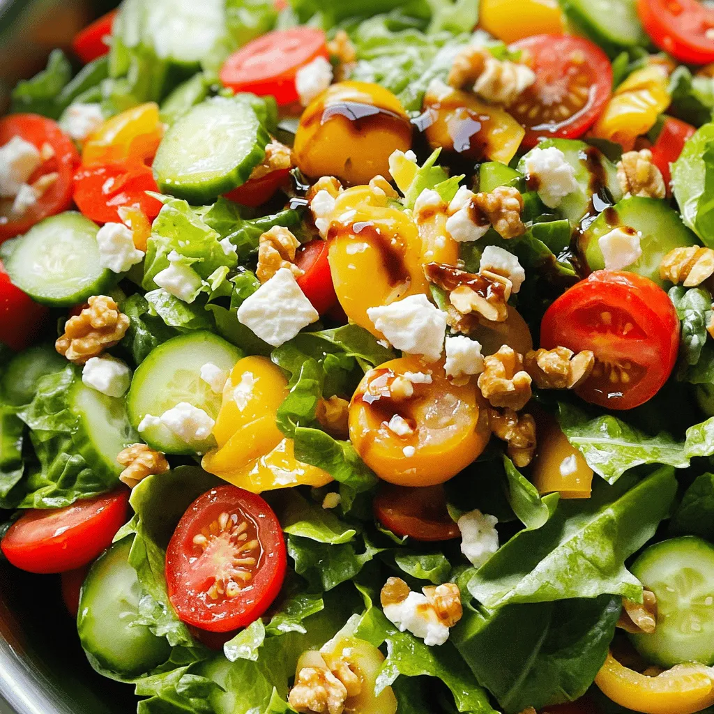 - Spring mix greens: 6 cups - Cherry tomatoes: 1 cup, halved - Cucumber: 1, diced - Red bell pepper: 1/2, sliced - Red onion: 1/4, thinly sliced - Feta cheese: 1/4 cup, crumbled - Walnuts: 1/4 cup, roughly chopped - Balsamic vinegar: 1/4 cup - Honey: 2 tablespoons - Olive oil: 1/4 cup - Salt and pepper to taste When I create a Spring Mix Salad, I focus on fresh, colorful ingredients. The spring mix greens serve as a crunchy base. They bring a pleasant mix of flavors and textures. Cherry tomatoes add sweetness and a pop of color. Diced cucumber keeps things cool and refreshing. I always use red bell pepper for its crispness and vibrant hue. Thinly sliced red onion gives a nice bite without being too strong. Feta cheese is my go-to for creaminess. It adds a tangy flavor that pairs well with the other ingredients. I love adding walnuts for a nutty crunch. They also bring healthy fats to the dish. For the dressing, I mix balsamic vinegar and honey for a sweet and tangy blend. Olive oil rounds out the flavors, making the salad rich and satisfying. I finish with salt and pepper to enhance all the taste. This salad is not just easy to make; it's also a feast for the eyes and palate. For the full recipe, check out the detailed steps in the Spring Fling Salad. 1. First, wash the spring mix greens. Use cold water to rinse them well. 2. After washing, dry the greens. You can spin them in a salad spinner or pat them dry with a clean towel. 3. In a large bowl, combine the spring mix with cherry tomatoes, cucumber, red bell pepper, and red onion. Toss them gently so they mix well. 1. In a small bowl, whisk together the balsamic vinegar and honey. Mix them until they blend together smoothly. 2. While whisking, slowly add the olive oil. Keep whisking to create a smooth dressing. 3. Taste the dressing and add salt and pepper as needed. Make sure it has the right balance of sweet and tangy. 1. Pour the balsamic honey dressing over the salad. Toss gently to coat all the fresh ingredients. 2. Top the salad with crumbled feta cheese and roughly chopped walnuts. These add flavor and texture. 3. Serve the salad immediately for the best freshness. You can also chill it for up to 30 minutes for a cooler taste. For the full recipe, check out the detailed instructions above. Enjoy your vibrant and tasty Spring Mix Salad with Balsamic Honey Dressing! - Use fresh ingredients for the best taste. Fresh greens taste brighter and crisper. - Chill the salad for 30 minutes before serving. Cooling helps the flavors blend well. - Serve in large individual bowls or a platter. This makes the salad look inviting and fun. - Garnish with extra walnuts and whole cherry tomatoes. This adds color and texture on top. - Adjust olive oil for desired thickness. Add more for creaminess or less for a lighter dressing. - Make dressing ahead of time for convenience. This way, you save time when you’re ready to eat. For the full recipe, check out the Spring Fling Salad. {{image_2}} You can make this salad more filling by adding proteins. Grilled chicken or shrimp works great. Just cook them simply with salt and pepper. Slice them up and toss them right into your salad. If you want a different flavor, swap feta cheese for goat cheese. Goat cheese adds a creamy tang that pairs well with the greens. You can switch up the greens for new tastes. Substitute arugula or spinach for the spring mix. Arugula adds a peppery kick, while spinach brings a soft texture. If you want a heartier salad, try kale. Just massage it with a bit of olive oil to soften it before adding other ingredients. Experimenting with dressings can change the whole salad vibe. A lemon vinaigrette adds a bright, zesty flavor. Just mix lemon juice, olive oil, salt, and pepper. For a creamier option, use a yogurt-based dressing. This will give your salad a rich, smooth taste that complements the fresh veggies. For the full recipe, check the details above. To keep your lovely salad fresh, store the salad and dressing separately in the fridge. This helps keep the greens crisp. Use an airtight container for the salad to lock in freshness. Aim to eat your salad within 1-2 days for the best taste. Check all ingredients for spoilage before serving. This way, you can enjoy the salad at its peak flavor. Do not freeze the dressed salad. Freezing changes the texture of the greens. If you make a lot of dressing, store it separately. This keeps it tasty for your next meal. For the full recipe, check out the steps to create this delightful dish! Yes, you can prepare the salad ingredients in advance. Just wait to add the dressing until you are ready to serve. This keeps everything fresh and crisp. If you need a substitute for honey, maple syrup or agave nectar works well. Both will add sweetness and flavor to the dressing. To make this salad vegan, simply omit the feta cheese. You can also choose a plant-based cheese if you like. For extra crunch, add toasted seeds or nuts. Walnuts are great, but you can also use sunflower seeds or almonds. Yes, using store-bought balsamic dressing is a quick option. It can save you time while still tasting good. This blog post shows how to create a fresh, tasty salad. You need bright greens, crisp veggies, and a zesty balsamic honey dressing. Remember to chill it for the best flavor. Experiment with proteins or different greens for variety. Store leftovers properly to keep them fresh. Enjoy making this salad your own, as it can be a delicious, healthy option for any meal.