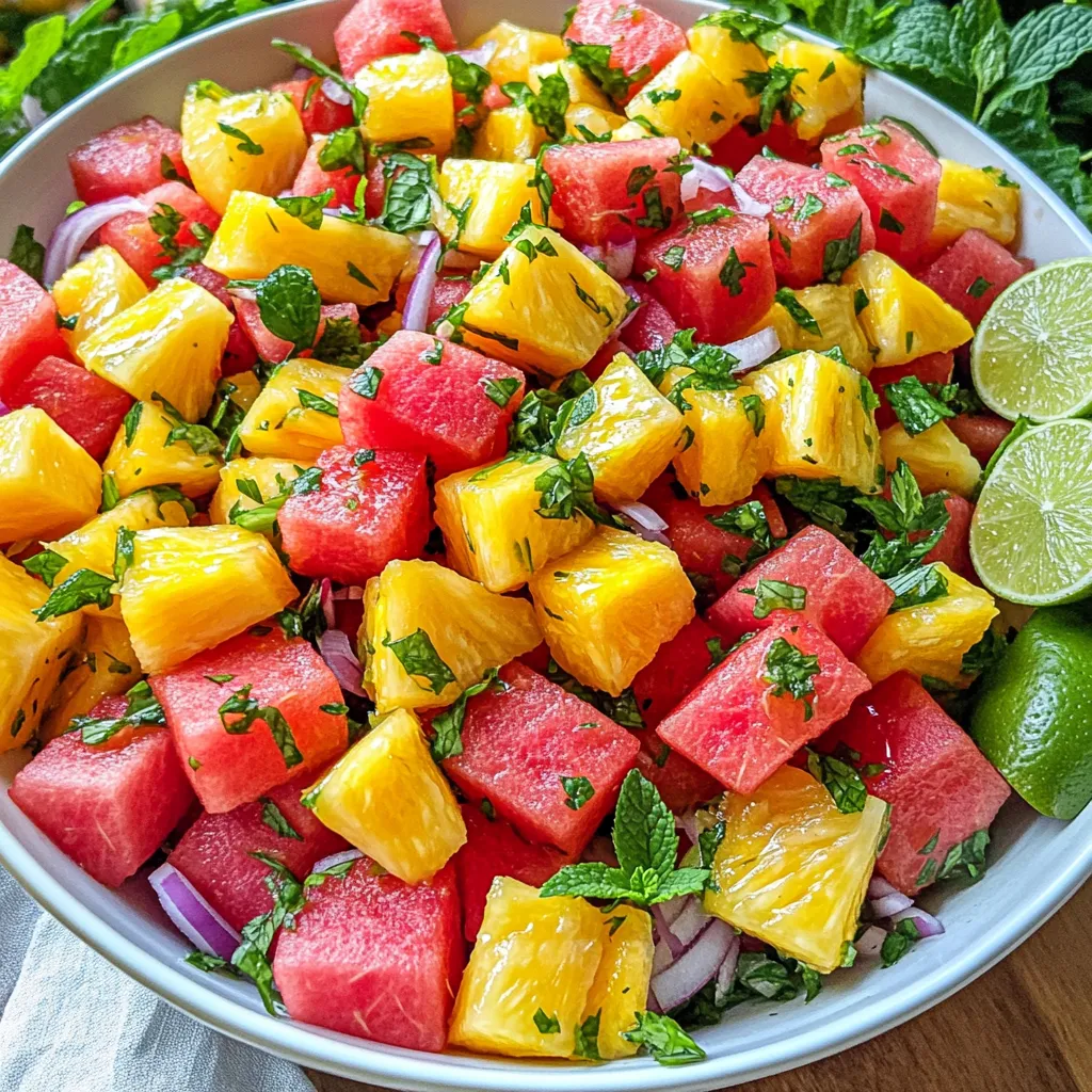 - Watermelon - Pineapple - Fresh mint leaves - Red onion The main stars of this salad are watermelon and pineapple. The watermelon gives a juicy burst, while the pineapple adds a sweet, tropical twist. Fresh mint leaves bring a refreshing aroma, and red onion adds a nice crunch and a bit of zing. Together, these ingredients create a bright and colorful dish. - Lime juice - Honey - Salt and pepper You can enhance the salad with lime juice for a tangy kick. Honey adds sweetness if you like. A touch of salt and pepper can balance the flavors. Feel free to adjust these to your taste. - Large mixing bowl - Small bowl for dressing - Whisk For this salad, you need a large mixing bowl to combine all the fruits. Use a small bowl for the dressing. A whisk helps mix the lime juice and honey smoothly. With this simple setup, you are ready to create a delightful dish. You can check the Full Recipe for more details. - Step 1: Combine watermelon and pineapple Start by taking a large mixing bowl. Add 2 cups of cubed watermelon and 1 cup of diced pineapple. These fruits bring a sweet and juicy taste to your salad. - Step 2: Add mint leaves and red onion Next, chop 1/2 cup of fresh mint leaves and finely slice 1/4 cup of red onion. Toss them into the bowl with the fruit. The mint adds a fresh zing, while the onion gives a nice crunch. - Step 3: Prepare the dressing In a small bowl, whisk together 2 tablespoons of lime juice and 1 tablespoon of honey, if you want extra sweetness. This dressing will tie all the flavors together. - Step 4: Drizzle and toss gently Now, drizzle the lime dressing over the fruit mixture. Use a spatula to toss everything gently. Make sure not to mash the fruit; you want it to stay fresh. - Step 5: Season with salt and pepper Add a pinch of salt and some pepper to taste. This small step enhances all the flavors in your salad. - Step 6: Let flavors meld Let the salad sit for about 10 minutes at room temperature. This time allows the flavors to blend, making each bite even better. - Tropical Watermelon Pineapple Delight This refreshing salad is a perfect addition to any summer meal. Enjoy the bright colors and sweet tastes! - Choosing ripe fruit: Look for watermelon that feels heavy and has a dull skin. For pineapple, pick one with a sweet smell and firm, golden skin. Ripe fruit makes the salad taste better. - Adjusting sweetness with honey: If your fruit isn't sweet enough, add honey. Start with one tablespoon. Mix it well with lime juice. You can always add more if needed. - Selecting fresh mint: Fresh mint adds a burst of flavor. Choose bright green leaves. Avoid brown or wilted ones. You can tear the leaves to release more aroma. - Garnishing suggestions: Use extra mint leaves for a pop of color. Lime wedges on the side look nice and add zest. - Serving options: Serve in a large bowl to showcase the colors. You can also use individual cups for a fun touch at a party. - Container recommendations: Glass bowls are great for showing off vibrant fruit. Plastic works well for picnics or potlucks. - Best time to prepare: Make this salad just before serving. This keeps the fruit fresh and crunchy. If you need to prep early, keep fruit separate. - Ideal serving temperature: Serve chilled. This salad tastes best cold. If it warms up, the flavors may fade. {{image_2}} You can mix in more fruits to your salad. Adding strawberries or mango gives a sweet twist. Each fruit adds its own taste and texture. You can also sprinkle nuts or seeds for a crunchy bite. Try adding sliced almonds or sunflower seeds for a fun crunch. The dressing can change the whole salad. A citrus vinaigrette is one tasty option. Just mix lemon juice, oil, and a bit of honey. For a creamy touch, use a yogurt-based dressing. This adds a rich flavor and pairs well with the fruits. If you want vegan options, skip the honey. Use agave syrup instead for sweetness. This keeps all the flavors while being plant-based. The salad is also gluten-free, so everyone can enjoy it. Make it your own by swapping ingredients based on your needs. To keep your watermelon pineapple salad fresh, always store it in the fridge. Use an airtight container to seal in moisture and flavor. I recommend a glass or plastic container with a tight lid. This helps prevent the salad from soaking up other smells in the fridge. You should eat the salad within three days for the best taste. After that, the fruit may start to break down. Look for signs of spoilage, such as mushy fruit or an off smell. If you see any of these signs, it’s best to toss the salad. Can you freeze watermelon pineapple salad? I don't recommend it. Freezing changes the texture of the fruit. If you want to freeze fruit salad, do it without the dressing. Cut the fruit into pieces and freeze them on a tray. After they freeze, put them in a bag. This helps keep them from sticking together. Use them in smoothies later for a refreshing taste! You can make your salad even better with a few tasty extras. Try adding: - Strawberries for sweetness - Mango for a tropical twist - Cucumber for crunch - Feta cheese for a salty bite - Chopped nuts for a nice texture Each of these options adds a unique flavor and texture. You can mix and match based on what you like! To keep your watermelon salad fresh, follow these tips: - Store it in an airtight container. - Keep it in the fridge until you are ready to serve. - Avoid cutting the watermelon too far in advance. - If possible, add dressing just before serving to prevent sogginess. These steps help maintain the crispness and flavor of your salad. You can prepare this salad in advance, but be careful. - Make it a few hours before serving for the best taste. - If you need to make it the night before, keep the dressing separate. - Combine the salad and dressing just before serving. This way, your salad stays fresh and delicious. For the complete recipe, check out the Full Recipe section! In this post, we explored how to make a tasty Tropical Watermelon Pineapple Delight. We discussed the key ingredients like watermelon and pineapple, along with optional items like lime juice. I shared easy steps for preparation, mixing, and serving. Remember to choose ripe fruit to enhance flavor. You can also try different fruits or dressings to make it your own. This refreshing salad is fun to make and perfect for any occasion. Enjoy this vibrant dish while it’s fresh!