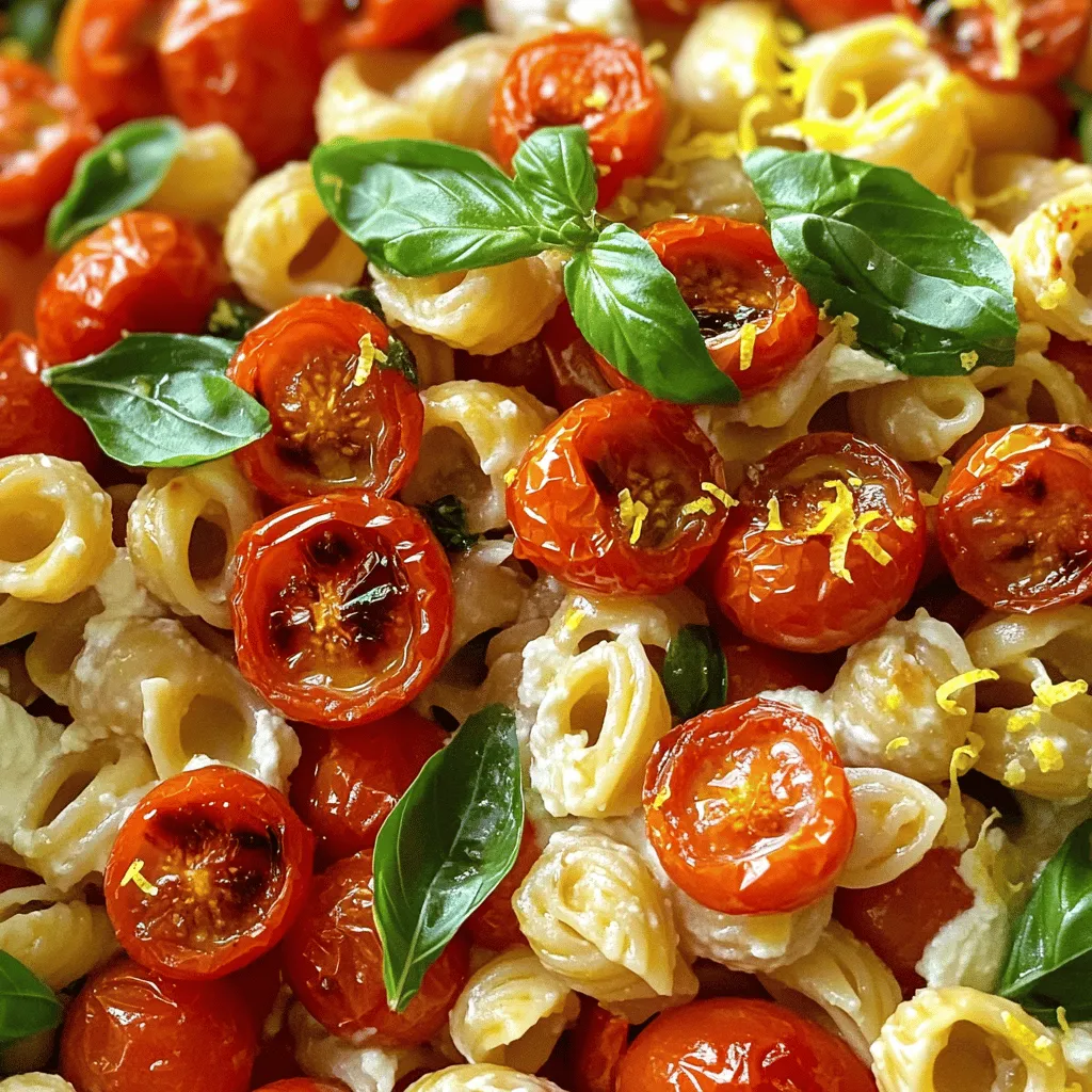 - 2 cups cherry tomatoes, halved - 3 cloves garlic, unpeeled - 2 tablespoons olive oil - Salt and pepper to taste - 250g (9 oz) pasta of your choice - 1 cup ricotta cheese - 1/4 cup grated Parmesan cheese - Fresh basil leaves for garnish - Zest of 1 lemon Using fresh ingredients is key to great taste. Fresh tomatoes burst with flavor, while ripe garlic adds depth. I suggest using whole milk ricotta for a creamy texture. Look for brands that have minimal additives. For pasta, choose high-quality options like De Cecco or Barilla. These brands cook well and hold the sauce nicely. Invest in good ingredients for the best results. Your dish will shine with this simple choice. This blog post provided a clear guide to making Roasted Tomato and Garlic Ricotta Pasta. We covered the key ingredients, like cherry tomatoes and ricotta cheese, and shared tips for cooking pasta perfectly. I highlighted ways to enhance flavors and avoid common mistakes. You can easily customize this dish with variations to suit your taste. Keep these storage and reheating tips in mind to enjoy leftovers. With fresh ingredients and simple steps, you'll create a delicious meal worth sharing.