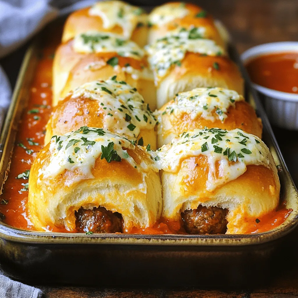 - 12 small dinner rolls (Hawaiian rolls work well) - 1 pound ground beef - 1/4 cup breadcrumbs - 1/4 cup grated Parmesan cheese - 1/4 cup chopped fresh parsley - 1 egg, beaten - 2 teaspoons garlic powder - 1 teaspoon onion powder - Salt and pepper to taste - 1 jar marinara sauce (about 24 oz) - 1/2 cup shredded mozzarella cheese - 1/2 cup unsalted butter, melted - 4 cloves garlic, minced - 1/4 cup grated Parmesan cheese (for topping) - Fresh parsley, chopped (for garnishing) The base of these sliders comes from a great meatball mix. Use ground beef for a juicy texture. The breadcrumbs help bind the meatballs, keeping them tender. The cheese and garlic add a rich flavor. Using a good marinara sauce makes all the difference in taste. I recommend using the following brands: - Ground Beef: Choose a high-quality brand, like Certified Angus Beef. - Breadcrumbs: Panko breadcrumbs work great for crunch. - Marinara Sauce: Look for Rao's or Classico for rich flavors. - Gluten-Free Option: Use gluten-free breadcrumbs and rolls. - Vegetarian Option: Substitute ground beef with lentils or a veggie mix. Switching to gluten-free or vegetarian options does not mean losing flavor. The sliders can remain delicious and satisfying with the right ingredients. To make these sliders, you will need: - A baking dish (9x13 inches is perfect) - A mixing bowl for the meatball mix - An oven set to 350°F (175°C) - Measuring tools for accuracy - Utensils like a spoon and knife Having the right tools makes cooking easier and helps you create a great dish. Make sure to gather everything before you start cooking. That way, you'll enjoy the process and the final result. Don't forget to check the [Full Recipe] for more details! Start by preheating your oven to 350°F (175°C). This step is key for even cooking. In a large bowl, mix the following ingredients: - 1 pound ground beef - 1/4 cup breadcrumbs - 1/4 cup grated Parmesan cheese - 1/4 cup chopped fresh parsley - 1 beaten egg - 2 teaspoons garlic powder - 1 teaspoon onion powder - Salt and pepper to taste Mix everything well until it is all combined. Now shape this mixture into small meatballs, about 1 inch in size. Place them on a baking sheet. Bake these meatballs for 18-20 minutes or until they are fully cooked. While the meatballs bake, prepare the garlic Parmesan butter. In a small bowl, combine: - 1/2 cup melted unsalted butter - 4 minced garlic cloves - 1/4 cup grated Parmesan cheese Set this mix aside. Once the meatballs are ready, carefully slice your dinner rolls in half, keeping them attached like a book. Next, place the bottom halves of the rolls in a greased 9x13 inch baking dish. Spoon some marinara sauce over the bottoms, then add the baked meatballs evenly. Drizzle more marinara sauce over the top and sprinkle shredded mozzarella cheese on next. Now, place the top halves of the rolls back on. Brush the garlic Parmesan butter generously over these tops. Cover the dish with aluminum foil to keep it moist. Bake for 15 minutes with the foil on. Then, uncover and bake for another 10 minutes. This step melts the cheese and browns the tops nicely. Once finished, remove from the oven, garnish with fresh parsley, and serve warm. For a fun touch, serve with a side of marinara sauce for dipping. For the full recipe, check the section above. To make great meatballs, start with the right texture. Use ground beef with some fat. This fat keeps the meatballs moist and tasty. Mix the meat with breadcrumbs, egg, and seasonings well. Shape the meatballs into even spheres about one inch wide. This size cooks evenly. Bake them for 18 to 20 minutes at 350°F. If you prefer a crispy outside, broil them for the last two minutes. For more flavor, think about adding spices. Italian seasoning, red pepper flakes, or dried basil work well. Fresh herbs like thyme or oregano can also add a nice touch. When it comes to cheese, mozzarella is classic, but you can try sharp cheddar or pepper jack. These cheeses give extra flavor and melt beautifully. Pair your sliders with simple sides. A salad or crispy fries are great choices. For dips, try extra marinara sauce or ranch dressing. Presentation matters too! Serve directly from the baking dish. A small bowl of marinara for dipping makes it fun. Add toothpicks to each slider for easy eating. For a fun twist, garnish with chopped parsley for a pop of color. For the complete recipe, check the Full Recipe. {{image_2}} You can switch up the proteins in your sliders. Try turkey, chicken, or even a vegan meat alternative. Each option brings a unique taste and texture. For cheese, consider mozzarella, cheddar, or provolone. Different sauces can change the flavor too. A spicy marinara or pesto adds a new twist. The type of roll you use can change your sliders. Hawaiian rolls are sweet, while ciabatta adds a nice crunch. You can even use mini baguettes or soft dinner rolls. Just remember to adjust the baking time. Thicker rolls may need a bit longer to bake, while thinner ones will cook faster. You can take these sliders global! Add Italian herbs for a classic touch. For a Mexican twist, try adding jalapeños or taco seasoning. Use salsa instead of marinara for a fresh flavor. Seasonal ingredients like pumpkin spice or cranberries can make these sliders fun for holidays. With so many options, every bite can be a new adventure. To keep your Pull-Apart Meatball Sliders fresh, store leftovers in an airtight container. Place them in the fridge. They stay good for up to three days. When you reheat, use the oven. Preheat to 350°F (175°C) and cover with foil. This keeps the sliders moist while heating. You can freeze these sliders for later. Wrap them tightly in plastic wrap. Then, place them in a freezer bag. They can last up to three months in the freezer. When ready to eat, thaw in the fridge overnight. Reheat in the oven at 350°F (175°C) for best results. This helps keep the flavor and texture intact. Making meatballs ahead of time is a great idea. You can cook a big batch and store them in the fridge. This saves time on busy weeknights. For quick assembly, keep dinner rolls and marinara sauce handy. Just layer everything when you're ready to eat. This makes dinner easy and tasty! Check out the Full Recipe for more details. Can I make the meatballs ahead of time? Yes, you can make the meatballs ahead. Just follow the recipe and bake them. Let them cool, then store in the fridge for up to two days. You can also freeze them. Just place cooked meatballs in an airtight bag. They last for about three months in the freezer. To use, thaw overnight in the fridge and warm them. What can I use as a substitute for actual garlic? If you need a garlic substitute, garlic powder works well. Use about one teaspoon for every clove you need. You can also try shallots, onion powder, or garlic oil for flavor. Keep in mind that these may change the taste slightly but will still be delicious. What to do if the sliders are too soggy? If your sliders are soggy, try using less sauce next time. Also, make sure the meatballs are not too wet. Drain excess sauce before adding to the rolls. You can also toast the rolls lightly before assembling to help absorb moisture. How can I make the meatballs more tender? For tender meatballs, use a mix of beef and pork. The pork adds fat, which keeps them juicy. Another tip is to avoid over-mixing the meat. This can make them tough. Also, let them cool before adding to the sliders. Nutrition facts for Pull-Apart Meatball Sliders Each slider has about 300 calories. This includes protein, carbs, and fats. If you want lower calories, use lean ground beef or turkey. Using whole-grain rolls can also add fiber. Tips for a healthier version of the recipe To make these sliders healthier, try these tips: - Use whole wheat dinner rolls. - Substitute ground turkey for beef. - Add more vegetables like spinach or mushrooms to the meat mixture. - Use less cheese and sauce, or switch to low-fat versions. For the full recipe, check out the provided link. Pull-apart meatball sliders offer a fun and tasty way to enjoy meals. We covered key ingredients, from ground beef to tasty garlic butter. You learned the step-by-step method for great flavor and perfect texture. Tips on ingredient swaps and serving suggestions help customize your dish. Remember, proper storage keeps leftovers fresh, and meal prep saves time. With these insights, you can create sliders that wow everyone at your table. Enjoy making these sliders and impress your friends and family!