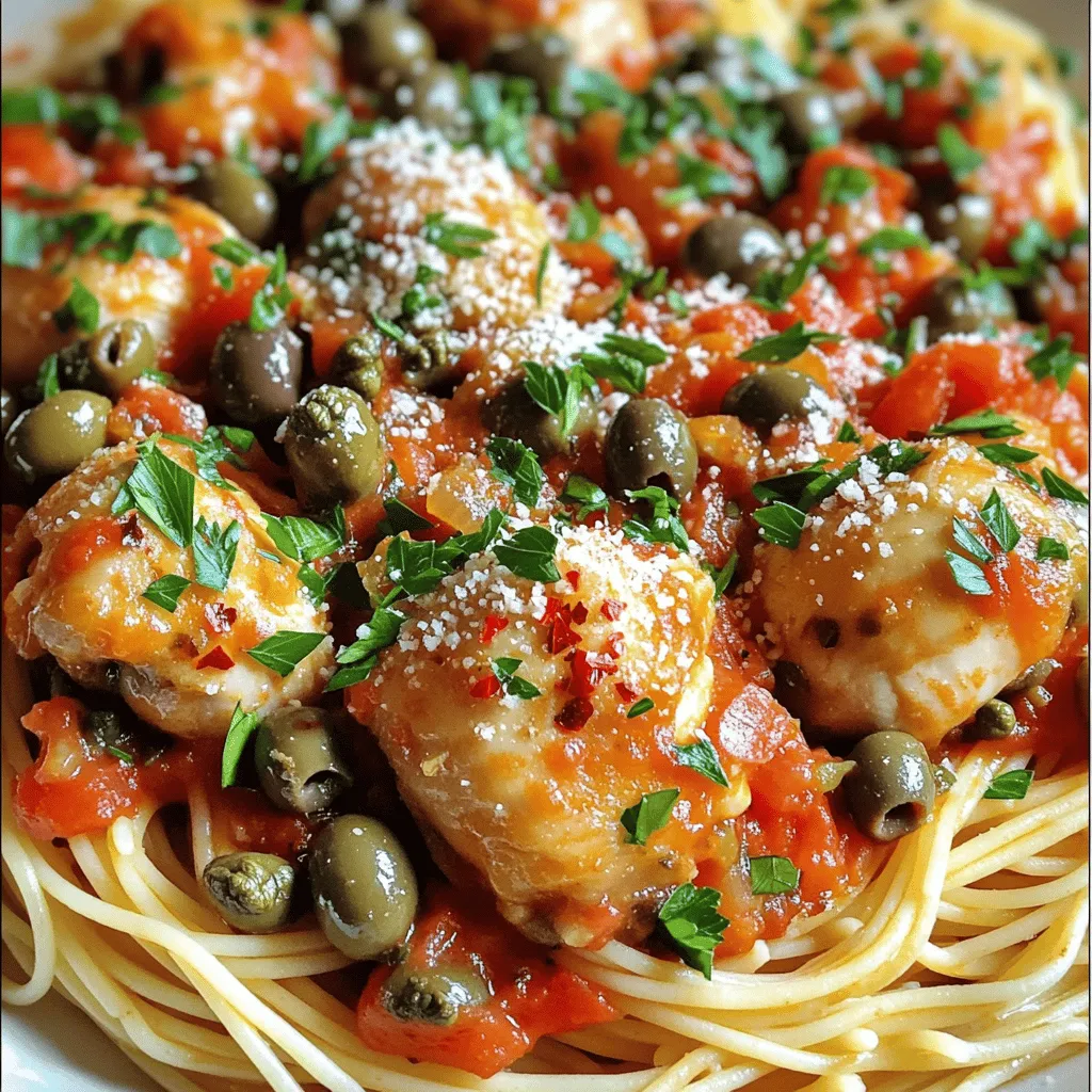 To make Chicken Puttanesca, gather these key items: - 500g chicken thighs, boneless and skinless, cut into bite-sized pieces - 2 tablespoons olive oil - 4 cloves garlic, minced - 1 teaspoon crushed red pepper flakes (adjust to taste) - 1 can (400g) diced tomatoes - 1/2 cup kalamata olives, pitted and roughly chopped - 2 tablespoons capers, drained - 1 tablespoon dried oregano - Salt and black pepper to taste - 300g spaghetti or your choice of pasta - Fresh parsley, chopped, for garnish - Grated Parmesan cheese, for serving (optional) These ingredients create the base for a rich and bold flavor. You can enhance your Chicken Puttanesca with these optional items: - Anchovies, for extra umami - Fresh basil, for a fragrant touch - Lemon zest, for brightness - Red wine, for depth in sauce - Cherry tomatoes, for sweetness Feel free to mix in these extras. They add layers of flavor to your dish. Not every ingredient may be on hand. Here are some swaps: - Chicken thighs can be replaced with chicken breasts. - Use any type of olives you like if kalamata is unavailable. - If capers are missing, try using green olives instead. - For a gluten-free option, use gluten-free pasta. These substitutes will still give a tasty result. Adapt based on what you have. To make Chicken Puttanesca, start with your pasta. Boil salted water in a big pot. Add spaghetti and cook until it’s firm yet tender. Drain it, but save some pasta water for later. Now, heat olive oil in a large skillet over medium heat. Toss in the chicken pieces, seasoning them with salt and black pepper. Cook for about 5 to 7 minutes until they turn golden brown. Take the chicken out and set it aside. In that same skillet, add minced garlic and crushed red pepper flakes. Sauté these for about a minute until you smell the garlic. Then pour in the diced tomatoes, chopped olives, capers, and oregano. Stir well and let it simmer for 7 to 10 minutes. This helps all the flavors mix together. Return the cooked chicken to the skillet. If the sauce feels thick, add a bit of that reserved pasta water. Then, add the cooked spaghetti. Toss everything gently until the pasta is coated in the rich sauce. Adjust the salt and pepper to your liking. - Cook Pasta: 10 minutes - Sauté Chicken: 5-7 minutes - Build Sauce: 8-10 minutes - Combine Ingredients: 2-3 minutes - Toss with Pasta: 2-3 minutes Total cooking time is around 35 minutes. This means you can enjoy a tasty meal without spending all day in the kitchen. Use fresh ingredients when possible. Fresh garlic gives a stronger taste than jarred. If you like it spicy, feel free to add more crushed red pepper. When adding olives, choose kalamata for a rich flavor. Also, don’t skip on the parsley; it adds a nice fresh touch. Finally, a sprinkle of Parmesan cheese makes everything taste even better. For more details, check out the Full Recipe. To make Chicken Puttanesca shine, use basic techniques that enhance flavor. Start by sautéing the chicken until it’s golden brown. This step locks in moisture and gives a great texture. Use a large skillet for even cooking. Always allow the garlic to cook just until it’s fragrant. This keeps it from burning and adds depth to the sauce. When choosing chicken, look for thighs over breasts. Thighs are juicier and more flavorful. Check for bright red color and firm texture. If possible, buy organic or free-range chicken. This choice often means better taste and quality. You want chicken that looks fresh and is not slimy. Always ask your butcher for the best cuts if you’re unsure. For a rich sauce, let your ingredients simmer well. The longer you let the sauce cook, the more the flavors blend. You want to add tomatoes, olives, and capers all at once. This ensures they meld into a delicious mix. If the sauce seems thick, add a bit of the reserved pasta water. This helps achieve the perfect consistency. Always taste and adjust the salt and pepper as needed. For an extra kick, add more crushed red pepper flakes to your liking. For the full recipe, check out the detailed steps to create this wonderful dish. {{image_2}} You can swap chicken for other proteins. Try shrimp or firm tofu. Both options add unique flavors. Shrimp cooks fast and adds a nice ocean taste. Tofu soaks up the sauce and makes it hearty. To make Chicken Puttanesca vegetarian, leave out the chicken. Use chickpeas or lentils instead. They add protein and texture. You can also add more veggies like zucchini or bell peppers. This makes the dish colorful and tasty. You can use any pasta you like for Chicken Puttanesca. Spaghetti is traditional, but penne or fettuccine work well too. Whole wheat or gluten-free pasta are great alternatives. Each type brings a new twist to the dish. Enjoy experimenting with different shapes and sizes! After you enjoy your Chicken Puttanesca, store leftovers in a tight container. Let the dish cool down first. This keeps the flavors fresh. Place the container in the fridge. Your Chicken Puttanesca will last about three to four days. To reheat your Chicken Puttanesca, use a skillet for best results. Heat it over medium-low heat. Stir often to warm the dish evenly. If it's a bit dry, add a splash of water or broth. You can also use a microwave. Place the Chicken Puttanesca in a microwave-safe bowl. Cover it with a damp paper towel and heat in short bursts. Stir between each burst until hot. You can freeze Chicken Puttanesca for later meals. Use a freezer-safe container or bag. Make sure to remove as much air as possible. Label it with the date. Your Chicken Puttanesca will stay good for about three months. When you're ready to eat, thaw it overnight in the fridge. Then, reheat using the instructions above. Enjoy your tasty meal again! For the full recipe, check out the link above. Chicken Puttanesca is a flavorful dish inspired by the classic pasta sauce. It features tender chicken, olives, capers, and tomatoes. The dish has a bold, savory taste, making it a favorite for many. You can enjoy it with spaghetti or any pasta you like. To spice up Chicken Puttanesca, add more crushed red pepper flakes. You can also mix in some chopped fresh chili peppers. If you like heat, try using spicy olives or a hot sauce. Start with small amounts and taste as you go. Great side dishes include garlic bread, a fresh salad, or roasted vegetables. You can also serve it with a light pasta salad for a nice contrast. These sides complement the rich flavors of the Chicken Puttanesca well. Yes, you can make Chicken Puttanesca ahead of time. Cook it fully and let it cool. Store it in an airtight container in the fridge for up to three days. When ready to eat, reheat it on the stove or in the microwave. This makes meal prep easy! For the full recipe, check out the detailed instructions above. Chicken Puttanesca offers rich flavors and easy steps. You learned about key ingredients, cooking tips, and great variations. Customizing with different proteins or making it veggie-friendly adds fun. Storing leftovers is simple, and you can reheat easily. So, dive in and try making this dish your own. Whether you enjoy it right away or save some for later, Chicken Puttanesca is a win!