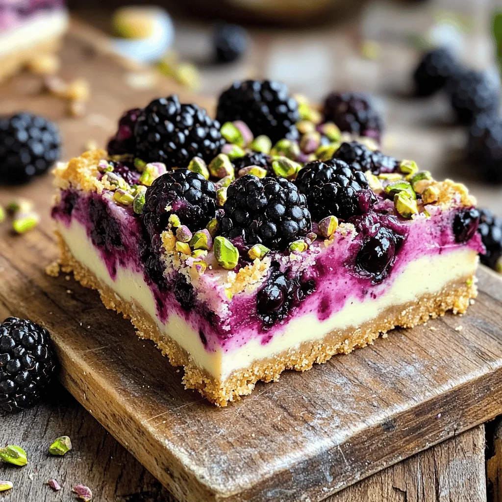 To make these tasty bars, gather these items: - 1 ½ cups all-purpose flour - ½ cup unsalted butter, melted - ⅓ cup granulated sugar - ¼ teaspoon salt - 1 cup fresh blackberries, plus extra for garnish - ½ cup unsalted pistachios, chopped - 1 cup sweetened condensed milk - 1 teaspoon vanilla extract - 2 large eggs - 1 tablespoon lemon juice - ¼ teaspoon baking powder You can change some ingredients if needed. If you want a gluten-free option, use almond flour instead of all-purpose flour. Coconut oil can replace butter for a dairy-free treat. For a nut-free version, skip the pistachios or use sunflower seeds. You might also try honey instead of sugar for a different sweetness. Fresh blackberries should be plump and shiny. Look for deep purple or black colors. Avoid berries with white or green spots. Smell the berries; they should smell sweet and fruity. For pistachios, choose ones that are bright green and have a nice crunch. Check for any signs of mold or moisture. Always buy in small amounts to keep them fresh. First, gather all your ingredients. You need flour, butter, sugar, salt, blackberries, pistachios, sweetened condensed milk, vanilla, eggs, lemon juice, and baking powder. Make sure to measure carefully. Preheat your oven to 350°F (175°C). This is key for even baking. Then, grease and line an 8x8 inch baking dish with parchment paper. This helps with easy removal later. In a medium bowl, mix the flour, melted butter, sugar, and salt. Stir until it looks crumbly. Press this mix into the bottom of your baking dish. Bake this crust for 10 minutes. It should be just set. Let it cool a bit. While it cools, fold together the blackberries and chopped pistachios in another bowl. Then, in a third bowl, whisk the sweetened condensed milk, eggs, vanilla, lemon juice, and baking powder until smooth. Gently mix in the blackberry and pistachio blend. Pour this filling over the crust and spread it evenly. Bake again for 25-30 minutes. The edges should look set, but the center can still jiggle a bit. Once baked, let the bars cool completely in the pan. Use the parchment paper to lift them out. Cut into squares or bars. For a nice touch, garnish with extra blackberries and chopped pistachios. Enjoy these tasty treats! If you want the full recipe, check the link. To get the best texture in your Blackberry Pistachio Dream Bars, follow these tips: - Crust: Press the crust mixture firmly. This helps it hold together. - Baking Time: Bake the crust until just set. This keeps it soft but firm. - Filling: Mix the filling gently. Overmixing can break the blackberries. - Cooling: Let the bars cool completely. This helps them firm up. Here are some common mistakes to watch out for: - Using Frozen Blackberries: They can make your filling watery. Always use fresh berries for the best flavor. - Skipping the Parchment Paper: This can make it hard to lift the bars out. Always line your pan. - Not Cooling Enough: Cutting the bars too soon can cause them to crumble. Patience is key here. Serving these bars can be fun! Here are some ideas: - Garnish: Add extra blackberries and chopped pistachios on top for a nice look. - Pairing: Serve with whipped cream or vanilla ice cream. This adds creaminess. - Presentation: Cut into small squares for bite-sized treats. They are great for sharing! For the full recipe, follow the steps closely to get these perfect bars. Enjoy making and sharing them! {{image_2}} You can play with flavors in these bars. For a richer taste, add a splash of almond extract. You can swap blackberries for raspberries or blueberries. Each berry gives a new twist. Chopped chocolate can also be a fun mix-in. It adds a sweet touch that pairs well with nuts. Want to make these bars dairy-free? Use coconut milk instead of sweetened condensed milk. Replace butter with coconut oil for a rich flavor. To make them gluten-free, swap all-purpose flour with a gluten-free blend. Just check that the blend has a good structure for baking. Seasonal changes can make these bars even more fun. In fall, add spices like cinnamon or nutmeg. Try using pumpkin puree for a cozy twist. For winter holidays, you might include peppermint extract. Fresh cranberries can also brighten them up for festive occasions. Each season brings new flavors to explore. After baking, let your bars cool completely. Use the parchment paper to lift them out of the pan. Place the bars in an airtight container. This keeps them fresh and moist. Store them in the fridge if you want them to last longer. They taste great cold or at room temperature! You can freeze these bars for later. First, cut them into squares. Wrap each piece in plastic wrap. Place the wrapped bars in a freezer-safe bag. Be sure to label the bag with the date. They can stay frozen for up to three months. When you're ready to enjoy, thaw them in the fridge overnight. Blackberry Pistachio Dream Bars last about five days in the fridge. If stored well, they keep their taste and texture. Always check for signs of spoilage, like a change in smell or texture. Enjoy these tasty treats while they're fresh! You can find the full recipe for more details. Yes, you can use frozen blackberries. Just make sure to thaw them first. Drain any extra juice to keep your bars from getting soggy. Frozen blackberries work well but may be softer than fresh ones. They will still taste great in your bars. You can replace eggs with applesauce or mashed banana. Use 1/4 cup of either for each egg. This change keeps the bars moist and adds a hint of sweetness. You can also try a flaxseed meal mixture. Mix 1 tablespoon of flaxseed with 2.5 tablespoons of water. Let it sit for five minutes to thicken. To cut the bars neatly, let them cool completely. Use a sharp knife for clean cuts. Dip the knife in hot water, then wipe it dry. This method helps prevent crumbling. If you have trouble, try cutting them in the pan first, then lift them out with the parchment paper. You can find the full recipe for Blackberry Pistachio Dream Bars in the article above. It has all the steps and details you need to make these tasty treats! Blackberry Pistachio Dream Bars offer a tasty treat. We covered the ingredients, substitutions, and tips for picking fresh blackberries and pistachios. I shared step-by-step baking instructions for great results. We discussed texture, common mistakes, and serving ideas to enhance your bars. You can also explore fun variations and easy storage methods. In the end, enjoy experimenting with flavors and make this dessert your own. Happy baking!