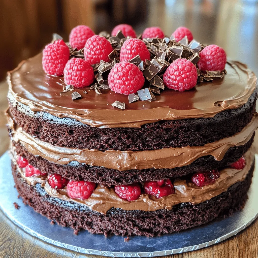 To make a rich Chocolate Raspberry Cake, gather these ingredients: - 1 ¾ cups all-purpose flour - 1 ½ cups granulated sugar - ¾ cup unsweetened cocoa powder - 1 ½ teaspoons baking powder - 1 ½ teaspoons baking soda - 1 teaspoon salt - 2 large eggs - 1 cup whole milk - ½ cup vegetable oil - 2 teaspoons pure vanilla extract - 1 cup boiling water - 1 cup fresh raspberries (plus extra for decoration) - ½ cup dark chocolate chips These ingredients work together to create a moist and flavorful cake. The raspberries add a tart contrast to the chocolate's sweetness. If you need alternatives, here are some good swaps: - All-purpose flour: Use cake flour for a lighter texture. - Granulated sugar: Brown sugar can add a deeper flavor. - Whole milk: Almond or oat milk works well for a dairy-free option. - Vegetable oil: Melted coconut oil can add a nice hint of flavor. - Dark chocolate chips: Use semi-sweet or milk chocolate if you prefer. These substitutions may change the flavor slightly, but they can still produce a great cake. Choosing ripe raspberries is key. Here are some tips: - Look for bright, vibrant berries with no spots. - Check for firmness; they should feel plump and springy. - Avoid containers with mold or mushy berries. - Buy berries close to when you plan to bake, as they spoil quickly. Fresh raspberries add a burst of flavor and color to your cake, making it even more delightful. For the complete recipe, be sure to check the Full Recipe. Start by preheating your oven to 350°F (175°C). This step warms the oven for even baking. Next, get two 9-inch round cake pans. Grease each pan with butter or oil. Then, sprinkle a bit of flour inside. This helps your cake come out easily later. In a large bowl, combine the dry ingredients first. Sift together 1 ¾ cups of flour, 1 ½ cups of sugar, and ¾ cup of cocoa powder. Add 1 ½ teaspoons of baking powder, 1 ½ teaspoons of baking soda, and 1 teaspoon of salt. Now, add in the wet ingredients. Beat in 2 large eggs, 1 cup of whole milk, ½ cup of vegetable oil, and 2 teaspoons of vanilla extract. Use an electric mixer and mix for about 2 minutes. The batter should be smooth. Carefully stir in 1 cup of boiling water. Don't worry if the batter looks thin; this is normal. Gently fold in 1 cup of fresh raspberries and ½ cup of dark chocolate chips. This adds great flavor and texture to the cake. Now, divide the batter evenly between your prepared pans. Bake them in the preheated oven for 30-35 minutes. To check if they are done, insert a toothpick into the center. If it comes out clean, the cakes are ready. After baking, let the cakes cool in the pans for 10 minutes. Then, transfer them to wire racks to cool completely. Make sure they are cool before frosting. This will help the frosting stay nice and smooth. For the final touch, you can layer fresh raspberries between the cake layers and decorate the top with even more raspberries. Enjoy this chocolate raspberry cake delightfully rich recipe! To get a soft and moist cake, use fresh ingredients. Make sure your eggs and milk are at room temperature. This helps the batter mix well. When you mix the batter, don’t overdo it. Just blend until smooth. After baking, let the cakes cool completely. This keeps them from getting soggy. For frosting, I love a rich chocolate buttercream. It pairs so well with the cake. To make it, beat 1 cup of softened butter with 3 cups of powdered sugar. Add cocoa powder and vanilla for flavor. If you want a lighter option, try whipped cream. It adds a nice touch and balances the cake's richness. Don’t forget to layer fresh raspberries between the cake layers. It gives extra flavor and looks pretty. The chocolate and raspberry mix is amazing on its own. But you can try adding a hint of orange zest for brightness. Almond extract also works well. It adds a unique twist. If you want some crunch, sprinkle chopped nuts on top. They provide a nice texture contrast. Enjoy exploring these fun combinations as you make your Chocolate Raspberry Cake! For the complete process, check out the Full Recipe. {{image_2}} You can switch up the raspberries with other fruits. Try using strawberries for a sweeter taste. Blueberries add a nice burst of flavor, too. Cherries can give your cake a tart kick. Just remember to adjust the sugar if you pick a sweeter fruit. While chocolate frosting is classic, you can be creative. Cream cheese frosting adds a tangy twist. A raspberry frosting can enhance the berry flavor. For a lighter touch, whipped cream works great. You can also drizzle some melted chocolate on top for an extra treat. To make this cake gluten-free, swap the all-purpose flour for a gluten-free blend. Ensure it has a good rise. For a vegan version, replace eggs with flax eggs or applesauce. Use plant-based milk and oil, and choose vegan chocolate chips. This way, everyone can enjoy a slice! You can find the Full Recipe to guide you through each step. To keep your chocolate raspberry cake fresh, wrap it well. Use plastic wrap or foil. Store it in an airtight container. This prevents it from drying out. Place it in a cool, dry place. If you do not plan to eat it in three days, consider freezing. To freeze your cake, let it cool completely first. Wrap each layer in plastic wrap tightly. Then, wrap it again in aluminum foil. This double-wrapping keeps it safe from freezer burn. You can freeze the cake for up to three months. When you are ready to eat, remove it from the freezer and let it thaw in the fridge overnight. If your cake is a bit dry, don’t worry! You can refresh it easily. Preheat your oven to 350°F. Place the cake on a baking sheet. Wrap it in foil to keep moisture in. Heat it for about 10-15 minutes. This warms it up and makes it taste fresh again. Enjoy your cake with a scoop of ice cream for a special treat! You can check if the cake is done by using a toothpick. Insert the toothpick into the center of the cake. If it comes out clean or with a few crumbs, the cake is ready. Bake times may vary, so start checking around 30 minutes. Keep an eye on it, especially near the end. Yes, you can use frozen raspberries in this recipe. They work well, but you should thaw them first. Drain any excess liquid to avoid making the batter too wet. Frozen raspberries can also add a nice burst of flavor. Just remember, they may break apart more easily than fresh ones. I recommend using dark chocolate for the frosting. Dark chocolate adds depth and richness. It balances the sweetness of the cake and raspberries. If you prefer a milder flavor, you can use semi-sweet chocolate. For a creamier frosting, consider using milk chocolate. Choose what fits your taste best. For the full recipe, check the details above. This post covered how to make a delicious chocolate raspberry cake. We listed key ingredients and offered substitutes. You learned how to prep your pans, mix the batter, and bake. We shared tips for the perfect cake texture and frosting ideas. Variations showed ways to customize your cake, while storage tips help keep it fresh. Remember, practice makes perfect. Enjoy baking and experimenting with flavors. Your cake will impress everyone!