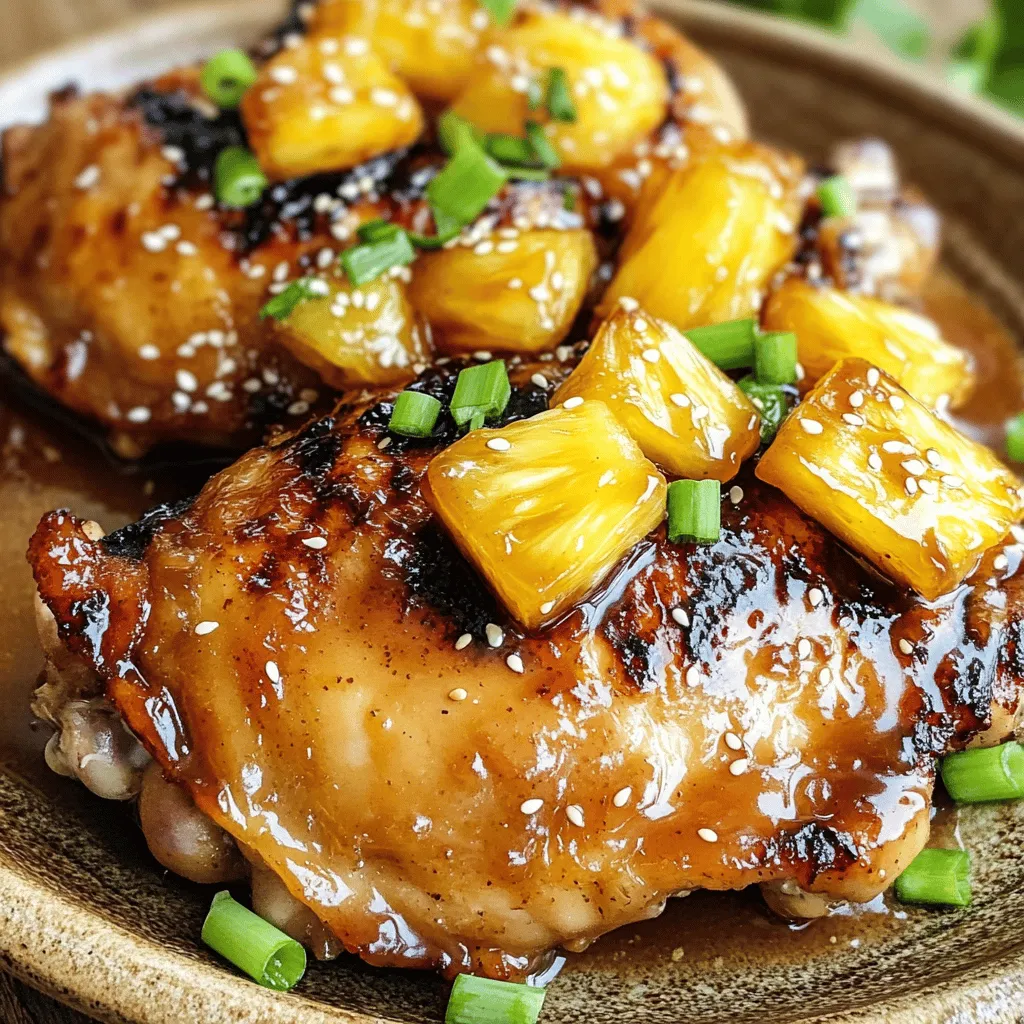 For Brown Sugar Pineapple Chicken, you will need: - 4 boneless, skinless chicken thighs - 1 cup fresh pineapple chunks - 1/2 cup brown sugar - 1/4 cup soy sauce - 2 tablespoons olive oil - 3 cloves garlic, minced - 1 teaspoon fresh ginger, grated - 1/2 teaspoon ground black pepper - 1/2 teaspoon salt - 2 green onions, chopped (for garnish) - Sesame seeds (for garnish) These ingredients create a sweet and savory dish. The brown sugar gives a rich flavor. The fresh pineapple adds a juicy contrast. The soy sauce brings a depth of umami to the dish. You can swap ingredients based on what you have. Use chicken breasts instead of thighs if needed. Honey or maple syrup can replace brown sugar. Use coconut aminos in place of soy sauce for a gluten-free option. If you lack fresh pineapple, canned pineapple works. Just drain it well. Fresh garlic and ginger boost flavor, but you can use powdered forms if necessary. Select a ripe pineapple for the best taste. Look for a golden-yellow color on the outside. The leaves should be green and firm. A ripe pineapple will smell sweet at the base. When you squeeze it gently, it should feel slightly soft. Avoid pineapples with dark spots or bruises. If you choose a whole pineapple, it will last longer than cut pieces. Enjoy fresh pineapple for its bright taste and health benefits. To start, gather your ingredients for the marinade. You will need brown sugar, soy sauce, minced garlic, grated ginger, black pepper, and salt. In a medium bowl, mix them well. This marinade adds a sweet and savory flavor to the chicken. Let it sit for a few minutes to blend the tastes. This step is key for a delicious meal. Next, take your chicken thighs and place them in a large resealable bag or a shallow dish. Pour the marinade over the chicken. Seal the bag or cover the dish tightly. Refrigerate it for at least 30 minutes. You can marinate it for up to 2 hours for even more flavor. This soaking time helps the chicken absorb all the yummy tastes from the marinade. Now, it’s time to cook the chicken! Preheat your grill or skillet over medium-high heat. Add the olive oil to coat the pan. Take the chicken out of the marinade. Let the extra liquid drip off. Reserve the marinade for later. Cook the chicken for about 5-7 minutes on each side. Make sure the chicken reaches an internal temperature of 165°F (75°C). In the last few minutes, add the pineapple chunks to the grill or skillet. This caramelizes them and brings out their sweetness. Once cooked, drizzle the thickened marinade over the chicken and pineapple before serving. For a beautiful finish, garnish with chopped green onions and sesame seeds. For the full recipe, check out the instructions above. To get perfectly cooked chicken, focus on the thickness of the thighs. If they are thick, they need more time to cook. Use a meat thermometer to check the inside temperature. It should reach 165°F (75°C). This ensures the chicken is safe to eat and juicy. Cook it for about 5-7 minutes on each side. Let it rest for a few minutes after cooking. This keeps the juices inside. Marinades are key for adding flavor. Use the marinade from the chicken to baste while it cooks. This boosts the taste and keeps it moist. For extra depth, let the chicken soak in the marinade for up to 2 hours. The sugars in the brown sugar help caramelize the chicken. This creates a nice crust on the outside. Don't skip the garlic and ginger; they add great flavor. Serve the chicken on a large plate for visual impact. Place the caramelized pineapple on top for color and texture. Garnish with green onions and sesame seeds for a fresh touch. Pair it with steamed rice or quinoa for a balanced meal. This makes it not just tasty but also appealing to the eyes. Enjoy making this dish look as good as it tastes! For more details, check the Full Recipe. {{image_2}} You can use various chicken cuts for this recipe. Chicken breasts work well if you prefer leaner meat. They may take a bit longer to cook, so check the internal temperature. Drumsticks or wings can add a fun twist. Just remember to adjust the cooking time as needed. Feel free to swap ingredients to change the taste. Instead of brown sugar, try honey or maple syrup for sweetness. You can also use coconut aminos instead of soy sauce. This switch gives a unique flavor and works for those avoiding soy. Fresh herbs like cilantro or basil can add an extra layer of taste. If you like heat, add chili flakes or Sriracha to the marinade. Start with a small amount and taste as you go. This way, you control the spice level. The heat pairs nicely with the sweetness of the brown sugar and pineapple. It creates a delightful balance of flavors. For more delicious ideas, check the Full Recipe. After you enjoy your meal, let the chicken cool down. Place any leftovers in an airtight container. Store it in the fridge for up to three days. Make sure to separate the chicken and pineapple if you can. This helps keep the chicken juicy. To reheat, you can use the microwave or stove. If using a microwave, cover the chicken with a damp paper towel. Heat for about 1-2 minutes. If you prefer the stove, use a non-stick pan. Add a splash of water to keep it moist. Heat on low for about five minutes, flipping halfway. You can freeze leftover chicken too! Place it in a freezer-safe bag or container. Remove as much air as possible to prevent freezer burn. This way, it can last for up to three months. To thaw, move it to the fridge overnight. You can also use the microwave on the defrost setting if you’re in a hurry. Enjoy this flavorful meal later! For the full recipe, check the link provided! You should marinate the chicken for at least 30 minutes. This allows the flavors to soak in. If you have time, marinating it for 2 hours gives even better taste. Just keep it in the fridge while it marinates. Yes, you can use canned pineapple if fresh is not available. Just make sure to drain the juice well. Canned pineapple will still add sweetness and flavor to your dish. It might not caramelize as well, but it will still taste great. You can serve the chicken with steamed rice or quinoa for a complete meal. A fresh salad or grilled veggies pairs nicely too. The sweet and savory flavors work well with many sides. Feel free to get creative with your plate! For the full recipe, check out the Brown Sugar Pineapple Chicken recipe. You learned how to make Brown Sugar Pineapple Chicken. We discussed ingredients, including options for freshness and substitutions. I shared easy steps for marinating and cooking the chicken. You now have tips for flavor and presentation. We explored variations, so you can customize your dish. Finally, you got storage advice and answers to common questions. Enjoy crafting this meal. With these tips, your Brown Sugar Pineapple Chicken will shine!