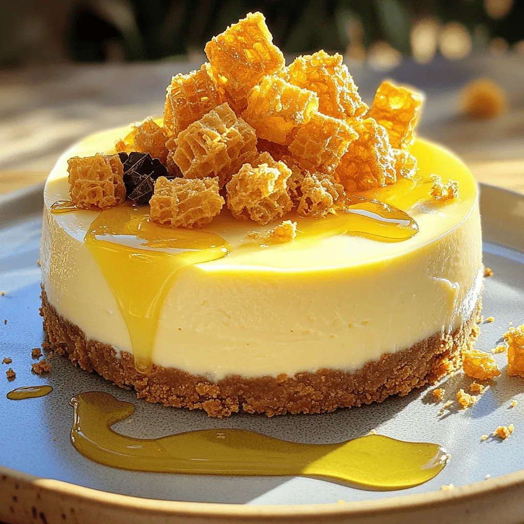 - 200g digestive biscuits, crushed - 100g unsalted butter, melted - 600g cream cheese, softened - 200g powdered sugar - 300ml heavy cream, whipped - 2 teaspoons vanilla extract - 100g honeycomb, crushed - 50g dark chocolate, grated (optional for garnish) To make a Crunchy Honeycomb Cheesecake, you need simple yet tasty ingredients. First, the base starts with crushed digestive biscuits. These give the cheesecake a nice crunch and buttery flavor. Next, you use unsalted butter to hold the crust together. For the filling, cream cheese is key. It makes the cheesecake creamy and rich. Powdered sugar adds sweetness, while heavy cream gives it a light texture. Vanilla extract boosts the flavor, making it even better. Honeycomb, the star of this dessert, adds a delightful crunch and sweetness. You can also use dark chocolate as a garnish. It adds a nice touch of bitterness, balancing the sweetness. Gather these ingredients and you're ready to create a delightful dessert! For the full recipe, check out the detailed instructions. 1. Combine crushed biscuits with melted butter. Take your crushed digestive biscuits and mix them well with the melted butter in a bowl. This mixture will form the base of your cheesecake. 2. Firmly press mixture into springform pan. Use your hands or a flat object to press the biscuit mix into the bottom of a 9-inch springform pan. Ensure it is compact so that it holds its shape. 3. Refrigerate to set crust. Place the pan in the fridge for about 30 minutes. This helps the crust to firm up and makes it easier to add the filling later. 1. Beat cream cheese until smooth. In a separate bowl, use an electric mixer to beat the softened cream cheese. Mix it until it becomes creamy and smooth. 2. Gradually add powdered sugar and mix. Slowly add the powdered sugar to the cream cheese. Continue mixing until everything is well combined and fluffy. 3. Fold in whipped cream and vanilla extract. Carefully add the whipped heavy cream and vanilla extract to the cream cheese mixture. Gently fold them in to keep the mixture light and airy. 1. Fold in crushed honeycomb. Gently mix in the crushed honeycomb. Reserve some for topping the cheesecake later. 2. Pour mixture into crust and smooth the top. Carefully pour the cream cheese mix over the set biscuit crust. Use a spatula to smooth the top so it looks nice. 3. Refrigerate until set. Cover the cheesecake with plastic wrap and refrigerate for at least 4 hours or overnight. This helps the cheesecake set properly. For the full recipe, check out the complete instructions. To make a great cheesecake, start by softening the cream cheese. Cold cream cheese can make your mixture lumpy. Let it sit at room temperature for about 30 minutes. This makes mixing easier and gives a smooth texture. When you mix the cream cheese with sugar, use a gentle hand. After you add the whipped cream, fold it in slowly. This keeps the mixture light and fluffy. Use a spatula to fold, and be careful not to stir too hard. You want air in your cheesecake for that perfect bite. Presentation is key for any dessert. Serve your cheesecake on chilled plates for a nice touch. Drizzle some honey over each slice. Add extra honeycomb pieces around the plate for a fun look. For toppings, think about using fresh berries or a scoop of vanilla ice cream. The sweet and creamy flavors pair well. A sprinkle of grated dark chocolate adds a rich finish. These ideas will make your cheesecake shine at any gathering. For the full recipe, check out the [Full Recipe]. {{image_2}} You can switch up the flavor of your Crunchy Honeycomb Cheesecake in exciting ways. - Adding fruit or chocolate flavors: Try mixing in fresh fruit like strawberries or raspberries. These fruits add a sweet and tart taste that pairs well with the creamy filling. You can also stir in cocoa powder or melted chocolate for a rich chocolate cheesecake. This adds depth and a fun twist to the classic flavor. - Swapping honeycomb for other crunchy toppings: If you want a different crunch, consider using crushed cookies or nuts. Crushed pretzels can add a salty touch, while toasted almonds or hazelnuts bring a great nutty flavor. Feel free to experiment with various toppings to find your perfect match. Adjusting your cheesecake recipe for various occasions is easy. - Scaling the recipe for different occasions: If you need to serve a crowd, simply double the ingredients. Use a larger springform pan to hold the extra batter. For smaller gatherings, halve the recipe and use a smaller pan. This way, you get the right amount for any event. - Tips on portioning and serving: When it's time to serve, use a hot knife to cut through the cheesecake. This helps get clean slices. If you want smaller portions, cut the cheesecake into bite-sized squares. This makes it perfect for parties or gatherings. Enjoy the fun of sharing this delightful dessert! To keep your Crunchy Honeycomb Cheesecake fresh, refrigerate leftovers. Place slices in an airtight container. This will help maintain its creamy texture. You can also cover the cheesecake with plastic wrap. This prevents it from absorbing other odors in the fridge. If you want longer-lasting cheesecake, freezing is a good option. Wrap the cheesecake tightly in plastic wrap. Then, wrap it again in aluminum foil. This double layer protects it from freezer burn. When you want to enjoy it again, thaw in the fridge overnight. The shelf life of your cheesecake depends on how you store it. When refrigerated, it stays fresh for about 4 to 5 days. If you have leftovers, try to eat them within this time. If you freeze it, the cheesecake can last up to 2 months. However, for the best taste and texture, I recommend eating it sooner. Always check for any signs of spoilage before enjoying your cheesecake. Honeycomb is a sweet treat made by bees. It has a crunchy texture and a rich flavor. You can find honeycomb in specialty food stores or online. Some local farmers’ markets also sell it. If you can’t find it, you can use crushed honeycomb candy instead. It gives a similar taste and texture. Yes, you can make this cheesecake in advance. It tastes even better after it sits in the fridge. I suggest making it a day ahead. Simply follow the full recipe and store it in the fridge. Cover it well with plastic wrap. This keeps it fresh and prevents any odors from other foods. Absolutely! If you need a gluten-free option, use gluten-free biscuits for the crust. For a vegan version, replace cream cheese with dairy-free cream cheese. Use coconut cream instead of heavy cream. You can also use maple syrup instead of powdered sugar for sweetness. These swaps still give you a tasty cheesecake! This blog post covered the key steps to making a tasty cheesecake. You learned about ingredients, from digestive biscuits to honeycomb, and how to create a smooth filling. I shared helpful tips to perfect the texture and ideas for serving. You can even explore variations for different tastes. Don’t forget about proper storage to keep your cheesecake fresh. Now you have the tools to create a delicious dessert at home. Have fun baking and enjoy sharing your great creations!