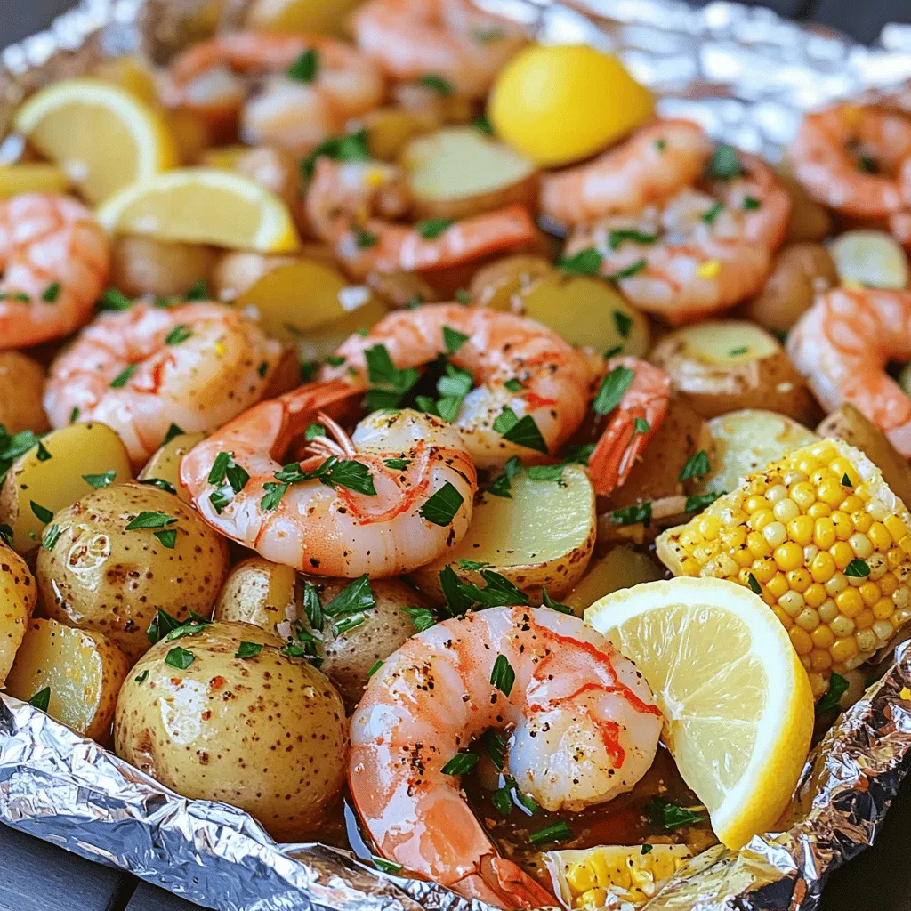 - 1 lb large shrimp, peeled and deveined - 2 cups baby potatoes, halved - 2 ears corn, cut into 1-inch pieces - 4 cloves garlic, minced - 1 lemon, juiced and zested - 3 tablespoons Old Bay seasoning - 2 tablespoons olive oil - Salt and pepper to taste - Fresh parsley, chopped (for garnish) - Lemon wedges (for serving) When I make shrimp boil foil packs, I love to use fresh ingredients. The large shrimp give a sweet flavor that pairs well with the potatoes and corn. Baby potatoes add a nice bite, while corn adds sweetness. Garlic brings a punch of flavor and zest from lemon brightens the dish. Old Bay seasoning is key for that classic seafood taste. I use olive oil to help everything cook well and keep it moist. Salt and pepper enhance all the flavors, and fresh parsley makes it look pretty. Lemon wedges add a zesty finish when serving. Each ingredient plays a role in creating a delicious meal. You can find the full recipe here for more detailed steps and tips! First, preheat your grill to medium-high heat. If you prefer, you can use your oven set to 400°F (200°C). This step is key for getting perfectly cooked shrimp. Next, prepare your aluminum foil. Cut four large pieces, each about 12x12 inches. This size is perfect for holding all the tasty ingredients. Now, let’s mix the vegetables and seasoning. In a large bowl, combine: - 2 cups baby potatoes, halved - 2 ears corn, cut into 1-inch pieces - 4 cloves garlic, minced - 1 lemon, juiced and zested - 3 tablespoons Old Bay seasoning - 2 tablespoons olive oil - Salt and pepper to taste Toss everything together until well coated. This ensures every bite bursts with flavor. It’s time to assemble the packs! Divide the vegetable mixture evenly among the four pieces of foil. Make sure each pack has a good amount of veggies. Next, add shrimp on top of each portion. Use 1 lb of large shrimp, peeled and deveined. This step adds protein and flavor to your meal. Now, it’s time to cook! Place the foil packs on the grill or in the oven. Cook for about 15-20 minutes. You want the shrimp to be pink and cooked through. The potatoes should be tender. To check for doneness, carefully open one pack. If the shrimp are pink and the potatoes are fork-tender, they are ready. Be cautious when removing the packs from the grill or oven. Allow them to cool slightly, as steam will escape when you open them. For the final touch, garnish with freshly chopped parsley and serve with lemon wedges for a burst of added flavor. To take your shrimp boil foil packs to the next level, consider adding extra spices or herbs. Some great options include: - Cajun seasoning for a kick - Fresh dill for a bright note - Smoked paprika for depth Marinating shrimp before cooking also helps. A simple blend of olive oil, lemon juice, and your favorite herbs works wonders. Let the shrimp sit for about 30 minutes. This makes them more flavorful and tender. You can cook your foil packs in different ways. Using a grill adds a nice smoky flavor. Preheat your grill to medium-high heat for best results. Alternatively, you can use an oven at 400°F (200°C). If you want a fun outdoor experience, try cooking on a campfire. Just wrap the packs tightly in foil and place them near hot coals. Check them after about 15-20 minutes to ensure they cook evenly. Pair your shrimp boil foil packs with tasty side dishes. Cornbread or a fresh green salad complements them well. You can also serve some crusty bread to soak up the juices. For a fun twist, try serving the packs directly on a big platter. Let everyone dig in! You can also add lemon wedges on the side for an extra zing. {{image_2}} You can change up the shrimp in your foil packs. Other seafood works great too! Try using scallops or crab for a different taste. Just remember to adjust cooking times as needed. Using chicken or sausage is another option. Chicken thighs or breasts can add a hearty flavor. Slice the sausage into pieces and mix them in for a savory twist. Cooking times may vary, so check for doneness. Seasonal vegetable swaps can brighten your meal. In summer, use zucchini or bell peppers. In fall, consider butternut squash or carrots. These swaps keep your dish fresh and exciting. Adding more variety helps keep things interesting. Mix in some green beans or asparagus for a crunchy bite. You can even toss in sliced mushrooms for extra flavor. Just make sure to cut them small for even cooking. For plant-based protein substitutes, try tofu or tempeh. Both absorb flavors well and add a nice texture. Marinate them like you would shrimp for the best taste. Vegetable-only foil packs are also a great choice. Use any mix of your favorite veggies. Think of broccoli, cauliflower, and sweet potatoes. These packs can be a colorful and tasty meal option. Don't forget to season well! To store cooked foil packs, let them cool first. Place the packs in an airtight container. You can also wrap them tightly in plastic wrap. This keeps the shrimp and veggies fresh. - Ideal storage containers include: - Glass containers with lids - Plastic containers that seal well For reheating, I recommend using the oven or a skillet. Both methods work well for keeping the shrimp tender. - Best methods for reheating: - Preheat the oven to 350°F (175°C). Place the foil packs on a baking sheet. - Heat in a skillet over low heat, stirring gently. - Tips for maintaining texture: - Add a splash of water to the packs before reheating. - Cover them to trap steam and keep shrimp moist. You can freeze both uncooked and cooked foil packs. Freezing raw packs is great for meal prep. Cooked packs can be a quick meal later. - Freezing uncooked vs. cooked: - Uncooked packs last about 3 months in the freezer. - Cooked packs are best eaten within 2 months. - How to properly freeze for later use: - Wrap uncooked packs tightly in foil and place in a freezer bag. - For cooked packs, let them cool completely, then store in airtight containers. You can use a variety of seasonings to change the flavor. Some great options include: - Cajun seasoning for a spicy kick - Lemon pepper for a zesty touch - Italian herbs for a fresh taste - Garlic powder for extra depth Mix and match these seasonings to find your perfect blend. Yes, you can prepare the packs a few hours in advance. Just keep them in the fridge until you are ready to cook them. This makes meal prep easier and saves time on busy days. Shrimp cooks quickly. It is done when it turns pink and opaque. A good rule is to look for a firm texture. If they curl tightly, they are likely overcooked. Definitely! You can assemble the packs ahead of time. Store them in the fridge until your guests arrive. This way, you can spend more time with your friends and less time in the kitchen. Here are some tasty sides that pair well: - Coleslaw for crunch - Garlic bread for dipping - Cornbread for a Southern twist - A fresh green salad for balance These sides can complement the shrimp boil and add to your meal. You can find the full recipe for Shrimp Boil Foil Packs in the main article. This will guide you through every step of making this delicious dish. This post outlines a tasty shrimp boil foil pack recipe. You learned about the key ingredients and steps for prepping, assembling, and cooking. I shared tips for boosting flavor and cooking method variations. You can also explore alternatives for proteins and vegetables. With these ideas, you can make a great meal for any occasion. Enjoy trying new recipes and sharing with friends!