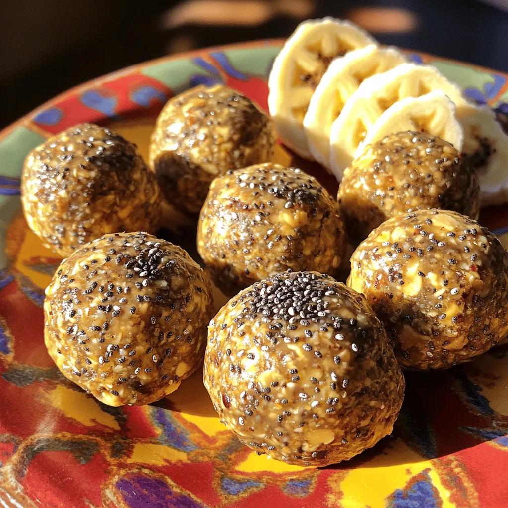 - 2 ripe bananas, mashed - 1 cup oats (rolled or quick oats) - 1/2 cup almond butter (or any nut butter of your choice) - 1/4 cup chia seeds - 1/4 cup honey or maple syrup - 1 tsp vanilla extract - 1/2 tsp cinnamon - 1/4 cup walnuts, chopped (optional) - 1/4 cup dark chocolate chips (optional) These ingredients come together to create a healthy snack. Each component plays a key role. The mashed bananas provide natural sweetness and moisture. Oats give a hearty base and fiber. Almond butter adds creaminess and healthy fats. Chia seeds are tiny but mighty, packing in nutrients. Honey or maple syrup sweetens the bites just right. - Calories per serving: About 100 calories - Protein content: Roughly 3 grams per bite - Fiber content: Approximately 2 grams per bite These bites are not only tasty but also provide essential nutrition. The protein keeps you full longer. Fiber supports digestion and helps regulate blood sugar levels. Together, they make these energy bites a smart choice for a quick snack. For the full recipe, check out the detailed instructions above. - Step 1: Mash the bananas Start by taking 2 ripe bananas. Place them in a large bowl. Use a fork to mash the bananas until they are smooth and creamy. - Step 2: Combine wet ingredients Add 1/2 cup of almond butter to the mashed bananas. Next, pour in 1/4 cup of honey or maple syrup. Add 1 tsp of vanilla extract. Mix everything well until combined. - Step 3: Mix dry ingredients In the same bowl, stir in 1 cup of oats and 1/4 cup of chia seeds. If you want, you can add 1/4 cup of chopped walnuts and 1/2 tsp of cinnamon. Mix until all the dry ingredients blend well. - Chilling the mixture Now, cover the bowl with plastic wrap. Place it in the fridge for about 30 minutes. This will help the mixture firm up. - Rolling into balls After chilling, take the mixture out of the fridge. Use your hands to grab small amounts. Roll them into balls about 1 inch in diameter. - Refrigerating the formed bites Place the rolled energy bites on a baking sheet lined with parchment paper. Refrigerate them again for another 30 minutes. This will help them hold their shape. - Storage options Once firm, transfer the bites to an airtight container. You can store them in the fridge for up to one week. Enjoy your Chia Banana Bread Energy Bites as a healthy snack! For the full recipe, check the ingredients and instructions above. - Nut butter alternatives: You can swap almond butter for peanut butter or sunflower seed butter. Each option brings a unique taste. - Sweeteners: Use honey for a floral flavor or maple syrup for a rich taste. Both work well and add sweetness. - How to make them vegan: Replace honey with maple syrup. This keeps the bites vegan and just as tasty. - Keeping the bites from sticking: Use damp hands to shape the bites. You can also sprinkle a bit of chia seeds on your hands. - Energy bites as a snack: Enjoy these bites any time. They’re great for a quick energy boost. - Adding toppings for variety: Try rolling the bites in shredded coconut or chopped nuts. This adds crunch and flavor. Check the Full Recipe for more details on making these delicious treats. {{image_2}} You can easily change the flavor of your chia banana bread energy bites. Try adding spices like nutmeg or ginger for a warm kick. These spices can make your bites more interesting. You can also add dried fruits like cranberries or raisins. They add sweetness and a chewy texture. This way, you can mix things up to keep your snacks exciting. Switching the type of nuts can change the texture. For a crunchy bite, use almonds or pecans. If you want something creamier, try cashews. You can also adjust the oats. Using quick oats gives a softer bite, while rolled oats add a nice chewiness. This flexibility lets you create a snack that suits your taste. Seasonal changes can inspire new flavors for your energy bites. In fall, you can incorporate pumpkin puree for a cozy taste. This adds moisture and nutrition, making your bites even better. When summer hits, add shredded coconut for a tropical vibe. This gives a nice chew and a hint of sweetness that brightens your snack. For the best taste, store your energy bites in an airtight container. This keeps them fresh longer. I recommend using a glass container or a high-quality plastic one. Always seal it tightly. Keeping the bites in the fridge helps maintain their texture and flavor. If you want to save some for later, freezing works well. To freeze, place the energy bites in a single layer on a baking sheet. Once frozen, transfer them to a freezer-safe bag or container. This way, they won’t stick together. When you’re ready to eat them, just take out a few bites and let them thaw at room temperature. This usually takes about 15-20 minutes. In the fridge, these bites last about one week. Keep an eye out for any signs of spoilage. If the bites smell off or have visible mold, it's best to toss them. Fresh energy bites should smell sweet and nutty. Enjoy your healthy snack without worry! Yes, you can use less sweetener. You can reduce the honey or maple syrup to suit your taste. Just remember, less sweetener might slightly change the texture. Experiment with the amount until you find your perfect balance. To make these energy bites gluten-free, use certified gluten-free oats. Many brands offer oats that are processed in gluten-free facilities. This way, you avoid cross-contamination and keep your bites safe for everyone. Absolutely! These energy bites are great for kids. They are full of nutrients and energy. Chia seeds add protein and fiber, which help kids feel full and happy. Plus, the banana and nut butter give them a yummy taste. Chia seeds are tiny powerhouses. They contain omega-3 fatty acids, which are good for your heart. They also have lots of fiber, helping with digestion. Chia seeds are high in protein, too, making them a perfect addition to energy bites and many other meals. These energy bites offer a tasty mix of health and flavor. You learned about simple ingredients like bananas, oats, and nut butter. We went over the steps, storage tips, and how to customize them. Wrap them in fun flavors or adjust the sweetness to fit your taste. Whether for a quick snack or a treat for kids, these bites are perfect. Enjoy making these bites your own, and savor the energy they bring!