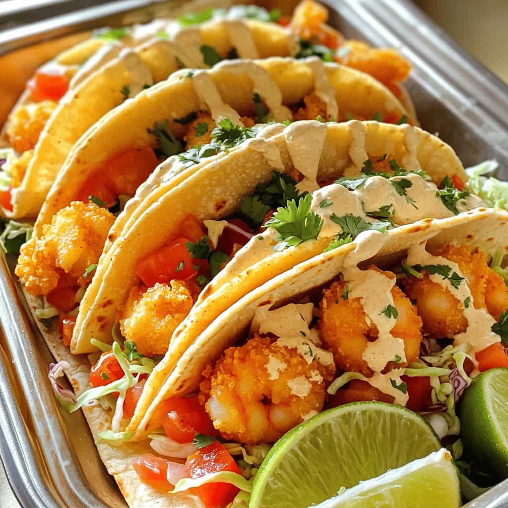 - 1 pound shrimp, peeled and deveined - 1 cup buttermilk (or dairy-free alternative) - 1 cup all-purpose flour - 1/2 cup cornstarch - 2 teaspoons paprika - 1 teaspoon garlic powder - 1 teaspoon cayenne pepper (adjust to taste) - Salt and pepper to taste - Oil for frying The main star of this dish is the shrimp. I love using fresh shrimp for the best flavor. Buttermilk helps make the shrimp tender. It also adds a nice tang. The flour and cornstarch mix gives the shrimp that crispy texture. The spices like paprika and cayenne give a bit of heat. You can adjust the cayenne to your taste. Salt and pepper are essential for seasoning. - 1/2 cup mayonnaise - 2 tablespoons sweet chili sauce - 1 tablespoon sriracha (adjust to taste) - 1 teaspoon honey (or agave syrup for vegan option) - Juice of 1 lime The Bang Bang sauce is what makes these tacos special. It has a creamy base from the mayonnaise. Sweet chili sauce adds sweetness and a hint of spice. Sriracha brings some heat, and you can adjust it if you want it spicier. Honey adds a touch of sweetness, but you can swap it with agave for a vegan option. Fresh lime juice brightens the sauce and makes it tangy. - 8 small corn tortillas - 1 cup shredded cabbage - 1/2 cup diced tomatoes - 1/4 cup chopped fresh cilantro - Lime wedges for serving For the tacos, I use small corn tortillas. They hold the filling perfectly. Shredded cabbage adds crunch and freshness. Diced tomatoes add color and sweetness. Fresh cilantro gives a nice herbal flavor. Don’t forget lime wedges for squeezing over the tacos. They add a zesty kick. For the full recipe, check out the sections below. To make the Bang Bang sauce, start with a small bowl. Add the mayonnaise, sweet chili sauce, sriracha, honey, and lime juice. Whisk everything together until smooth. This sauce gives the tacos their signature flavor. Once mixed, set the sauce aside. It can stay at room temperature while you prepare the shrimp. Next, take the shrimp and place them in a medium bowl. Pour the buttermilk over the shrimp. This step helps the shrimp stay juicy. Let them marinate for at least 15 minutes. While the shrimp soak, prepare the dry mixture. In another bowl, mix the flour, cornstarch, paprika, garlic powder, cayenne, salt, and pepper. This mix will create a crunchy coating for the shrimp. Now it’s time to cook the shrimp. In a large skillet, heat about 1/2 inch of oil over medium-high heat. You want the oil to be hot, but not smoking. Carefully add the coated shrimp in batches. Fry them for 2-3 minutes on each side. Look for a golden brown color and a crispy texture. Once done, remove the shrimp and let them drain on a paper towel. To assemble the tacos, start by warming the corn tortillas. You can do this in a dry skillet or microwave. Place a handful of shredded cabbage on each tortilla. Next, add 2-3 pieces of crispy shrimp on top. Then, sprinkle diced tomatoes over the shrimp. Finally, drizzle the Bang Bang sauce on top and add fresh cilantro. Your tacos are now ready to enjoy. For a zesty touch, serve with lime wedges on the side. For the complete recipe, check out the [Full Recipe]. To get the best shrimp texture, marinating is key. I suggest marinating the shrimp for at least 15 minutes. This step helps the shrimp absorb the buttermilk. It also makes them tender and flavorful. If you have time, marinate for 30 minutes for even better results. Next, pay attention to the frying temperature. Heat the oil to medium-high. The oil should shimmer but not smoke. If the oil is too hot, your shrimp may burn. If it’s too cool, they will soak up oil and become greasy. Aim for around 350°F (175°C) for perfect frying. Adjusting spice levels can make a big difference. Start with the cayenne pepper in the flour mix. You can add more if you like heat. If you want a milder flavor, reduce the amount. You can also try adding some smoked paprika for a deeper taste. For extra flavor, consider toppings and garnishes. Shredded cabbage gives crunch. Diced tomatoes add freshness. Fresh cilantro is a must for brightness. You can also add sliced jalapeños for some zing or avocado for creaminess. Pairing drinks with your tacos can elevate the meal. A light beer or crisp white wine works well. If you prefer non-alcoholic options, try a fresh limeade or sparkling water with lime. For creative plating, stack the tacos in a row on a large platter. This makes a striking display. You can also serve lime wedges in a small bowl for easy access. Add a few sprigs of cilantro around the tacos for color. This makes the dish look even more appealing. For the full recipe, visit the Bang Bang Shrimp Tacos section. {{image_2}} Baking Bang Bang Shrimp Baking is a healthier choice. Preheat your oven to 400°F. Coat the shrimp with oil and seasonings. Spread them on a baking sheet. Bake for about 15 minutes. This method keeps the shrimp juicy and crisp. Grilling options Grilling adds a smoky flavor. Skewer the shrimp for easy handling. Preheat your grill to medium-high heat. Grill the shrimp for 2-3 minutes on each side. This method gives a nice char and enhances the taste. Using different tortillas You can switch up the tortillas. Try flour, whole wheat, or even lettuce wraps. Each option changes the texture and flavor. Corn tortillas are traditional, but feel free to explore. Alternative fillings Get creative with fillings! Add avocado, black beans, or even grilled veggies. These add nutrition and different tastes. You can also use other proteins, like chicken or tofu, for a twist. Vegan sauce adaptation To make a vegan sauce, swap mayonnaise for a plant-based option. Use silken tofu or vegan mayo. Keep the sweet chili sauce and lime juice. This way, you still get that creamy, tangy flavor. Spiciness adjustments Adjust the heat to your liking. Use less cayenne for mild flavors. You can add more sriracha for extra kick. Always taste as you mix. This keeps the sauce balanced and tasty. For the full recipe, check out the Bang Bang Shrimp Tacos section above. To keep your Bang Bang Shrimp Tacos fresh, use airtight containers. Glass containers work well, but any plastic container with a lid will do. Layer the shrimp and toppings separately to avoid sogginess. Place a piece of wax paper between layers. This helps the tacos stay crisp longer. You can freeze leftover shrimp and sauce for later use. First, let the shrimp cool. Then, place them in a freezer-safe bag. For the sauce, pour it into a small container. Seal both bags tightly, removing as much air as possible. When ready to eat, thaw the shrimp in the fridge overnight. Reheat them in a skillet over low heat until warm. In the fridge, your leftover tacos last about three days. If they smell funny or look off, it’s best to toss them. Always check for signs of spoilage. If the shrimp feels slimy or has a strange color, do not eat it. Stay safe and enjoy your Bang Bang Shrimp Tacos fresh from the kitchen! For the full recipe, click here [Full Recipe]. For Bang Bang Shrimp Tacos, you can use either fresh or frozen shrimp. Fresh shrimp offer a sweet taste and firm texture. However, frozen shrimp are convenient and often just as tasty. If you choose frozen shrimp, thaw them in the fridge overnight for the best results. Look for shrimp that are peeled and deveined to save prep time. Yes, you can make Bang Bang Sauce ahead of time. Store it in an airtight container in the fridge. It will stay fresh for about a week. This sauce gets better as it sits, allowing the flavors to meld. Just give it a quick stir before using. To make these tacos gluten-free, you can swap regular flour for a gluten-free blend. Cornstarch is already gluten-free, making it a great option for the coating. Choose gluten-free corn tortillas for a complete gluten-free meal. You can find Bang Bang Shrimp Tacos at many seafood or Asian-inspired restaurants. Popular chains like Bonefish Grill serve a well-known version. For local options, use apps like Yelp or Google Maps. Search for “Bang Bang Shrimp Tacos” to find nearby spots. Bang Bang Shrimp Tacos combine tasty shrimp, rich sauce, and fresh veggies. This recipe guides you through making the perfect dish with easy steps and helpful tips. Remember, you can try different cooking methods and modify ingredients to suit your taste. Whether you fry, bake, or grill, customizing your tacos brings fun to your meals. Keep the leftovers fresh, and enjoy them later! Now, gather your ingredients and start cooking these delicious tacos today. You’ll impress your family and friends with your skills.