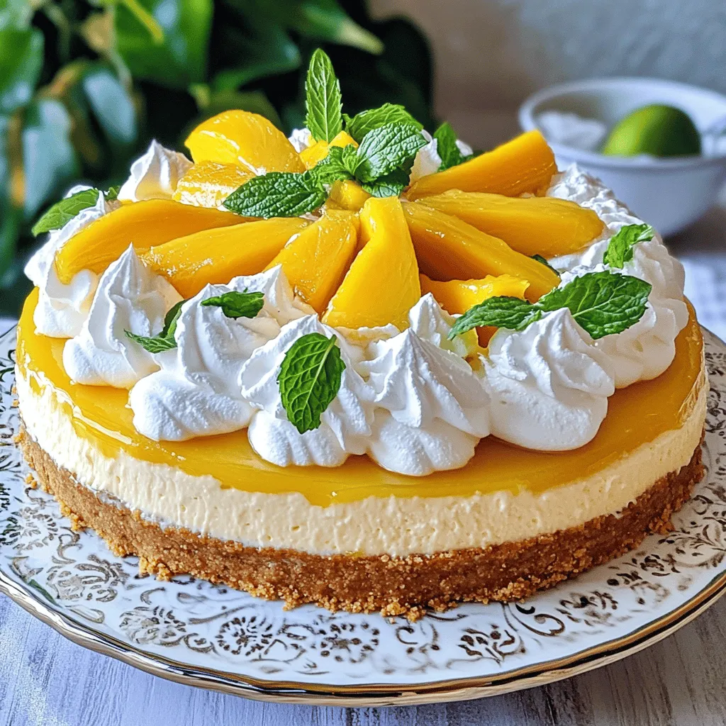 To make a Tropical Mango Cheesecake, you need a few key ingredients. Here’s what you will need: - 1 ½ cups graham cracker crumbs - ½ cup unsalted butter, melted - 2 cups cream cheese, softened - 1 cup sugar - 1 teaspoon vanilla extract - 3 large eggs - 1 cup fresh mango puree - 1 tablespoon lime juice - 1 teaspoon lime zest - 1 cup whipped cream (for topping) - Fresh mango slices and mint leaves for garnish Each ingredient plays an important role. The graham cracker crumbs form the crust, while the cream cheese creates the creamy filling. The mango puree adds a fruity flavor, and lime juice brightens up the taste. Using fresh mango is key for the best flavor. You can make your own puree by blending ripe mangoes until smooth. This cheesecake is rich and creamy, making it a perfect dessert for any occasion. For the full recipe, follow the steps in the next section. Enjoy your cooking! First, preheat your oven to 325°F (160°C). Grease a 9-inch springform pan well. You can use cooking spray or butter for this step. This will help the cheesecake come out easily after baking. Next, grab a medium bowl. Combine 1 ½ cups of graham cracker crumbs with ½ cup of melted butter. Mix until it's all well combined. Press this mixture firmly into the bottom of the springform pan. This creates a tasty base for your cheesecake. Bake the crust for 10 minutes, then take it out to cool. In a large mixing bowl, beat 2 cups of softened cream cheese using an electric mixer. Mix on medium speed until smooth and creamy. Gradually add in 1 cup of sugar. Keep mixing until it blends well. Now, add 1 teaspoon of vanilla extract to the mix. Carefully add the 3 large eggs, one at a time. Mix each egg in until just blended. Be careful not to overmix, as this can affect the cheesecake's texture. Next, fold 1 cup of fresh mango puree into the cream cheese mixture. You can make the puree by blending about 2 ripe mangoes until smooth. Also, add 1 tablespoon of lime juice and 1 teaspoon of lime zest. Gently mix until everything is combined. Pour the creamy filling over your cooled crust in the springform pan. Bake this in the oven for 50-60 minutes. The center should be set but slightly jiggly. After baking, turn off the oven. Crack the oven door open and let the cheesecake cool inside for 1 hour. This helps prevent cracks. After that, take it out and let it cool completely at room temperature. Refrigerate for at least 4 hours, or even better, overnight. Before you serve, whip 1 cup of cream until it forms soft peaks. Spread this whipped cream on top of the cheesecake. Add fresh mango slices and mint leaves for a pretty garnish. Now, you’re ready to enjoy this tropical delight! For the complete recipe, refer to the Full Recipe. To make a creamy cheesecake, start with room temperature cream cheese. Cold cream cheese can create lumps. When mixing, use a hand mixer on low speed. This helps keep the mixture smooth. Mix just until combined, and avoid overmixing. Overmixing can add too much air and make the cheesecake dense. Cracking happens when the cheesecake cools too fast. To keep it smooth, cool the cheesecake slowly. After baking, turn off the oven and leave the door cracked. Let the cheesecake sit in the warm oven for one hour. This step helps it cool evenly. Once it's at room temperature, chill it in the fridge for at least four hours. For a fluffy topping, use cold heavy cream. Whip it in a chilled bowl for the best results. Start at low speed, then increase as it thickens. Add a bit of sugar and vanilla extract for flavor. Whip until soft peaks form, but don’t overwhip. You want it light and airy, not grainy. For more detailed steps on making this delightful dessert, check out the Full Recipe. {{image_2}} You can add different fruits to your mango cheesecake. Consider using pineapple, passion fruit, or even coconut. Each fruit gives a new flavor. Try mixing in diced fruits or purees for extra taste. You can create a fruit swirl by gently folding in purees before baking. This gives a fun look and more fruity flavor. Do you need a substitute? You can use yogurt instead of cream cheese for a lighter version. You can also swap graham cracker crumbs with crushed cookies, like vanilla wafers. If you want a vegan option, try using a plant-based cream cheese. This way, you can enjoy the same creamy texture without dairy. For a gluten-free mango cheesecake, use gluten-free graham cracker crumbs. Many stores sell these now. You can also make your own by crushing gluten-free cookies. This way, you can enjoy a delicious treat without gluten. Just remember to check all ingredient labels for hidden gluten. For the best taste, follow the full recipe closely. Once you finish serving the Tropical Mango Cheesecake, store any leftovers properly. First, cover the cheesecake with plastic wrap or aluminum foil. This keeps it fresh and prevents it from absorbing other odors in your fridge. Place it in the fridge for up to five days. Always use a clean knife for cutting to avoid contamination. If you want to keep the cheesecake for longer, freezing is a good option. First, let the cheesecake cool completely in the fridge. Then, wrap it tightly in plastic wrap. After that, place it in an airtight container or a heavy-duty freezer bag. It can last up to three months in the freezer. To serve, simply thaw it in the fridge overnight before enjoying. The Tropical Mango Cheesecake stays fresh for about five days in the fridge. If you freeze it, it can last up to three months. Always check for any signs of spoilage, like an off smell or change in texture. Keeping it stored correctly helps maintain its rich and creamy delight. For the full recipe, refer back to the earlier section. Yes, you can use frozen mango. Just thaw it first. Drain any excess water. This helps keep the cheesecake creamy. Fresh mango gives the best flavor, but frozen works well too. To check if your cheesecake is done, look for a slight jiggle in the center. The edges should be set while the middle remains soft. It will firm up as it cools. You can also use a toothpick. Insert it in the center; it should come out mostly clean. Serve this cheesecake with fresh fruit, like mango slices or berries. A drizzle of mango sauce adds a nice touch. You might enjoy a scoop of vanilla ice cream too. Mint leaves make a great garnish, adding color and flavor. For the full recipe, check out the details above. This blog guided you through making a Tropical Mango Cheesecake. We covered the ingredients, steps, tips, and variations. You learned how to create a creamy cheesecake and avoid cracks. Remember, this dessert can shine with fresh fruit or gluten-free swaps. Store leftovers wisely, and enjoy this treat for days. With practice, your cheesecake skills will soar. Dive into this recipe, and delight in each bite. Happy baking!