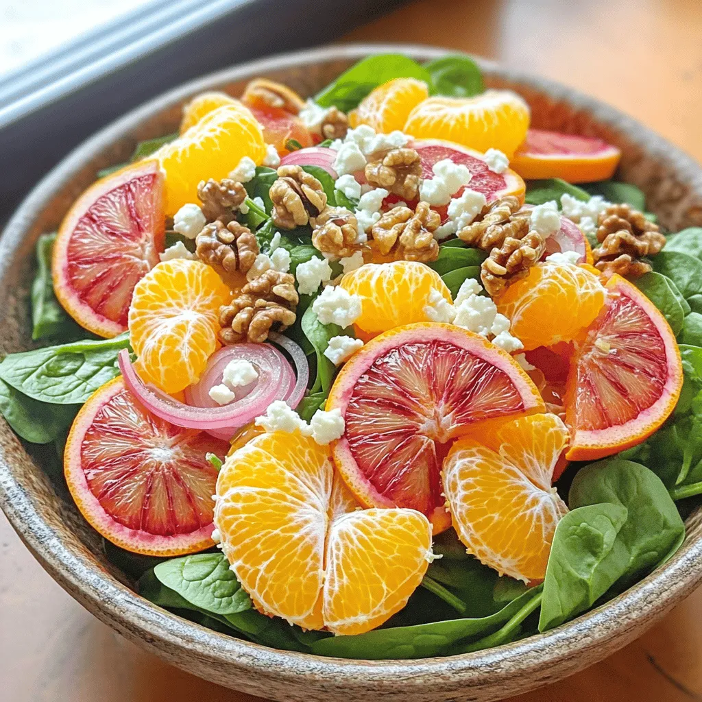 - 2 oranges, segmented - 1 grapefruit, segmented - 1 blood orange, segmented - 1 cup baby spinach - ½ cup feta cheese, crumbled - ¼ cup red onion, thinly sliced - ½ cup walnuts, toasted - 3 tablespoons olive oil - 2 tablespoons honey - 1 tablespoon apple cider vinegar - Salt and pepper, to taste Gather these fresh ingredients to make a vibrant citrus salad. I love using a mix of sweet and tangy citrus fruits. The oranges add sweetness, while the grapefruit brings a zesty kick. A blood orange adds a beautiful color and taste. Baby spinach gives the salad a nice green base. For the extra flavor, I like to add crumbled feta cheese. It pairs well with the citrus. Thinly sliced red onion gives a nice crunch and a bit of sharpness. Toasted walnuts add a lovely nutty flavor and crunch. The dressing is simple but effective. Olive oil makes it rich, while honey adds sweetness. Apple cider vinegar gives the salad a bright tang. Finally, a pinch of salt and pepper rounds out the flavors. You can find the full recipe with detailed steps to help you make this delightful salad. Enjoy the fresh, colorful taste! To segment citrus fruits, start by cutting off the tops and bottoms. This helps the fruit stand up. Next, slice the peel away, following the curve of the fruit. Segment each fruit over a bowl to catch the juice. This juice adds flavor to your salad. Always use fresh ingredients for the best taste. Fresh citrus gives a burst of flavor and zest. In a large bowl, combine baby spinach with the citrus segments. The mix of colors and textures looks great. Add crumbled feta cheese for creaminess. Thinly sliced red onion gives a nice bite. Toss these ingredients gently to keep the spinach from wilting. For the dressing, whisk together olive oil, honey, and apple cider vinegar in a small bowl. This mix should be smooth and well-combined. Add a pinch of salt and pepper for taste. If the dressing is too thick, add a little more olive oil. This will help it coat the salad evenly. Pour the dressing over the salad and toss gently. Enjoy the fresh flavors of your Citrus Salad! Try the full recipe for a delightful experience. To make a great citrus salad, start with fresh fruits. Look for seasonal options like oranges and grapefruits in winter. They taste best and are juicy then. When picking fruits, check for firmness and vibrant color. Ripe citrus should feel heavy for its size. Give it a slight squeeze; it should feel slightly soft but not too mushy. You can prepare this salad in advance to save time. Cut the fruits and make the dressing a day before serving. Store the citrus segments in an airtight container. Keep the dressing in a separate jar. This way, the salad stays fresh and crisp. Combine everything right before you serve. It ensures the salad tastes its best. To boost flavor, consider adding fresh herbs like mint or basil. They add a nice touch. For the dressing, adjust sweetness with more honey or acidity with extra vinegar. Taste as you go to find the right balance. You want a nice zing without it being too sweet or sour. Each bite should burst with flavor. [Full Recipe] for Zesty Citrus Bliss Salad is a great way to enjoy these tips! {{image_2}} You can switch up the nuts and cheeses in this salad. Instead of walnuts, try pecans or almonds. They add a nice crunch and a different flavor. For cheese, goat cheese works well too. It gives a creamy texture that pairs nicely with the citrus. You can also use mixed greens, like arugula or kale, instead of baby spinach. These greens add a peppery taste and extra nutrients to your dish. Berries can add a fun twist to your citrus salad. Blueberries or strawberries mix well with the sweet and tart flavors. Their juicy bites enhance the overall taste. You might also want to try different vinegars. Balsamic vinegar can add depth, while rice vinegar gives a lighter touch. Experimenting with flavors can lead to a new favorite salad. Using a yogurt-based dressing is a great idea. It adds creaminess without being too heavy. You can mix plain yogurt with lemon juice and herbs for a fresh taste. Another option is to infuse your oils. Try adding herbs like basil or rosemary to your olive oil. This adds a unique flavor to your dressing. These variations keep the salad exciting and new. For the full recipe, check out the Zesty Citrus Bliss Salad. To keep your citrus salad fresh, store components separately. This helps maintain crispness and flavor. Use airtight containers for storage. Glass or plastic containers with tight lids work best. Citrus fruits can last about a week in the fridge. Oranges and grapefruits stay fresh longer. For prepared salads, consume them within two days. This helps ensure you enjoy vibrant flavors. You should not freeze citrus salad. Freezing changes the texture of the fruits. If you want to freeze citrus, segment the fruits first. Thaw them slowly in the fridge to retain some flavor. To cut citrus, start by trimming the tops and bottoms off the fruit. This allows it to stand steady. Next, use a sharp knife to slice the peel off. Follow the curve of the fruit to reduce waste. Once peeled, hold the fruit over a bowl to catch juices. Cut between the membranes to create segments. This method ensures you get all the sweet juice without much mess. Citrus fruits are packed with vitamin C. They boost your immune system and help your skin. They also contain fiber, which aids digestion. Spinach adds iron and vitamins A and K. Together, they create a nutrient-rich salad that promotes good health. Eating citrus salads can improve your overall well-being and keep you feeling great. Yes, you can easily turn citrus salad into a meal. Add proteins like grilled chicken, shrimp, or chickpeas. This makes the dish filling and satisfying. For a complete meal, serve it with whole grain bread or quinoa on the side. These pairings complement the flavors and add nutrition. For the complete Zesty Citrus Bliss Salad recipe, check out the recipe section above. This blog post detailed how to create a fresh and tasty citrus salad. You learned about essential ingredients, from oranges to feta cheese. I shared steps to prepare citrus fruits and mix them with spinach. Plus, I provided tips for selecting fruits and making ahead. You can switch ingredients for fun variations and store your salad well. Enjoy the burst of flavors in your salad. It boosts your meals and health!