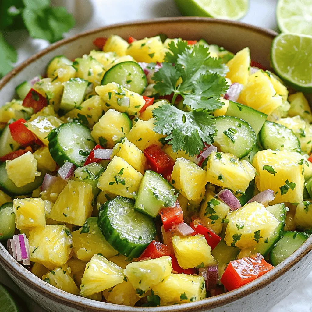 To make a vibrant pineapple cucumber lime salad, you need the following main ingredients: - 2 cups fresh pineapple, diced - 1 medium cucumber, diced - 1 red bell pepper, diced - 1/4 red onion, finely chopped - 1 jalapeño, deseeded and minced (optional for spice) - 1/4 cup fresh cilantro, chopped - Juice of 2 limes - 1 tablespoon honey (or agave syrup for vegan) - Salt and black pepper to taste These ingredients bring a burst of flavor and color. Fresh pineapple adds sweetness, while cucumber gives a refreshing crunch. You can enhance your salad with a few optional ingredients: - Avocado, diced - Chopped green onions - Crumbled feta cheese - Toasted sunflower seeds Adding avocado makes the salad creamier. Green onions add a mild onion flavor. Feta cheese gives a salty taste, while seeds add crunch. If you have dietary needs, consider these substitutions: - Replace honey with maple syrup for a vegan option. - Use lime juice with lemon juice if you need a different flavor. - Swap cilantro with parsley if you dislike it. These substitutions keep the salad tasty while meeting different dietary preferences. By mixing and matching, you can create a salad that works for everyone! Start by gathering your ingredients. You need fresh pineapple, cucumber, red bell pepper, and red onion. Dice the pineapple and cucumber into small, bite-sized pieces. Chop the red bell pepper and finely slice the red onion. If you like spice, mince the jalapeño and add it to the mix. Place all these ingredients in a large mixing bowl. This base gives your salad a bright and crunchy texture. In a small bowl, squeeze the juice from two limes. Add one tablespoon of honey or agave syrup if you prefer a vegan option. Whisk these together until they blend well. The lime juice adds a zesty kick to your salad. It balances the sweetness of the pineapple too. This dressing is simple, but it makes a big difference. Pour your lime dressing over the salad base in the bowl. Gently toss everything together so that each piece gets coated. Next, add chopped cilantro and season with salt and black pepper. Toss again carefully to mix. Let the salad sit for about 10 minutes. This allows the flavors to blend well. Serve it in a beautiful bowl. Add lime wedges and a sprig of cilantro on top for a fresh look. Enjoy your Pineapple Cucumber Lime Salad! For the full recipe, check the detailed instructions above. Cutting your fruits and veggies right makes a big difference. Use a sharp knife for clean cuts. Start by peeling the cucumber, then slice it in half lengthwise. Scoop out the seeds for less water. Cut into half-moons for nice bites. For pineapple, slice off the top and bottom, then peel the skin. Cut the fruit into even chunks. This helps everything mix well. Want more flavor? Try adding a pinch of chili powder for heat. You can also add a splash of coconut milk for richness. A few slices of avocado give creaminess. For a tangy kick, consider adding a dash of vinegar. Fresh herbs like mint or basil can elevate the taste too. Serve this salad cold for a refreshing treat. A beautiful bowl makes a big impact. Add lime wedges and cilantro on top for color. Pair it with grilled chicken or fish for a full meal. You can also enjoy it as a light snack. The flavors stay bright and tasty, making it a crowd-pleaser. For the full recipe, check out the complete guide. {{image_2}} You can add more fun to your pineapple cucumber lime salad. Try diced mango for a sweeter twist. If you like berries, toss in some strawberries or blueberries. They add color and flavor. For a crunch, add some chopped nuts like cashews or almonds. These add a nice bite and extra nutrients. You can also try shredded coconut for a tropical touch. Each add-in brings its own taste and texture. The dressing is key to this salad. If you want a creamier taste, try adding yogurt. Mix it with lime juice for a tangy twist. For a spicy kick, add a dash of sriracha or hot sauce. If you prefer a sweeter dressing, use maple syrup instead of honey. Each option gives the salad a new vibe. Don’t be afraid to mix and match until you find what you love! You can switch up the ingredients based on what's in season. In summer, fresh peaches or cherries work great. They add sweetness and juiciness. In fall, diced apples can give a nice crunch and flavor. If you want a hearty touch in winter, consider adding roasted butternut squash. Each season brings new flavors to explore. This keeps your salad fresh and exciting all year round. For the full recipe, click here. To keep your Pineapple Cucumber Lime Salad fresh, use an airtight container. Place the salad in the fridge right after you serve it. This helps to keep the flavors bright. Avoid mixing the salad with the dressing if you plan to store it. Store the dressing separately to keep ingredients crisp. This salad stays fresh for about 2 days in the fridge. After that, the pineapple and cucumber can become mushy. Check for any off smells or changes in texture before eating. If it looks or smells odd, it’s best to toss it. You don’t need to heat this salad. It’s best served cold. If it sits for a while, it may lose some crunch. To refresh it, add a squeeze of lime juice. This will bring back its zing. If you stored the dressing separately, mix it in just before serving. This keeps everything tasting fresh and bright. For the full recipe, check out the details above. This salad is low in calories and high in vitamins. Each serving has about: - Calories: 100 - Carbohydrates: 25g - Fiber: 3g - Sugars: 10g - Protein: 2g - Fat: 0g Pineapple brings vitamin C and manganese. Cucumber adds hydration and fiber. Together, they make a healthy choice. Yes, you can make this salad ahead. It tastes even better after resting. I recommend making it up to 2 hours before serving. Just keep it in the fridge. If you wait longer, the cucumber may get soggy. This salad pairs well with grilled chicken or fish. It also complements tacos or burritos. For a light meal, serve it with quinoa or rice. You can also enjoy it with corn chips for a fun crunch. Check out the [Full Recipe] for more ideas! Pineapple Cucumber Lime Salad is simple and tasty. You learned about key ingredients, step-by-step prep, and helpful tips. You can add twists with optional ingredients and swaps for taste. Remember to store leftovers well for fresh meals later. Enjoy this salad with friends or as a healthy snack. You can mix flavors and make it your own. Dive in and try it today!