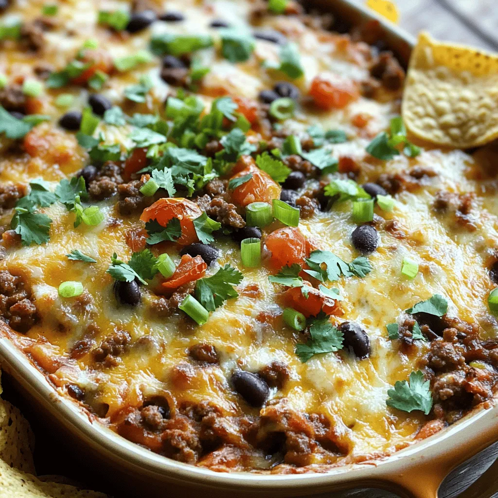 - Ground beef - Spicy sausage - Cream cheese - Sour cream - Black beans - Diced tomatoes with green chilies - Shredded cheddar cheese - Shredded Monterey Jack cheese - Taco seasoning - Jalapeño (optional) - Tortilla chips for serving This Meaty Texas Trash Dip bursts with savory goodness. Each ingredient plays a key role. The ground beef and spicy sausage provide a hearty base. Cream cheese and sour cream add smoothness and richness. Black beans and diced tomatoes bring texture and flavor. I love using a mix of shredded cheddar and Monterey Jack cheese. It creates a melty, gooey topping that makes everyone want more. Taco seasoning ties it all together with zesty notes. If you want extra heat, add diced jalapeños. They give the dip a spicy kick. When serving, don’t forget the tortilla chips. They are perfect for scooping up the dip. Arrange them around the dish for a colorful and inviting presentation. You can find the full recipe in the article to guide you through each step. Enjoy this dip at your next gathering! Cooking the meat Start by heating a large skillet over medium heat. Add 1 pound of ground beef and 1 pound of spicy sausage. Cook the meat until it turns brown and is fully cooked. Use a spoon to break the meat into smaller pieces as it cooks. Once done, drain any extra fat from the skillet. Incorporating creamy ingredients Next, reduce the heat to low. Add an 8-ounce package of softened cream cheese and 1 cup of sour cream to the skillet. Stir the mixture until the cream cheese melts and blends well with the meat. This creamy base makes the dip rich and smooth. Adding mix-ins and seasoning Now, it's time to add more flavor. Mix in 1 can of black beans, drained and rinsed, and 1 can of diced tomatoes with green chilies. Sprinkle in 2 tablespoons of taco seasoning for that zesty kick. If you like heat, add a diced jalapeño. Stir everything until it's well combined and heated through. Melting the cheese Add half of the shredded cheddar cheese and half of the Monterey Jack cheese to the dip mixture. Stir until the cheese melts and spreads evenly throughout the dip. This step adds a gooey texture that everyone loves. Baking to perfection Transfer the dip mixture to a baking dish. Smooth the top with a spatula. Sprinkle the rest of the cheddar and Monterey Jack cheese over the dip. Bake it in a preheated oven at 350°F for about 15 to 20 minutes. You want the cheese to be bubbly and golden. Once finished, let it cool slightly before serving. For the full recipe, check out the detailed instructions. Enjoy your delicious Meaty Texas Trash Dip! To make the best Meaty Texas Trash Dip, focus on a few key points. - Achieving the right consistency: Aim for a creamy texture. If it’s too thick, add a splash of milk. If it’s too runny, cook it a bit longer. Stir often to help it blend well. - Balancing flavors with spices: Use taco seasoning wisely. Start with two tablespoons, then adjust to your taste. Adding a pinch of garlic powder or onion powder can enhance the flavor. - Importance of using fresh ingredients: Freshness matters! Use fresh jalapeños for heat and fresh herbs for a burst of color. This makes each bite pop with flavor. Make your dip even more fun with these ideas. - Recommended garnishes: Add chopped cilantro or sliced green onions on top. This adds a fresh touch and makes the dip look great. - Best tortilla chips to use: Choose sturdy tortilla chips. They need to hold up to the thick dip. Look for thick-cut or restaurant-style chips for the best experience. By keeping these tips in mind, your Meaty Texas Trash Dip will impress everyone. Enjoy every cheesy, meaty bite! {{image_2}} You can change the meats in this dip. Use ground turkey or chicken for a leaner option. You might also try chopped steak or pulled pork for a fun twist. If you're going meatless, use plant-based crumbles or lentils. Both work great and keep the dip hearty. Cheese choices can also vary. Instead of cheddar and Monterey Jack, you can use pepper jack for extra spice. A mix of cream cheese and goat cheese gives a tangy flavor. Experiment with your favorites to find what you love. Want some heat? Add more jalapeños or use hot sauce. You can even mix in diced habaneros for a fiery kick. If you prefer milder flavors, bell peppers or sweet corn work well too. They add sweetness and crunch. Adding vegetables boosts flavor and nutrition. Try mixing in diced onions, green peppers, or mushrooms. Spinach or kale can also sneak in some greens. These changes can make your dip even better. Enjoy your own unique version of Meaty Texas Trash Dip! To store leftover Meaty Texas Trash Dip, first let it cool. Place the dip in an airtight container. Make sure to seal it well to keep it fresh. Store the container in the fridge. It will last for about 3 to 4 days. Use glass or plastic containers that are safe for the fridge. This helps keep the flavors intact. When you want to reheat the dip, do it slowly. Use a microwave or oven. In the microwave, heat it in short bursts. Stir after each interval to keep it even. If using an oven, preheat it to 350°F (175°C). Place the dip in a baking dish and cover it with foil. Heat for about 15 minutes or until warm. This way, you keep the creamy texture. You can also serve this dip cold. It works great as a layered dip. Just layer it in a dish and enjoy with tortilla chips. This gives you a different taste that is just as fun! Can I make this dip ahead of time? Yes, you can make this dip ahead of time. Just prepare it, and let it cool. Store it in the fridge until you are ready to bake it. This way, you save time on party day. How can I make it spicier? To add spice, use more jalapeños or hot sauce. You can also add diced green chilies for extra heat. Adjust spice levels to your taste. What can I serve with it besides tortilla chips? You can serve this dip with veggies like carrots and celery. Pita chips or crackers also work well. Get creative with your dippers! Can I use canned beans instead of dried? Yes, canned beans are a great option. They are quick and easy to use. Just make sure to drain and rinse them well before adding to the dip. How long does it last in the fridge? It can last about 3 to 4 days in the fridge. Store it in an airtight container to keep it fresh. Reheat it before serving for the best taste. Can it be frozen for later use? Yes, this dip can be frozen. Just let it cool completely, then store it in a freezer-safe container. When ready to eat, thaw it in the fridge and reheat. Is it gluten-free? Yes, this dip can be gluten-free. Just check the labels on your ingredients, like taco seasoning and chips. Most are gluten-free, but it's best to confirm. How to make it dairy-free? To make it dairy-free, swap cream cheese and sour cream for dairy-free alternatives. Use plant-based cheese for the topping. This way, you keep the flavor without the dairy. This dip combines savory meats and creamy ingredients to create a delightful dish. We explored essential ingredients like ground beef, spicy sausage, and cheeses that boost flavor. You learned step-by-step how to cook and bake for the best texture. We also covered tips for achieving balance and suggested garnishes for serving. Remember, storage and reheating are key to enjoying leftovers. Whether you want variations or dietary adjustments, this dip balances taste and convenience. Dive into your kitchen and savor this meaty dish any way you like!