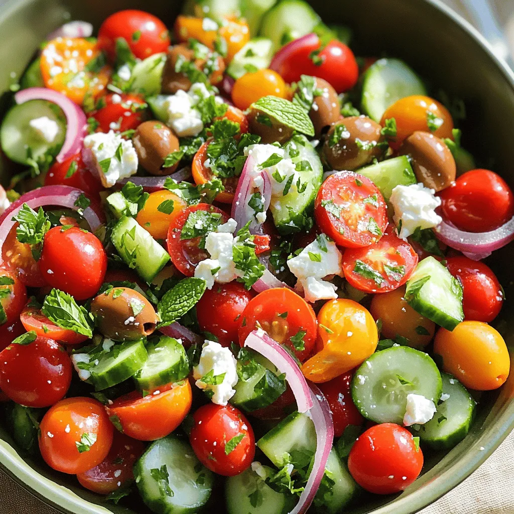 - 1 cup cherry tomatoes, halved - 1 cucumber, diced - 1 red bell pepper, diced - 1/2 red onion, thinly sliced Fresh vegetables are key to a vibrant Mediterranean salad. Cherry tomatoes add sweetness. Dice the cucumber for a crisp bite. The red bell pepper gives a pop of color. Slice the red onion thinly for flavor without overpowering the dish. - 1 cup Kalamata olives, pitted and halved - 1 cup feta cheese, crumbled - 1/4 cup fresh parsley, chopped - 1/4 cup fresh mint, chopped Kalamata olives enhance the salad with their briny taste. Feta cheese adds creaminess and saltiness. Fresh parsley and mint bring brightness and freshness. These ingredients make the salad not just tasty but also a feast for the eyes. - 3 tablespoons olive oil - 2 tablespoons lemon juice - 1 teaspoon dried oregano - Salt and pepper to taste The dressing ties everything together. Olive oil gives richness, while lemon juice adds zing. Dried oregano provides a classic Mediterranean flavor. Don't forget to season with salt and pepper for balance. For the full recipe, check out the Mediterranean Delight Salad. This dish is perfect for any meal and full of flavor! - Halve the cherry tomatoes: Take each cherry tomato and cut it in half. This makes them easy to eat and helps release their juices. - Dice the cucumber and red bell pepper: Cut the cucumber into small pieces. Do the same with the red bell pepper. This adds crunch and sweetness to the salad. - Slice the red onion: Use a sharp knife to slice the red onion thinly. This adds a nice bite to the salad. - Combine vegetables in a mixing bowl: Place all the prepared vegetables in a large mixing bowl. Gently mix them to combine their flavors. - Add the olives and feta cheese: Next, add in the Kalamata olives and crumbled feta cheese. Be careful not to break the cheese as you mix. - Whisk together olive oil, lemon juice, oregano, salt, and pepper: In a small bowl, whisk the olive oil, lemon juice, dried oregano, salt, and pepper. This will be your fresh dressing. - Drizzle dressing over the salad: Pour the dressing over the salad. Toss gently to coat all the ingredients evenly. This step makes every bite delicious! For the full recipe, check out the Mediterranean Delight Salad. Enjoy making this fresh and easy salad! To make your Mediterranean salad burst with flavor, tweak the dressing to your taste. If you want more zing, add more lemon juice. For a richer taste, use a high-quality olive oil. Extra virgin olive oil works best. It brings out the best in your salad. Serve your salad in a shallow bowl. This way, all the colors shine. You can add extra feta cheese on top. A few sprigs of fresh mint will look great too. This not only makes it pretty but also adds freshness. Pair your salad with warm pita bread. It’s perfect for scooping up the mix. Grilled chicken also makes a great addition. Enjoy this salad as a light meal or a side dish. It’s perfect for any occasion and sure to impress! {{image_2}} You can easily boost your salad with protein. Grilled chicken or shrimp adds a tasty twist. Both options bring flavor and make the salad more filling. If you prefer a vegetarian option, try adding chickpeas. They add great texture and protein, making your salad hearty. Feel free to get creative with the ingredients. If you want a change, substitute feta with goat cheese. Goat cheese has a creamy texture and tangy flavor that many enjoy. You can also use different olives for variety. Adding artichoke hearts brings a unique taste and is a fun way to mix things up. The dressing is key to a great Mediterranean salad. If you want a different taste, try balsamic vinegar dressing. It adds a sweet and tangy flavor that pairs well with the veggies. For an extra kick, add a pinch of garlic to the dressing. This small change can elevate the overall taste and make your salad more exciting. For a full list of ingredients and steps, check out the Full Recipe. Store your Mediterranean salad in an airtight container in the fridge. This keeps it fresh and tasty. It’s best to eat it within 2-3 days. After that, the veggies can get soggy. I do not recommend freezing this salad. Fresh ingredients like tomatoes and cucumbers lose their crunch when frozen. If you want to make it ahead, prepare the dressing separately. This way, you keep the salad fresh and vibrant. If you chill the salad, toss it again before serving. This helps mix the flavors. You may want to adjust the seasoning after refrigeration. The flavors can change a bit when stored. Yes, but it's best to add delicate herbs just before serving. Make the salad without parsley and mint if you will serve it later. Combine the other ingredients and dressing ahead of time. This way, the flavors blend well. When you’re ready to serve, toss in the fresh herbs for that bright taste. Yes, all ingredients are naturally gluten-free. You don’t need to worry about gluten when enjoying this salad. It’s full of fresh veggies, olives, and feta cheese. These ingredients are safe for anyone with gluten sensitivities. This makes it a perfect dish for gatherings or potlucks. This salad is great as a side dish or paired with grilled meats or fish. It complements many meals well. You can enjoy it alongside grilled chicken, fish, or even pita bread. It adds a fresh touch to any plate. This salad can also stand alone as a light meal. Mediterranean salad is a simple, fresh dish with vibrant ingredients. You need cherry tomatoes, cucumber, bell pepper, and red onion, combined with kalamata olives and feta cheese. The dressing of olive oil and lemon juice brings it all together. You can adjust flavors and mix in proteins, like chicken or chickpeas. Remember, for the best taste, use fresh, high-quality ingredients. Store leftovers in the fridge and enjoy them quickly. This salad is perfect for a light meal or as a side dish that everyone will love.