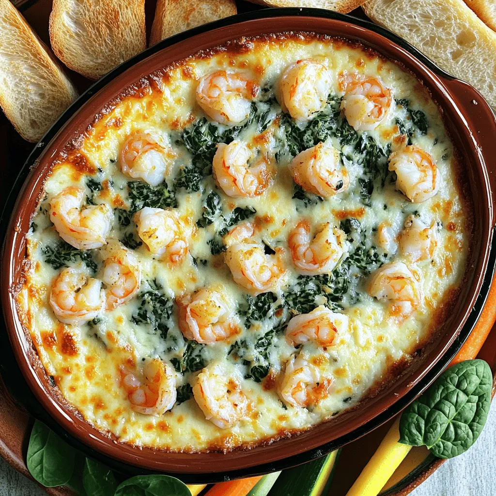 - 1 cup cooked shrimp, chopped - 1 cup lump crab meat, picked over for shells - 2 cups fresh spinach, chopped - 1 cup cream cheese, softened - 1/2 cup sour cream - 1 cup shredded mozzarella cheese - 1/2 cup grated Parmesan cheese - 2 cloves garlic, minced - 1 tablespoon lemon juice - 1 teaspoon Old Bay seasoning - Salt and pepper to taste - 1 tablespoon olive oil - Prep Time: 15 minutes - Total Time: 40 minutes - Servings: 6-8 When I make this dip, I always start by gathering my ingredients. The key is fresh and quality items. I love using cooked shrimp and lump crab meat. They give the dip a rich and savory flavor. Fresh spinach adds a nice green color and crunch. I prefer to use cream cheese and sour cream for a rich texture. Mixing these gives you that creamy base that makes the dip so smooth. Don't forget the mozzarella and Parmesan! They melt beautifully and add a delicious cheesy taste. Garlic adds a great aroma, and the lemon juice brightens it all up. Old Bay seasoning brings in a hint of spice that pairs perfectly with seafood. Lastly, a pinch of salt and pepper balances the flavors. This dip takes just 15 minutes to prep and 40 minutes total. It serves 6 to 8, so it’s great for parties. Prepare it for your next gathering, and you’ll impress everyone. You can find the full recipe above for all the steps to create this tasty treat! - Preheat your oven to 350°F (175°C). - In a skillet, heat olive oil and sauté minced garlic until fragrant. - Add chopped spinach and cook until wilted. - In a mixing bowl, combine cream cheese, sour cream, and lemon juice. Blend until smooth. - Stir in shrimp, crab, spinach, mozzarella cheese, Parmesan cheese, and Old Bay seasoning. Mix well. - Season with salt and pepper. - Transfer to a baking dish and bake for 20-25 minutes until bubbly. This recipe is your ticket to a delightful treat that everyone will love. The warm, creamy mix of shrimp and crab with spinach creates a flavor explosion. Enjoy it with your favorite dippers! For the full recipe, check out the detailed instructions above. - Add minced onions or fresh herbs for more flavor. - Fresh spinach gives a better taste and texture than frozen. - Stir the mixture well for even flavor throughout. - Bake until the top is golden for a nice, crispy finish. - Serve warm with baguette slices, tortilla chips, or crunchy vegetable sticks. - Top with extra Parmesan and fresh spinach leaves for a colorful touch. For the complete recipe, check the Full Recipe section. {{image_2}} You can easily switch up the seafood in this dip. If you want a richer flavor, try using lobster or scallops instead of shrimp. Both options bring a sweet taste and a tender texture that pairs well with the creamy base. For a more budget-friendly choice, use crab-flavored surimi. It's easy to find and gives you that ocean taste without the higher price tag. Cheese makes this dip creamy and delicious. You can mix it up by using different types of cheese. Gouda and cheddar are great options that add a unique flavor. If you need a lactose-free option, use lactose-free cream cheese and sour cream. They work well and keep the dip just as tasty. If you like some heat, add red pepper flakes to the mix. Just a sprinkle can elevate the flavor. You can also adjust the Old Bay seasoning. If you prefer a milder taste, use less. For those who enjoy a kick, feel free to add more. You can make this dip fit your taste perfectly! To keep your shrimp and crab spinach dip fresh, store it in an airtight container. It will stay good in the refrigerator for up to 3 days. When you're ready to enjoy it again, reheat it in the oven. This method gives the dip a fresher taste and keeps it nice and creamy. If you want to save some dip for later, you can freeze it before baking. This way, it can last up to 2 months. Just make sure to place it in a freezer-safe container. When you want to use it, thaw it overnight in the refrigerator. This will make it easy to bake when you’re ready to enjoy it. Yes, you can prepare the dip and store it before baking. This makes serving easy and quick. Just bake it when you are ready to enjoy. This method saves time for gatherings or busy days. To adjust the heat, add more spices or a drizzle of hot sauce. If you prefer a milder taste, simply decrease the seasoning. This way, you can control the flavor to fit your taste buds. I love serving this dip with toasted baguette slices, tortilla chips, and fresh vegetable sticks. These options add nice texture and flavor. You can mix and match dippers to keep it fun! Yes, you can use frozen spinach if fresh isn’t available. Just make sure to thaw and drain it well before adding to the dip. This keeps the dip creamy and prevents excess water from ruining the texture. This shrimp and crab spinach dip is simple and tasty. You start with fresh ingredients, mix them well, and bake until golden. You can even customize it with different seafood or cheese. Store leftovers for later, so nothing goes to waste. Enjoy it warm with your favorite dippers for a perfect snack. This dip is sure to impress at your next gathering!
