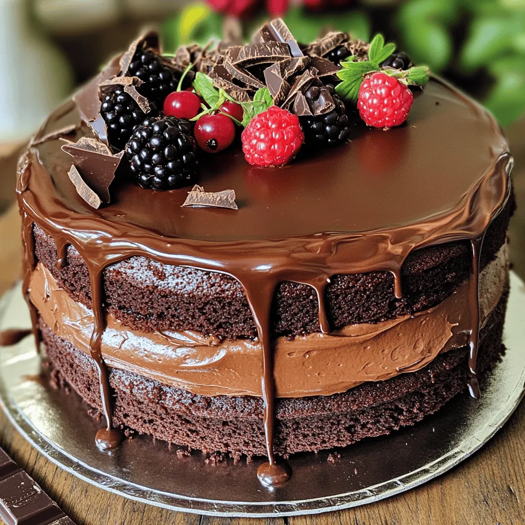 - 1 ¾ cups all-purpose flour - 1 ¾ cups granulated sugar - ¾ cup unsweetened cocoa powder - 1 ½ teaspoons baking powder - 1 ½ teaspoons baking soda - 1 teaspoon salt - 2 large eggs - 1 cup whole milk - ½ cup vegetable oil - 2 teaspoons vanilla extract - 1 cup boiling water - Optional dark chocolate chips When you bake this cake, each ingredient plays a key role. The flour gives structure. The sugar adds sweetness. Cocoa powder gives that rich chocolate flavor. Baking powder and baking soda help the cake rise. Salt enhances all the flavors. Eggs bind the mixture and add moisture. Whole milk creates a tender cake. Vegetable oil keeps it moist. Vanilla extract adds warmth. Boiling water helps mix everything well and makes the cake light. Adding dark chocolate chips gives extra chocolatey goodness. You might want to change a few ingredients, and that’s okay! You can swap all-purpose flour with gluten-free flour if needed. For sweeteners, consider using coconut sugar or honey for a different taste. If you need dairy-free options, try almond milk or oat milk instead of whole milk. You can also use coconut oil in place of vegetable oil. To make this cake, you will need a few important tools: - 9-inch round cake pans - Mixing bowls and whisk - Oven thermometer Having the right equipment makes baking easier and more fun. Use 9-inch round cake pans for even baking. Mixing bowls help you combine your ingredients well. A whisk is great for blending dry and wet items. An oven thermometer ensures your oven is at the right temperature. This helps your cake bake perfectly. You can find the Full Recipe for more detailed steps to make this cake. Enjoy baking! 1. Preheat the oven: Start by setting your oven to 350°F (175°C). This step is key for even baking. 2. Prepare the pans: Grease and flour two 9-inch round cake pans. This prevents the cake from sticking. 3. Mix dry ingredients: In a large bowl, combine: - 1 ¾ cups all-purpose flour - 1 ¾ cups granulated sugar - ¾ cup unsweetened cocoa powder - 1 ½ teaspoons baking powder - 1 ½ teaspoons baking soda - 1 teaspoon salt Whisk them together until well mixed. 4. Mix wet ingredients: In another bowl, add: - 2 large eggs - 1 cup whole milk - ½ cup vegetable oil - 2 teaspoons vanilla extract Beat these together for about two minutes. 5. Combine mixes: Pour the wet mixture into the dry ingredients. Stir until the batter is combined. 6. Add boiling water: Slowly mix in 1 cup of boiling water. The batter will be thin, and that’s okay! This step helps create a moist cake. 7. Optional step: If you want extra rich flavor, stir in 1 cup of dark chocolate chips. 8. Bake the cakes: Divide the batter evenly between the prepared pans. Bake for 30-35 minutes. Check with a toothpick; it should come out clean. 9. Cool properly: Once baked, let the cakes cool in the pans for 10 minutes. Then, transfer them to wire racks to cool completely. This helps avoid soggy cakes. Follow these steps carefully, and you'll create a delicious cake! For a complete guide, check the Full Recipe. To make a light and fluffy cake, start by mixing the dry ingredients well. This helps create a good rise. When adding wet ingredients, mix just enough to combine. Overmixing can make the cake dense. Use a hand mixer on low speed. For your baking pans, grease them well and dust with flour. This step helps the cake come out easily. You can also line the bottom with parchment paper for extra protection. The best frosting for chocolate cake is chocolate buttercream. It pairs perfectly with rich chocolate. Cream cheese frosting also adds a nice twist. You can get creative with decorations! Add fresh berries on top for a pop of color. Chocolate shavings or sprinkles make it look fancy. Drizzling melted chocolate adds an extra touch of decadence. If your cake turns out dry, check your oven’s temperature. An oven that is too hot can dry it out fast. Adding a bit more liquid next time can help too. For a dense cake, ensure you measure your ingredients accurately. Also, avoid packing the flour down in the measuring cup. If your cake sinks in the middle, try baking it longer. A toothpick should come out clean from the center. Using these tips will help you create the best chocolate cake ever, making it a simple and delicious treat for anyone! For the full recipe, check out the Decadent Chocolate Dream Cake. {{image_2}} You can change the flavor of your chocolate cake easily. A simple way is to add espresso or coffee. This will give your cake a rich taste. Just use a small amount. Start with one tablespoon mixed into the boiling water. You can also try different types of cocoa powder. Dark cocoa will give you a bolder flavor. You can even mix regular cocoa with dark cocoa for more depth. The frosting can change your cake’s taste a lot. Try cream cheese frosting instead of buttercream. This frosting is tangy and pairs well with chocolate. You can also use whipped cream for a light touch. If you want something rich, go for ganache. You can make ganache by melting chocolate with cream. It’s simple and oh-so-delicious! Not everyone can eat regular cake. For a gluten-free option, use almond flour or a gluten-free mix. Make sure to check the package for the right measurements. If you want a vegan cake, swap eggs for applesauce or flax eggs. Use almond milk instead of whole milk. These changes keep the cake tasty and moist. To keep your chocolate cake fresh for 2-3 days, cover it well. Use plastic wrap or aluminum foil. You can also place it in an air-tight container. Store it at room temperature. Avoid putting it in direct sunlight. If you have leftover frosting, keep it in a separate container. This keeps the cake moist and tasty. For long-term storage, freezing is a great option. Wrap each cake layer in plastic wrap tightly. Then, wrap them in aluminum foil. This helps prevent freezer burn. You can freeze it for up to three months. To thaw, take the cake out of the freezer. Leave it in the fridge overnight. This keeps it moist and fresh. Choose air-tight containers for the best results. They keep moisture in and air out. Non-air-tight containers allow air in, which can dry out the cake. If you don’t have an air-tight container, cover the cake with plastic wrap. This helps as a backup. Always check that the container is clean and dry before storing. To keep your chocolate cake moist, follow these tips: - Use fresh ingredients. Old flour or baking powder can affect moisture. - Measure flour correctly. Too much flour makes the cake dry. - Add boiling water to the batter. This helps create a soft texture. - Don’t overbake. Check the cake a few minutes early. A toothpick should come out clean. - Consider using vegetable oil instead of butter. Oil adds moisture that butter may lack. Yes, you can make this cake in advance. Here’s how: - Bake the cake layers and let them cool completely. - Wrap each layer in plastic wrap. This keeps them fresh. - Store them in the fridge for up to three days. - For longer storage, freeze the layers. They last up to three months. - Thaw the layers in the fridge before frosting. To make cupcakes from this chocolate cake recipe: - Preheat your oven to 350°F (175°C). - Line a cupcake pan with paper liners. - Fill each liner about two-thirds full with batter. - Bake for 18-20 minutes. Check with a toothpick for doneness. - Allow cupcakes to cool before frosting. They will be delicious and cute! Avoid these common mistakes: - Using cold ingredients. Bring eggs and milk to room temperature first. - Not measuring ingredients accurately. This can ruin texture and taste. - Skipping the cooling step. Frosting a warm cake can make it soggy. - Opening the oven door too often. This can cause the cake to sink. - Using low-quality cocoa powder. Good cocoa makes a big difference in flavor. For the complete recipe, check out the [Full Recipe]. Enjoy your baking! This blog covered everything you need for a perfect chocolate cake. You learned about crucial ingredients and their substitutes. We discussed essential tools and provided clear, step-by-step baking instructions. Plus, I shared tips for texture, frosting ideas, and how to store your cake. Remember, baking is both fun and rewarding. Feel free to experiment with flavors and decorations. Enjoy your chocolate cake journey!