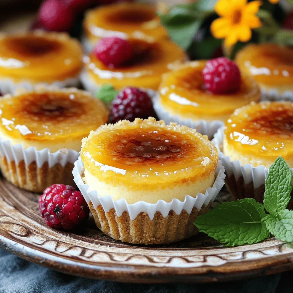 To make Mini Crème Brûlée Cheesecakes, you need to gather the right ingredients. Here’s what you will need: - Mini Crème Brûlée Cheesecake crust components - 1 cup graham cracker crumbs - 2 tablespoons granulated sugar - 4 tablespoons unsalted butter, melted - Cream cheese filling essentials - 16 oz cream cheese, softened - 1 cup granulated sugar - 1 teaspoon vanilla extract - 2 large eggs - 1 cup heavy cream - Ingredients for caramelizing - Extra granulated sugar for caramelizing Gather these items to create a delicious treat. The crust gives a nice crunch, while the filling is creamy and rich. The sugar topping adds a delightful crisp that makes every bite special. For the full recipe, you can refer to the instructions provided above. Enjoy your cooking adventure! 1. Preheat your oven and prepare the muffin tin. Set your oven to 325°F (160°C). This is the perfect temperature for baking your mini cheesecakes. Line a muffin tin with cupcake liners to make easy serving. 2. Making the graham cracker crust. In a bowl, mix 1 cup of graham cracker crumbs, 2 tablespoons of sugar, and 4 tablespoons of melted butter. Stir until it’s combined well. Press about 1 tablespoon of this mixture into the bottom of each liner. Bake for 5-7 minutes until firm, then let them cool. 3. Preparing the cheesecake filling. In a large bowl, beat 16 oz of softened cream cheese until smooth. Slowly add 1 cup of sugar while mixing until creamy. Then, stir in 1 teaspoon of vanilla extract. Add 2 large eggs one at a time, mixing well after each. Finally, mix in 1 cup of heavy cream until it’s all smooth. 1. Pouring the batter and baking time. Pour the cheesecake batter over the cooled crusts in the muffin tin. Fill each one about 3/4 full. Bake for 20-25 minutes, or until the edges are set and the center is slightly jiggly. 2. Cooling processes. Turn off the oven and let the cheesecakes cool for about 1 hour inside. After that, take them out and let them cool to room temperature. Then, refrigerate them for at least 4 hours, or overnight is best. This helps them set completely. 1. How to caramelize sugar effectively. Before serving, sprinkle a thin layer of granulated sugar on top of the chilled cheesecakes. Use a kitchen torch to carefully caramelize the sugar until it turns golden and bubbly. 2. Tips for achieving the perfect crème brûlée finish. Keep the torch moving to avoid burning the sugar. Let it cool for a minute and watch as the sugar hardens into a perfect crispy layer. This adds a delightful crunch to your creamy cheesecakes. For a full recipe, you can refer to the [Full Recipe]. - Overmixing the cheesecake batter: Mix just until smooth. Overmixing makes the cheesecake dense and heavy. It can add too much air, causing cracks during baking. Aim for a creamy texture without overdoing it. - Not cooling properly: Letting the cheesecakes cool in the oven is key. This helps prevent sudden temperature changes, which can crack the tops. After baking, turn off the oven and let them sit for an hour. Then cool them to room temp before chilling in the fridge. - Presentation ideas for serving: Serve the mini cheesecakes on a beautiful platter. Add fresh berries like strawberries or blueberries for color. A sprig of mint can also enhance the look. It makes the dessert feel more special and inviting. - Best accompaniments to mini cheesecakes: Pair your cheesecakes with a dollop of whipped cream or a drizzle of caramel sauce. You can also serve them with a scoop of vanilla ice cream for a treat. Each bite will be a delight! - Essential kitchen tools for preparation: You will need a mixing bowl, a whisk, and a muffin tin. A kitchen torch is essential for caramelizing the sugar. Invest in quality tools to make your cooking easier. - Recommended baking dishes: Use a non-stick muffin tin for easy removal. Silicone molds can also work well, as they allow for easy popping out of the cheesecakes. For mixing, a hand mixer or stand mixer will save you time and effort. For the full recipe, check out [Full Recipe]. {{image_2}} You can change things up with fun flavors in your mini cheesecakes. Here are some ideas: - Chocolate: Add melted chocolate to the filling. It makes a rich treat. - Fruit: Mix in pureed strawberries or raspberries for a fruity twist. - Coffee: Blend brewed coffee into the batter for a coffee-flavored delight. - Lemon: Stir in lemon zest and juice for a fresh, zesty taste. You can also switch the topping. Instead of classic sugar, try these: - Chocolate Ganache: Spread a layer of smooth ganache on top. - Fruit Compote: Top with a warm fruit sauce for added sweetness. - Whipped Cream: Add a dollop of fresh whipped cream for a creamy finish. If you want to make vegan mini cheesecakes, here are some swaps: - Cream Cheese: Use vegan cream cheese for the filling. - Eggs: Replace eggs with flaxseed meal mixed with water. - Heavy Cream: Use coconut cream for a rich texture. For a gluten-free crust, try these options: - Almond Flour: Mix almond flour with melted butter for a nutty base. - Oats: Use crushed gluten-free oats mixed with coconut oil. - Rice Cracker Crumbs: Crush rice crackers for a crunchy crust. These variations make your mini crème brûlée cheesecakes fun and unique. Enjoy exploring different flavors and dietary needs! For the full recipe, check out the details above. To keep your mini crème brûlée cheesecakes fresh, store them properly in the fridge. Place them in an airtight container. This helps prevent them from drying out or absorbing other smells. You can stack them, but keep a layer of parchment paper between them. This will stop them from sticking together. If you want to freeze them, follow these tips. First, wrap each cheesecake tightly in plastic wrap. Then, place them in a freezer-safe container. They can last up to three months in the freezer. When ready to eat, thaw them in the fridge overnight. In the fridge, mini cheesecakes last about five days. After that, they may not taste as good. Always check for signs of spoilage. Look for any change in color or texture. If they smell bad or have an off taste, it’s best to throw them away. Proper storage helps keep your dessert tasting fresh and delicious! To make mini crème brûlée cheesecakes, follow these key steps: - Preheat your oven to 325°F (160°C). - Mix graham cracker crumbs, sugar, and melted butter in a bowl. - Press the mixture into cupcake liners to form a crust. - Bake for about 5-7 minutes. - Beat softened cream cheese until smooth, then add sugar gradually. - Mix in vanilla and eggs, one at a time. - Stir in heavy cream until well combined. - Pour the batter into the crusts, filling them 3/4 full. - Bake for 20-25 minutes until edges are set. - Cool in the oven for an hour, then refrigerate for at least 4 hours. - Just before serving, caramelize sugar on top with a torch. You can find the Full Recipe with all details mentioned above. Yes, you can prepare these mini cheesecakes ahead of time. Here are some tips: - Make the crust and filling a day in advance. - Store the cheesecakes covered in the fridge. - Caramelize the sugar right before serving for best results. This way, you save time and enjoy fresh treats! If you don't have a kitchen torch, here are some alternatives: - Use your oven's broiler. Sprinkle sugar on top and place it under the broiler. - Keep a close watch to avoid burning. - Another option is to use a cast-iron skillet. Heat it and press it on the sugar to caramelize. Both methods can work if done carefully. You can find mini crème brûlée cheesecakes at many bakeries and online. Consider these options: - Look for local bakeries that specialize in desserts. - Check online platforms that deliver gourmet treats. When buying, check for quality ingredients and customer reviews. This ensures you get a delightful treat! You've learned how to make mini crème brûlée cheesecakes from scratch. We covered ingredients, steps, and tips to avoid mistakes. With flavor variations and storage methods, you're ready to impress. Remember, practice makes perfect in the kitchen. Trust your skills, and enjoy your delicious creations!