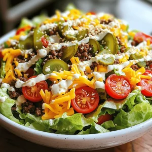 - 1 lb ground beef - 1 teaspoon garlic powder - 1 teaspoon onion powder - Salt and pepper to taste - 4 cups romaine lettuce, chopped - 1 cup cherry tomatoes, halved - 1 cup diced pickles - ½ cup shredded cheddar cheese - ½ cup shredded mozzarella cheese - ½ cup red onion, finely diced - ½ cup thousand island dressing - Sesame seeds for garnish - Avocado slices - Croutons - Other salad dressings - Calories per serving: About 400 - Macronutrient breakdown: - Protein: 25g - Fat: 30g - Carbs: 10g - Vitamins and minerals: - Rich in Vitamin A from romaine - Contains calcium from cheese - Good source of potassium from tomatoes This Big Mac Salad Bowl is not only tasty but also packed with nutrients. Each ingredient plays an important role. The ground beef gives protein. The romaine adds crunch and vitamins. Cherry tomatoes offer freshness. Pickles give a tangy kick. Cheese brings creaminess, while dressing ties it all together. You can easily swap in avocado slices or croutons for extra flavor and texture. This makes the salad even more fun and satisfying. Understanding the nutritional info helps you make smart choices. If you're counting calories or macros, you can adjust portions. This salad can fit into various diets while staying delicious. For the full recipe, click [Full Recipe]. To cook the beef, heat a skillet over medium heat. Break the ground beef apart with a spatula as it cooks. This helps it brown evenly. Cook until it turns brown and is no longer pink, which takes about 7-10 minutes. For seasoning, use garlic powder and onion powder. Add salt and pepper to taste. You can also mix in some smoked paprika for a smoky flavor. Drain any extra fat after cooking. Next, prepare the salad base. Take a large bowl and add 4 cups of chopped romaine lettuce. This will be your fresh, crunchy base. After the beef cools slightly, add it to the bowl with the lettuce. Then, toss in 1 cup of halved cherry tomatoes, 1 cup of diced pickles, and both ½ cup of shredded cheddar and mozzarella cheese. Finally, add ½ cup of finely diced red onion. Toss gently to mix everything. Now it's time to mix in the dressing. Drizzle ½ cup of thousand island dressing over the salad. Gently mix to coat all the ingredients. For a fun finish, sprinkle sesame seeds on top. This adds a nice crunch. Serve in individual bowls for a lovely presentation. You can also add extra pickles or some cherry tomatoes for color and flair. To make your salad shine, wash the lettuce well. I find that cold water helps. After washing, dry it with a salad spinner or paper towels. This step keeps your salad crisp. Chop the lettuce into bite-sized pieces. This makes it easier to eat and mix with the other ingredients. Try to cut everything evenly. This way, each bite has a bit of each flavor. For a flavor boost, add spices like paprika or cumin. Fresh herbs like parsley or dill brighten the dish. They add a nice touch to the salad's taste. If you want a twist, swap the thousand island dressing. Try ranch or a zesty vinaigrette instead. Each option gives the salad a unique spin. When prepping for the week, store ingredients separately. Keep lettuce in a sealed container with a paper towel. This absorbs moisture and keeps it fresh. For the beef, let it cool, then place it in an airtight container. You can assemble the salad in advance, but add the dressing just before eating. This keeps everything crunchy and fresh. {{image_2}} For a tasty vegetarian Big Mac Salad Bowl, swap the ground beef for veggie crumbles. These crumbles mimic the texture of meat and soak up flavors well. You can also add more veggies to boost the taste. Try roasted bell peppers, sautéed mushrooms, or even some corn for a sweet touch. These additions make the salad colorful and packed with nutrients. To make a low-carb version, remove high-carb ingredients like the tomatoes and pickles. Instead of romaine lettuce, use spinach or kale. These greens add a different flavor and keep the salad crunchy. This swap lowers carbs while still giving you a hearty meal. You can easily customize your Big Mac Salad Bowl. Add crispy bacon bits for a savory crunch or grilled chicken for extra protein. Changing the cheese types also adds fun. Use feta for tanginess or pepper jack for a spicy kick. These tweaks make your salad unique every time! You can keep the Big Mac Salad Bowl in the fridge for up to three days. To keep it fresh, store each ingredient separately. This stops the lettuce from wilting and keeps the flavors bright. Use airtight containers to avoid moisture buildup. If you combine the salad, eat it within 24 hours for the best taste. You should not reheat beef after mixing it in the salad. Doing so can make the lettuce soggy. Instead, enjoy leftovers cold. Serve it in a bowl with extra dressing on the side to enhance the flavor. You can also add fresh toppings, like more cheese or pickles, to liven it up. You can freeze components of the salad but not the whole dish. The beef freezes well. After cooking, let it cool, then place it in a freezer bag. For thawing, leave it in the fridge overnight before use. You can also freeze the dressing separately. Just avoid freezing lettuce and tomatoes, as they become mushy. Yes, you can make this salad in advance. It is perfect for meal prep. To keep it fresh, store the ingredients separately. Keep the beef in one container and the salad in another. This way, the lettuce stays crisp. You can mix them before serving. For the best taste, eat it within three days. If you don't have thousand island dressing, try these alternatives: - Ranch dressing adds a creamy flavor. - Caesar dressing gives a bold taste. - A mix of mayo and ketchup works too. These options keep the salad tasty and fun. This recipe makes four servings. Each serving is a good size for lunch or dinner. You can adjust the portions based on your needs. If you want more, just double the ingredients. Absolutely! Here are some great toppings you can try: - Crispy bacon bits for extra crunch. - Avocado slices for creaminess. - Jalapeños for some heat. These toppings boost flavor and add variety. Enjoy mixing and matching! This blog post covered a tasty Big Mac Salad Bowl. You learned about key ingredients, detailed steps, and storage tips. I also shared helpful tricks to enhance flavor and texture. Remember, you can customize this salad with different toppings and dressings that you enjoy. Whether you want a quick meal or a healthy option, this salad fits the bill. Enjoy making it your own. Now, gather your ingredients and get started!