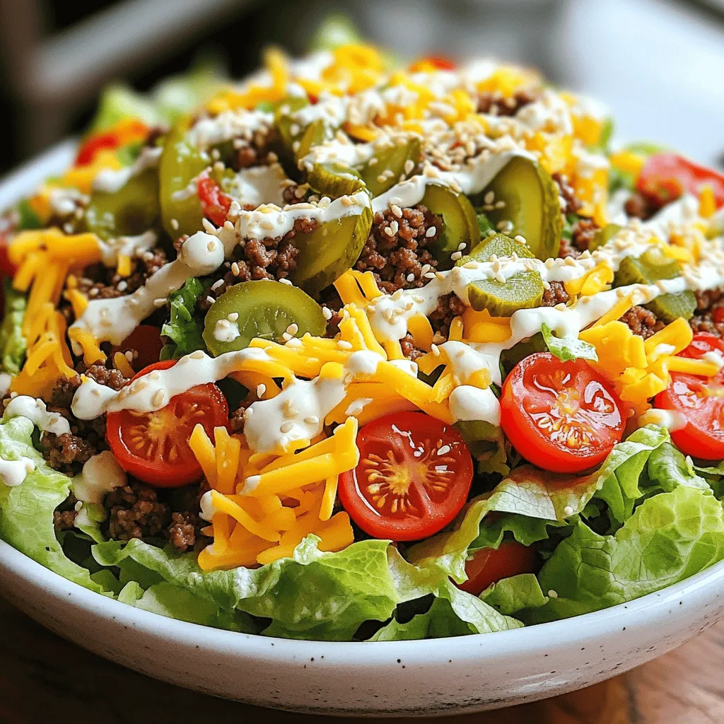 - 1 lb ground beef - 1 teaspoon garlic powder - 1 teaspoon onion powder - Salt and pepper to taste - 4 cups romaine lettuce, chopped - 1 cup cherry tomatoes, halved - 1 cup diced pickles - ½ cup shredded cheddar cheese - ½ cup shredded mozzarella cheese - ½ cup red onion, finely diced - ½ cup thousand island dressing - Sesame seeds for garnish - Avocado slices - Croutons - Other salad dressings - Calories per serving: About 400 - Macronutrient breakdown: - Protein: 25g - Fat: 30g - Carbs: 10g - Vitamins and minerals: - Rich in Vitamin A from romaine - Contains calcium from cheese - Good source of potassium from tomatoes This Big Mac Salad Bowl is not only tasty but also packed with nutrients. Each ingredient plays an important role. The ground beef gives protein. The romaine adds crunch and vitamins. Cherry tomatoes offer freshness. Pickles give a tangy kick. Cheese brings creaminess, while dressing ties it all together. You can easily swap in avocado slices or croutons for extra flavor and texture. This makes the salad even more fun and satisfying. Understanding the nutritional info helps you make smart choices. If you're counting calories or macros, you can adjust portions. This salad can fit into various diets while staying delicious. For the full recipe, click [Full Recipe]. To cook the beef, heat a skillet over medium heat. Break the ground beef apart with a spatula as it cooks. This helps it brown evenly. Cook until it turns brown and is no longer pink, which takes about 7-10 minutes. For seasoning, use garlic powder and onion powder. Add salt and pepper to taste. You can also mix in some smoked paprika for a smoky flavor. Drain any extra fat after cooking. Next, prepare the salad base. Take a large bowl and add 4 cups of chopped romaine lettuce. This will be your fresh, crunchy base. After the beef cools slightly, add it to the bowl with the lettuce. Then, toss in 1 cup of halved cherry tomatoes, 1 cup of diced pickles, and both ½ cup of shredded cheddar and mozzarella cheese. Finally, add ½ cup of finely diced red onion. Toss gently to mix everything. Now it's time to mix in the dressing. Drizzle ½ cup of thousand island dressing over the salad. Gently mix to coat all the ingredients. For a fun finish, sprinkle sesame seeds on top. This adds a nice crunch. Serve in individual bowls for a lovely presentation. You can also add extra pickles or some cherry tomatoes for color and flair. To make your salad shine, wash the lettuce well. I find that cold water helps. After washing, dry it with a salad spinner or paper towels. This step keeps your salad crisp. Chop the lettuce into bite-sized pieces. This makes it easier to eat and mix with the other ingredients. Try to cut everything evenly. This way, each bite has a bit of each flavor. For a flavor boost, add spices like paprika or cumin. Fresh herbs like parsley or dill brighten the dish. They add a nice touch to the salad's taste. If you want a twist, swap the thousand island dressing. Try ranch or a zesty vinaigrette instead. Each option gives the salad a unique spin. When prepping for the week, store ingredients separately. Keep lettuce in a sealed container with a paper towel. This absorbs moisture and keeps it fresh. For the beef, let it cool, then place it in an airtight container. You can assemble the salad in advance, but add the dressing just before eating. This keeps everything crunchy and fresh. {{image_2}} For a tasty vegetarian Big Mac Salad Bowl, swap the ground beef for veggie crumbles. These crumbles mimic the texture of meat and soak up flavors well. You can also add more veggies to boost the taste. Try roasted bell peppers, sautéed mushrooms, or even some corn for a sweet touch. These additions make the salad colorful and packed with nutrients. To make a low-carb version, remove high-carb ingredients like the tomatoes and pickles. Instead of romaine lettuce, use spinach or kale. These greens add a different flavor and keep the salad crunchy. This swap lowers carbs while still giving you a hearty meal. You can easily customize your Big Mac Salad Bowl. Add crispy bacon bits for a savory crunch or grilled chicken for extra protein. Changing the cheese types also adds fun. Use feta for tanginess or pepper jack for a spicy kick. These tweaks make your salad unique every time! You can keep the Big Mac Salad Bowl in the fridge for up to three days. To keep it fresh, store each ingredient separately. This stops the lettuce from wilting and keeps the flavors bright. Use airtight containers to avoid moisture buildup. If you combine the salad, eat it within 24 hours for the best taste. You should not reheat beef after mixing it in the salad. Doing so can make the lettuce soggy. Instead, enjoy leftovers cold. Serve it in a bowl with extra dressing on the side to enhance the flavor. You can also add fresh toppings, like more cheese or pickles, to liven it up. You can freeze components of the salad but not the whole dish. The beef freezes well. After cooking, let it cool, then place it in a freezer bag. For thawing, leave it in the fridge overnight before use. You can also freeze the dressing separately. Just avoid freezing lettuce and tomatoes, as they become mushy. Yes, you can make this salad in advance. It is perfect for meal prep. To keep it fresh, store the ingredients separately. Keep the beef in one container and the salad in another. This way, the lettuce stays crisp. You can mix them before serving. For the best taste, eat it within three days. If you don't have thousand island dressing, try these alternatives: - Ranch dressing adds a creamy flavor. - Caesar dressing gives a bold taste. - A mix of mayo and ketchup works too. These options keep the salad tasty and fun. This recipe makes four servings. Each serving is a good size for lunch or dinner. You can adjust the portions based on your needs. If you want more, just double the ingredients. Absolutely! Here are some great toppings you can try: - Crispy bacon bits for extra crunch. - Avocado slices for creaminess. - Jalapeños for some heat. These toppings boost flavor and add variety. Enjoy mixing and matching! This blog post covered a tasty Big Mac Salad Bowl. You learned about key ingredients, detailed steps, and storage tips. I also shared helpful tricks to enhance flavor and texture. Remember, you can customize this salad with different toppings and dressings that you enjoy. Whether you want a quick meal or a healthy option, this salad fits the bill. Enjoy making it your own. Now, gather your ingredients and get started!