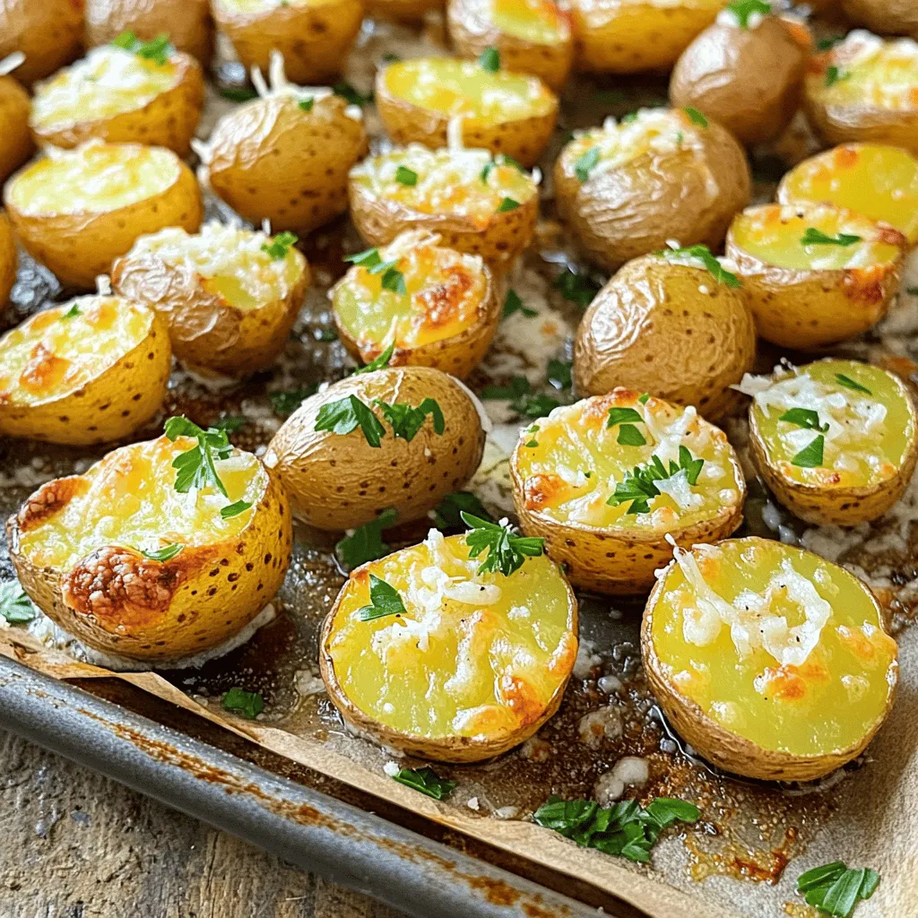 To make Garlic Parmesan Roasted Potatoes, you need a few simple ingredients. Each one adds flavor and texture. Here’s what you will need: - 1.5 pounds baby potatoes, halved - 4 tablespoons olive oil - 4 cloves garlic, minced - 1 cup grated Parmesan cheese - 1 teaspoon dried oregano - 1 teaspoon dried thyme - Salt and pepper to taste - Fresh parsley, chopped for garnish These ingredients come together to create a delicious side dish. The baby potatoes offer a tender bite. Olive oil helps them roast to a golden brown. Garlic brings a warm, savory taste. Parmesan cheese adds richness and depth. Dried herbs like oregano and thyme enhance the flavors. Don't forget salt and pepper for seasoning. The fresh parsley on top adds a nice color and freshness. If you want to make this dish, check out the Full Recipe for all the details. Each ingredient plays a role in making this dish special. Enjoy the process of cooking and the delightful smell that fills your kitchen! - Preheat the oven to 425°F (220°C). - In a large mixing bowl, combine the halved baby potatoes, olive oil, minced garlic, dried oregano, and dried thyme. Toss until the potatoes are well-coated. Getting the oven hot is key for crispiness. The hot air will help brown the potatoes nicely. Mixing the olive oil and garlic with the potatoes adds great flavor. Tossing ensures every piece gets coated. This simple step makes a big difference. - Roast potatoes and add Parmesan. - Bake until golden brown and bubbly. Spread the potatoes on a baking sheet in a single layer. This helps them cook evenly. Roast them for about 25 minutes. Halfway through, turn the potatoes so they brown on all sides. After they are golden and tender, take them out. Sprinkle the grated Parmesan cheese on top. Return the baking sheet to the oven for another 5-7 minutes. This melts the cheese and creates a delicious crust. Once you see it bubbling, take them out. Garnish with fresh parsley to add color and flavor. You can find the full recipe [Full Recipe]. To make Garlic Parmesan Roasted Potatoes stand out, choose fresh herbs if you can. Fresh oregano and thyme add a bright taste that dried herbs cannot match. However, dried herbs work well if fresh isn't available. Dried herbs are easy to store and last longer. For the potatoes, baby potatoes are perfect for this recipe. They are small, tender, and cook evenly. If you use larger potatoes, cut them into smaller pieces. This helps them cook at the same rate as the smaller ones. Red or yellow potatoes also add a nice flavor and texture. Spacing the potatoes on the baking sheet is key. If they are too close together, they will steam instead of roast. This makes them soggy instead of crispy. Spread them out in a single layer for best results. The cooking time for these potatoes is about 25 minutes at 425°F (220°C). Halfway through, turn them so they brown evenly. If your oven runs hot, check them a bit earlier. Once they are golden brown and tender, they are ready for that delicious sprinkle of Parmesan. {{image_2}} You can switch up the cheese. Try using Asiago or Cheddar for a new taste. Each cheese brings its own flavor to the dish. You can also add vegetables. Carrots and bell peppers work well. They add color and nutrition to your meal. Just chop them up and toss them in with the potatoes. To make the dish even better, add spices. Paprika gives a nice smoky flavor. Red pepper flakes add a bit of heat. You can also marinate the potatoes. Let them sit in olive oil and spices for an hour before cooking. This step enhances the flavor deeply. For the full recipe, check the details above. Store any leftover Garlic Parmesan Roasted Potatoes in an airtight container. They last for up to three days in the fridge. Make sure the potatoes cool down before sealing them. This step helps keep them fresh. To reheat, use an oven or an air fryer. Preheat your oven to 350°F (175°C). Spread the potatoes out on a baking sheet. Heat for about 10-15 minutes until they are warm and crispy again. Avoid using the microwave, as it can make them soggy. To freeze Garlic Parmesan Roasted Potatoes, let them cool completely first. Place them in a single layer on a baking sheet. Freeze them for about an hour. This step stops them from sticking together. After freezing, transfer the potatoes to a freezer-safe bag or container. They can last for up to three months in the freezer. When you want to enjoy them, take them out and thaw overnight in the fridge. Reheat them in the oven or air fryer at 350°F (175°C) until hot. Enjoy the same tasty flavors as before! For the full recipe, check the section above. Can I use regular potatoes instead of baby potatoes? Yes, you can use regular potatoes. Just cut them into smaller pieces. Baby potatoes cook faster and stay tender. Regular potatoes may need extra time in the oven. How do I prevent the potatoes from getting soggy? To keep the potatoes crisp, avoid overcrowding the baking sheet. Spread them out in one layer. This helps hot air circulate. Additionally, make sure to roast them at a high temperature. Can I make Garlic Parmesan Roasted Potatoes ahead of time? Yes, you can prepare these potatoes ahead. Cook them fully, then cool and store them in the fridge. Reheat them in the oven for a quick meal. This keeps them crunchy and tasty. Approximate calories and macros per serving Each serving has about 250 calories. You get 12 grams of fat and 30 grams of carbs. Protein comes in at 8 grams. Dietary considerations (gluten-free, vegetarian) These potatoes are gluten-free and vegetarian-friendly. They make a great side for many meals. Enjoy them with your favorite protein or as a snack. Check the [Full Recipe] for more details. This post covered how to make delicious garlic Parmesan roasted potatoes. We discussed key ingredients, preparation steps, and cooking methods. I shared tips for perfect flavors and variations to try. Don't forget to store your leftovers properly and consider our FAQs for common concerns. Cooking can be fun and tasty. With these steps, you can impress everyone at the table. Enjoy your flavorful creation!