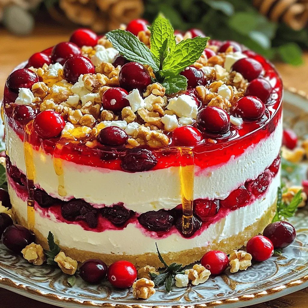 Here are the ingredients for the Cranberry Feta Cream Cheese Cake: - 1 cup cream cheese, softened - 1/2 cup feta cheese, crumbled - 1 cup powdered sugar - 1/2 cup fresh or frozen cranberries (thawed if frozen) - 1 teaspoon vanilla extract - 1/2 cup heavy whipping cream - 1 tablespoon lemon juice - 1/4 cup chopped walnuts or pecans (optional) - Zest of 1 lemon Each ingredient plays a key role in the cake. The cream cheese and feta cheese give it a rich, creamy base. The powdered sugar sweetens the mix. Fresh cranberries add a tart burst of flavor, while the vanilla and lemon juice brighten it up. Heavy cream makes the texture light and fluffy. Walnuts or pecans add a nice crunch if you choose to use them. If you need to make swaps, it's easy! You can use goat cheese instead of feta. It has a similar tangy flavor. For cream cheese, try using a dairy-free option, like cashew cheese. This works well for vegan diets. You can also substitute Greek yogurt for cream cheese for a lighter version. Choosing the right ingredients makes a big difference. When picking cranberries, look for firm, shiny ones with bright color. Avoid any that feel soft or have blemishes. As for cream cheese, I recommend brands like Philadelphia or a local artisan brand. They have the best flavor and texture, ensuring your cake turns out great. To start, gather your ingredients. In a mixing bowl, combine the softened cream cheese, crumbled feta, and powdered sugar. Beat them together with an electric mixer on medium speed. Mix until the blend is smooth and creamy. Next, add vanilla extract and lemon juice. Mix again until everything is well combined. Now, gently fold in the lemon zest and cranberries. Make sure the cranberries are evenly spread throughout the mixture. This will add bursts of flavor in every bite. Whipping cream can be tricky. First, use a clean bowl for the heavy cream. This helps the cream whip better. Start by whipping the cream on medium speed. Watch closely for soft peaks to form. This means the cream will hold some shape but still looks soft. Once you reach that point, carefully fold the whipped cream into the cream cheese mixture. Do this gently to keep the air in the whipped cream. This air makes the cake light and fluffy. For the best assembly, use a clear dessert glass or small cake pan. If you like, sprinkle a layer of chopped walnuts or pecans at the bottom. This adds a nice crunch. Then, pour the cream cheese mixture over the nuts. Use a spatula to smooth the top. Make sure it looks even and inviting. After that, refrigerate the cake for at least 4 hours, or overnight if you can wait. This chilling time helps all the flavors blend. When ready to serve, garnish the top with extra cranberries and a sprinkle of nuts. For a sweet touch, add a drizzle of honey. Enjoy this delightful cake! Check out the Full Recipe for more details. To prevent a deflated cream mixture, handle the whipped cream gently. After whipping your heavy cream to soft peaks, fold it into the cream cheese mixture slowly. Use a spatula, and make sweeping motions from the bottom to the top. Do not stir too hard or fast. This keeps air in the whipped cream, making your cake light and fluffy. You can boost the flavor of your cranberry feta cream cheese cake by adding fresh herbs. Chopped rosemary or thyme can add a unique twist to the cream mixture. You might also try mixing in some orange zest for a citrusy kick. Small changes can make a big difference in taste. To ensure a smooth and creamy consistency, start with softened cream cheese. It blends better and avoids lumps. Mix the cream cheese and feta until fully combined. If you want an even creamier texture, use a food processor instead of a mixer. This method breaks down the cheese even more, creating a velvety base for your cake. {{image_2}} You can mix up the flavor of your Cranberry Feta Cream Cheese Cake. Try adding fruits like chopped apples or pears for sweetness. Fresh or dried figs can also work well. Nuts like almonds or pecans give a nice crunch, too. You can even add herbs like rosemary or thyme for a savory twist. The goal is to find flavors that you enjoy and that complement the creamy texture of the cake. Pair this delightful cake with beverages like herbal tea or a light white wine. A sparkling cider can also enhance the flavors nicely. For dessert pairings, serve it with light cookies or a scoop of vanilla ice cream. The coolness of ice cream balances the rich cream cheese. You can also add a drizzle of honey on top for added sweetness, making every bite a treat. You can easily adapt this cake to fit different diets. For a vegan version, use coconut cream instead of cream cheese and feta. Almond milk can replace the heavy cream. For gluten-free needs, just ensure your ingredients are certified gluten-free. If you want a low-sugar option, use a sugar substitute for the powdered sugar. These adjustments keep the cake delicious while catering to your dietary needs. Please check the Full Recipe for more details on making these changes. To keep your Cranberry Feta Cream Cheese Cake fresh, store it in the fridge. Use an airtight container to prevent drying. If you skip this step, the cake may lose flavor quickly. Make sure to cover the top with plastic wrap or foil for added protection. This method helps keep the cake moist and tasty. Want to save some for later? You can freeze this cake! First, let it cool completely. Then, wrap it tightly in plastic wrap. After that, wrap it again in aluminum foil to prevent freezer burn. For best results, eat the frozen cake within three months. To thaw, move it to the fridge a day before you want to eat it. This helps maintain its creamy texture. In the fridge, your cake will last about five days. Keep an eye on it, though! If you see any changes in color or smell, it's best to toss it. In the freezer, the cake can last up to three months. Just remember to check for any freezer burn when you take it out. Proper storage keeps your cake tasting great! For the full recipe, check out the details in the recipe section. Yes, you can! Some great options include blueberries, raspberries, or chopped strawberries. Each fruit brings its own flavor. Blueberries add sweetness, while raspberries give a tart kick. If you choose frozen fruit, make sure to thaw and drain it first. This keeps your cake from getting too wet. You can also mix fruits for a fun twist. Just keep the amount the same as cranberries. Cutting this cake can be easy with a few tips. Use a sharp knife to slice the cake. Dip the knife in warm water for smooth cuts. Wipe the knife with a towel between slices. This keeps your pieces neat and pretty. Serve each slice on a lovely plate. You can add extra cranberries and mint on top for a nice touch. This makes your dessert look even more inviting! If your cream cheese mixture is runny, don’t worry! You can fix it. First, try chilling the mixture for a bit longer. This helps it firm up. If it’s still too runny, whip more cream until soft peaks form. Then gently fold it into your mixture. This should help thicken it. You can also add a little more cream cheese or cool whip for better texture. Just be careful not to overmix! For the full recipe, check out the ingredients and steps. This post outlined all the key steps to make your perfect cake. We looked at essential ingredients, how to prepare them, and ways to enhance flavor. You learned how to avoid common mistakes and ensure a smooth texture. Plus, we discussed creative variations and storage tips. Remember, practice makes perfect. Use these tips to impress yourself and others with delicious results. Enjoy baking!