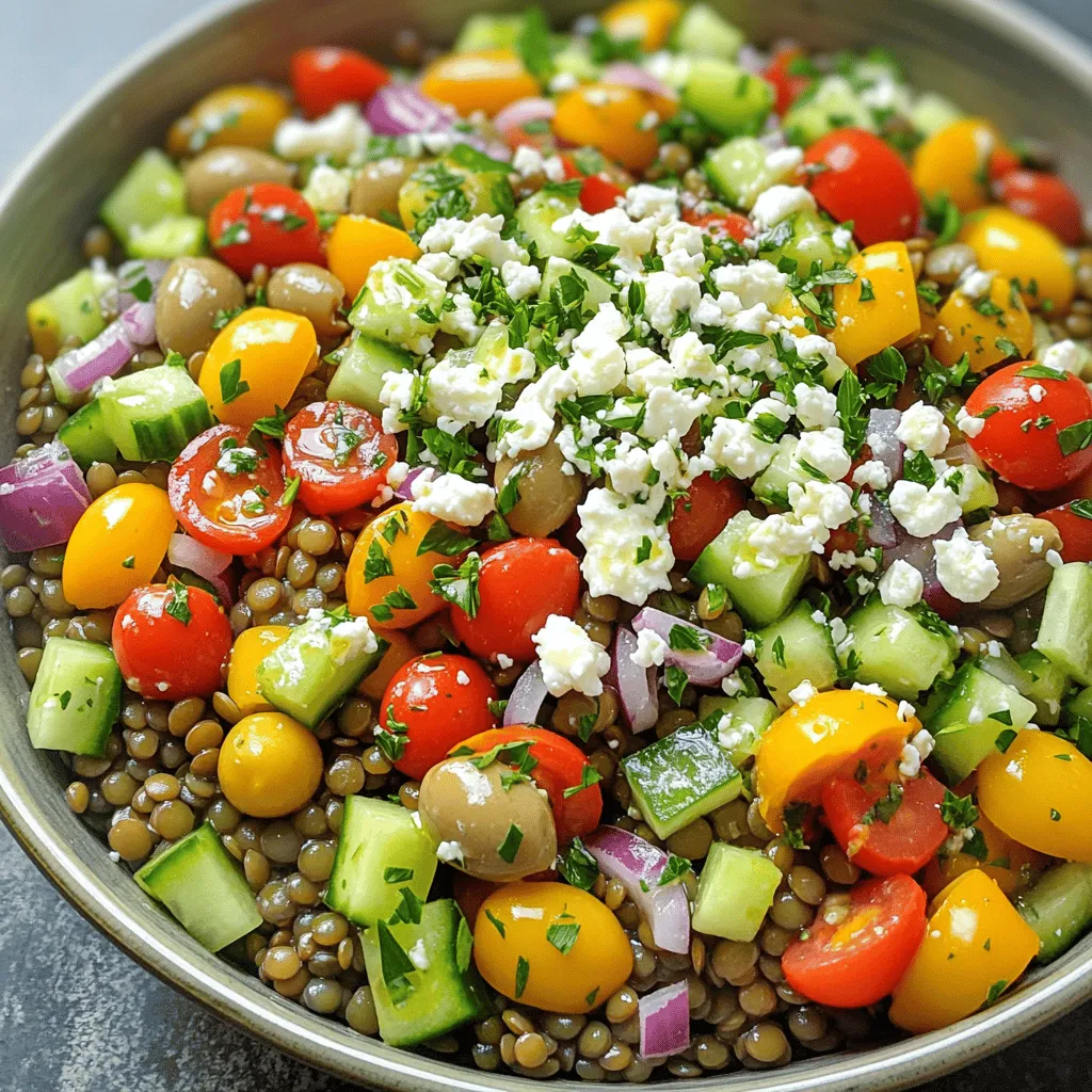 - 1 cup green or brown lentils - 2 1/2 cups water - 1 small red onion - 1 cucumber - 1 bell pepper (red or yellow) - 1 cup cherry tomatoes Lentils are the star here. They are full of protein and fiber. I like using green or brown lentils. They hold their shape well after cooking. - 1/2 cup Kalamata olives - 1/2 cup feta cheese - 1/4 cup fresh parsley - Juice of 1 lemon - 3 tablespoons olive oil - Salt and pepper Kalamata olives add a salty punch. Feta cheese gives a creamy texture. Fresh parsley brightens up the dish. The lemon juice and olive oil create a zesty dressing. They balance the flavors perfectly. - 1 teaspoon dried oregano - Other herbs and spices You can add dried oregano for an extra layer of flavor. Other herbs like basil or dill also work well. Feel free to get creative with spices. Just remember, keep it fresh and vibrant. You can find the complete recipe for Mediterranean Greek Lentil Salad [here](Full Recipe). To start, rinse your lentils under cold water. This helps remove any dirt or grit. Then, in a medium saucepan, combine the lentils and 2 ½ cups of water. Bring the mixture to a boil over medium-high heat. Once it boils, reduce the heat and let it simmer. Cook the lentils for about 20 to 25 minutes. You want them tender but not mushy. After cooking, drain the lentils and let them cool slightly. While the lentils are cooking, prepare your salad ingredients. Start by chopping the small red onion finely. Next, dice the cucumber and bell pepper. For a burst of flavor, halve the cherry tomatoes and Kalamata olives. Finally, crumble the feta cheese into small pieces. This adds a nice, creamy texture to the salad. Now, it’s time to combine everything. In a large mixing bowl, add the cooked lentils, chopped vegetables, olives, and crumbled feta cheese. In a small bowl, whisk together the juice of one lemon, olive oil, dried oregano, salt, and pepper. Pour this dressing over the lentil salad. Gently toss everything together until well mixed. Taste your salad and adjust the seasoning if needed. Garnish with fresh parsley for an extra touch. For the full recipe, check out the details above. Enjoy making this Mediterranean Greek Lentil Salad! How do you cook lentils perfectly? Start by rinsing them under cool water. This removes dust and debris. Next, combine lentils with water in a medium pot. Bring it to a boil over medium-high heat. Once boiling, lower the heat and let them simmer. Cook for about 20 to 25 minutes. You want them tender but not mushy. Drain the lentils and let them cool. To adjust flavors and seasonings, taste your salad before serving. If it lacks flavor, add more lemon juice or olive oil. A pinch of salt can brighten up the taste. Fresh herbs like parsley add a nice touch, too. What are the best pairings with the salad? This lentil salad works well with grilled chicken or fish. You can also serve it with pita bread for a full meal. Pair it with a glass of white wine for a lovely dinner. For creative serving ideas, try using lettuce leaves as wraps. This adds a fun twist and makes it easy to eat. You can also serve it in a bowl with extra feta on top for a colorful look. How many calories are in this salad? One serving has about 250 calories. It has a good mix of carbs, protein, and fats. Lentils are rich in protein and fiber, making them a great choice for health. What are the health benefits of lentils and vegetables? Lentils help with digestion and promote heart health. They are also high in iron, which is good for energy. The fresh veggies add vitamins and antioxidants that support your immune system. For the full recipe, check out the complete instructions above. {{image_2}} You can switch up the lentils in this salad. Try black beans or chickpeas for a new taste. They add protein and fiber too. If you want a vegan option, skip the feta cheese. Use avocado instead for creaminess. You can also try a dairy-free feta cheese. It keeps the flavor while making it plant-based. Adding nuts or seeds can boost the crunch. Walnuts or sunflower seeds work great. They add texture and healthy fats. You can also mix in fresh herbs like mint or dill. These herbs bring a bright taste. They enhance the overall flavor of the salad. Storing this salad is simple. Keep it in an airtight container in the fridge. It stays fresh for about three days. You can easily reheat it if you want. Just warm it gently on the stove. To make this salad a full meal, add proteins like grilled chicken or roasted chickpeas. This makes it more filling and satisfying. Use the Full Recipe for more details on how to prepare this delicious dish! To keep your Mediterranean Greek lentil salad fresh, store it in an airtight container. This will help prevent it from drying out or absorbing other smells in the fridge. The salad lasts up to five days when stored properly. Just remember to keep it chilled. Can you freeze lentil salad? Yes, you can! Freezing is a great way to save leftovers. However, the texture may change a bit once thawed. To prepare for freezing, divide the salad into meal-sized portions. Use freezer-safe bags or containers. When you’re ready to eat it, thaw the salad overnight in the fridge. Serve it cold, or give it a quick toss in a pan to warm it up. The flavors will still shine through. Using leftovers creatively can reduce food waste. Try adding the salad to a wrap or a sandwich. You can also mix it with cooked grains like quinoa or rice for a hearty meal. If you have extra ingredients, use them in other dishes. Toss leftover veggies into an omelet or add olives and feta to pasta. This way, nothing goes to waste, and you get to enjoy new flavors! How to make lentil salad ahead of time? You can prepare lentil salad the day before. Cook the lentils and let them cool. Chop the veggies and mix them together in a bowl. Keep the dressing separate. Mix it all together when you are ready to serve. Can I use canned lentils for this recipe? Yes, you can use canned lentils. They save time and are easy to use. Just rinse them well before adding to the salad. This makes your salad ready in a snap! Is lentil salad healthy? Lentil salad is very healthy. Lentils are high in fiber and protein. They help keep you full and satisfied. Plus, the fresh veggies add vitamins and minerals. This salad is a great choice for a balanced meal. What are the protein content and benefits? One cup of lentils has about 18 grams of protein. This helps build strong muscles and keeps you energized. Eating lentils also helps with digestion. They are low in fat and have many nutrients. Can I add meat to the salad? Yes, you can add meat if you like. Grilled chicken or shrimp works well. Just make sure to cook the meat before adding it to the salad. It adds extra flavor and protein. How can I make it spicier? To make your salad spicier, add jalapeños or red pepper flakes. You could also use a spicy dressing. Experiment until you find the heat level you enjoy. This adds a fun twist to the dish! For the full recipe, check out Mediterranean Greek Lentil Salad. This blog post covered how to create a delicious lentil salad. We discussed the main and extra ingredients, along with step-by-step instructions. You learned tips for perfect cooking, ways to boost flavors, and ideas for meal prep and storage. Lentil salad is nutritious, easy to make, and customizable. Experiment with different veggies or dressings to suit your taste. Enjoy making this tasty dish and feel good knowing its health benefits! Now, grab your ingredients and start cooking your own lentil salad!