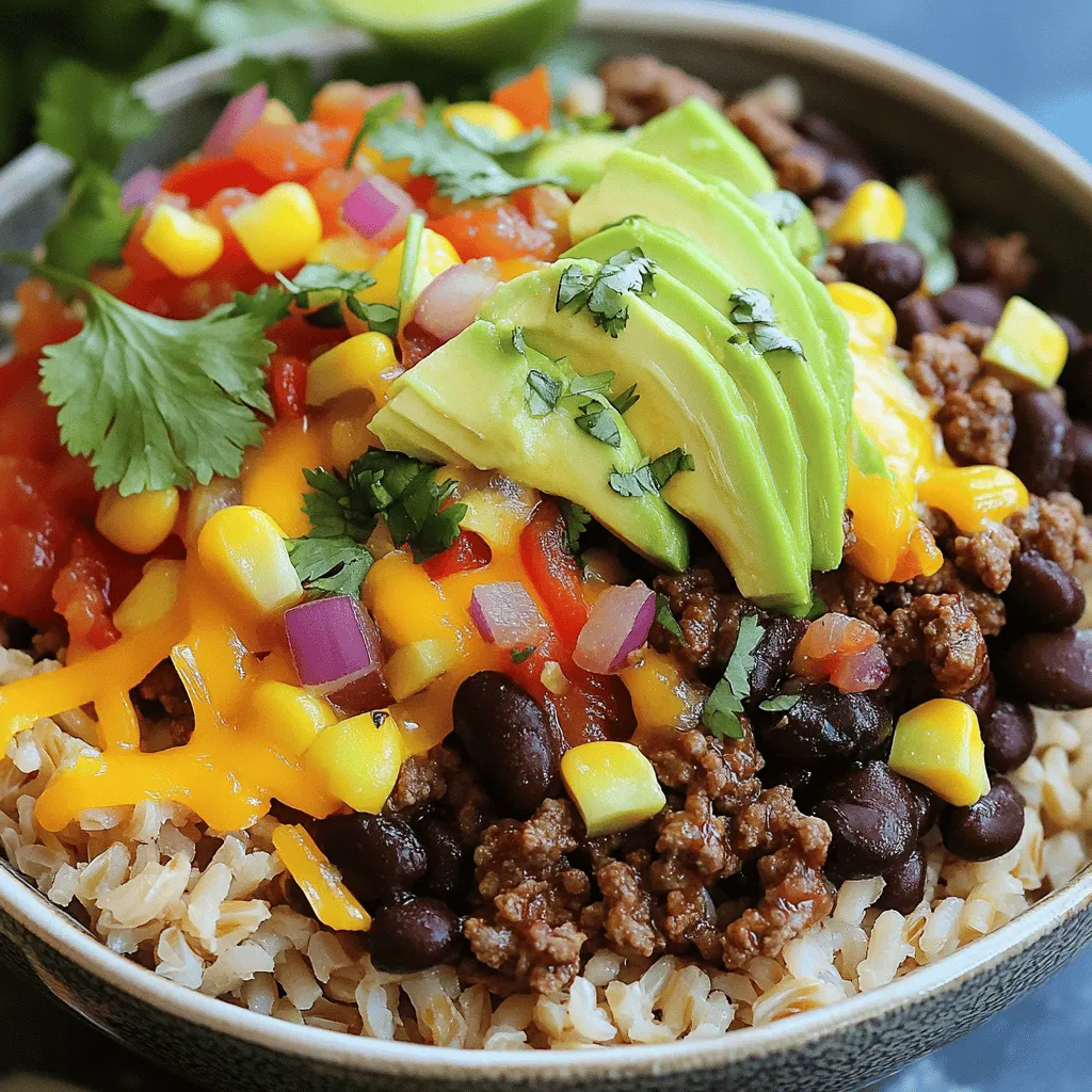 - 1 pound ground beef - 1 cup cooked brown rice - 1 can (15 oz) black beans, rinsed and drained - 1 cup corn (fresh, frozen, or canned) - 1 bell pepper, diced (any color) - 1 small red onion, diced - 2 cloves garlic, minced - 1 tablespoon chili powder - 1 teaspoon cumin - Salt and pepper to taste - 1 cup shredded cheddar cheese - 1 avocado, sliced - ¼ cup fresh cilantro, chopped - ½ cup salsa - Juice of 1 lime When I make a ground beef burrito bowl, I focus on fresh, tasty ingredients. The main star is the ground beef. It gives the dish a rich flavor and nice texture. I cook it until it's browned, which takes about five to seven minutes. Next, I add brown rice. It’s healthy and fills you up. Black beans add protein and fiber, while corn brings a sweet crunch. Choose fresh corn for summer or frozen for year-round ease. For veggies, I love using a bell pepper and red onion. They add color and flavor. I always add garlic too; it makes everything better! The spices, like chili powder and cumin, give the bowl a warm kick. Don’t forget to season with salt and pepper! Finally, the toppings make this dish shine. Shredded cheddar cheese melts over the warm beef. Sliced avocado adds creaminess, while fresh cilantro gives a burst of flavor. A spoonful of salsa and a squeeze of lime juice brighten everything up. These ingredients come together to create a delicious meal. You can find the full recipe for the beefy fiesta burrito bowl in the previous section. Enjoy each bite! To start, heat a large skillet over medium heat. Add 1 pound of ground beef. Cook it until it browns. This should take about 5 to 7 minutes. Make sure to break the meat apart as it cooks. Once browned, drain excess fat from the skillet. Next, add the diced red onion, bell pepper, and minced garlic. Sauté these vegetables until they soften, which takes about 3 to 4 minutes. Now, stir in the spices. Add 1 tablespoon of chili powder and 1 teaspoon of cumin. Sprinkle some salt and pepper to taste. Mix well for about a minute to toast the spices. Then, add the rinsed black beans and corn. Stir until everything heats through. This should take around 2 to 3 minutes. Grab your serving bowls. Start by layering the cooked brown rice at the bottom. Next, spoon the beef and vegetable mixture on top. Add shredded cheddar cheese for a tasty finish. Now, it’s time for garnishes! Top each bowl with sliced avocado, a sprinkle of fresh cilantro, a spoonful of salsa, and a squeeze of lime juice. Serve warm and enjoy your colorful and hearty burrito bowl! For more details, check out the full recipe. To properly brown ground beef, heat your skillet on medium-high. Add the beef, breaking it apart with a spatula. Cook until it gets a rich brown color, about 5 to 7 minutes. Drain excess fat but keep some for flavor. This step adds depth to the dish. For sautéing vegetables, use a bit of oil in the same skillet. Add diced onion and bell pepper, stirring often. Cook until they soften, about 3 to 4 minutes. Add minced garlic last; it cooks fast. This keeps the garlic from burning and losing flavor. For extra zing, try adding spices like paprika or cayenne. A splash of soy sauce can also boost the umami flavor. Don't be shy with the chili powder; it brings warmth and depth to your bowl. Making homemade salsa elevates your dish. Mix chopped tomatoes, onion, cilantro, lime juice, and a pinch of salt. This fresh salsa adds brightness and pairs well with the ground beef. Serve your burrito bowl with tortilla chips or a side of guacamole for crunch. You can also add a fresh green salad for a healthy touch. For creative presentations, stack the ingredients in clear bowls. Layer the rice, beef, and toppings so everyone can see the colors. Garnish with cilantro and lime wedges to make it pop. For the full recipe, check out the Beefy Fiesta Burrito Bowl . {{image_2}} You can easily swap out ground beef for other tasty options. Chicken or turkey work well and keep the dish light. If you're looking for a plant-based choice, try using lentils or a meat alternative. These options still pack a punch of flavor. You can also change the base of your burrito bowl. Instead of brown rice, consider using quinoa. Quinoa is a superfood, full of protein and fiber. It adds a nice texture and can help you feel full longer. Think about adding flavors from different cuisines. A dash of taco seasoning or some chipotle peppers can make your bowl pop. You can also introduce fresh herbs like cilantro or parsley for a burst of flavor. Customizing with seasonal ingredients is a fun way to mix things up. In summer, add fresh corn or tomatoes. In winter, roasted squash or sweet potatoes can add warmth and comfort. If you need gluten-free options, simply choose gluten-free grains or skip the grains altogether. Load your bowl with extra veggies for a satisfying meal. For vegetarian or vegan adaptations, you can replace ground beef with black beans or chickpeas. For cheese lovers, use vegan cheese or skip it entirely. Your burrito bowl will still be delicious and filling. For the full recipe, check out the Beefy Fiesta Burrito Bowl. To store your leftover burrito bowls, let them cool first. Place them in airtight containers. Use glass or plastic containers with tight lids. This keeps the food fresh and prevents spills. Stored this way, your burrito bowls last up to four days in the fridge. When reheating, use the microwave or stovetop. If using a microwave, cover the bowl with a lid or a damp paper towel. This helps keep moisture in. For stovetop heating, add a splash of water and cover the pan. Heat on low to avoid overcooking. Keep an eye on it to make sure everything warms evenly. This way, all your ingredients stay fresh and delicious. You can freeze burrito bowls for later. Portion them in freezer-safe bags or containers. Remove as much air as possible to prevent freezer burn. When ready to eat, thaw overnight in the fridge. Reheat gently to keep the texture nice. Always remember, safe storage is key to enjoying your meals later! You can use several proteins instead of ground beef. Here are some options: - Ground turkey: Leaner than beef, it holds flavor well. - Ground chicken: A lighter choice that is still tasty. - Black beans: A great plant-based protein that suits many diets. - Lentils: Nutty and filling, perfect for a vegetarian bowl. - Tofu: Firm tofu can absorb flavors and add texture. - Seitan: A meat substitute made from wheat, very rich in protein. Using these options can change the taste and feel of your bowl. Experiment with different flavors for new favorites! To kick up the heat, try these tips: - Add jalapeños: Fresh or pickled, they bring a spicy punch. - Use hot salsa: Choose a salsa that packs some heat. - Include cayenne pepper: A little goes a long way in spice. - Stir in chipotle powder: This adds smokiness along with heat. - Top with hot sauce: Drizzle your favorite hot sauce before serving. Adjust the spice level to your taste and enjoy the fiery flavors! Yes, you can prepare burrito bowls ahead of time. Here are my best tips: - Cook ingredients separately: This keeps flavors fresh. - Store in airtight containers: This helps keep food safe and fresh. - Refrigerate for up to four days: Enjoy your meal prep for lunch or dinner! - Reheat gently: Use the microwave or stovetop to warm up. Meal prepping helps save time and lets you enjoy delicious meals all week! For the full recipe, check out the Beefy Fiesta Burrito Bowl. You learned how to make a delicious burrito bowl. We covered key ingredients, step-by-step instructions, and tips for great flavor. You can customize the bowl with your favorite toppings and ingredients. Remember to store leftovers safely or freeze them for later. This meal is not only tasty but also easy to adapt for different diets. Enjoy trying out new variations and sharing the dish with friends. Happy cooking!