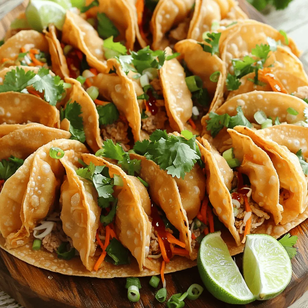 To make Chicken Wonton Tacos, you need some simple and fresh ingredients. Here’s the list: - Ground Chicken - Soy Sauce - Sesame Oil - Ginger - Garlic - Green Cabbage - Shredded Carrots - Green Onions - Fresh Cilantro - Wonton Wrappers - Cooking Oil - Lime Wedges - Sriracha or Hot Sauce These ingredients create a mix of flavors and textures. The ground chicken gives a savory base. Soy sauce adds depth and umami. Sesame oil brings a nutty taste, while ginger and garlic add warmth and spice. The green cabbage and carrots provide crunch. Green onions and cilantro add freshness. For the wonton wrappers, they become crispy shells when fried. You can find them in most grocery stores. Cooking oil is key for frying, giving that golden color and satisfying crunch. Lime wedges add brightness, and Sriracha gives a spicy kick. Using fresh ingredients makes a big difference. They boost flavor and create a dish everyone loves. You can find the full recipe to guide you through the cooking process. Enjoy each bite of these tasty tacos! - Heat Oil and Brown Chicken First, grab a large skillet. Pour in one tablespoon of sesame oil and heat it on medium. Once hot, add one pound of ground chicken. Cook this chicken until it turns brown, about 5 to 7 minutes. Stir it often and break it up as it cooks. - Add Soy Sauce, Ginger, and Garlic After browning the chicken, stir in one tablespoon of soy sauce, one teaspoon of grated ginger, and two cloves of minced garlic. Cook everything for another 2 minutes. This step fills your kitchen with a great smell! - Mix Chicken Filling with Vegetables In a large bowl, combine the cooked chicken with one cup of shredded green cabbage, half a cup of shredded carrots, a quarter cup of chopped green onions, and one tablespoon of chopped fresh cilantro. Mix well to make sure all flavors blend together. - Assembling the Wontons Take a wonton wrapper and spoon about a tablespoon of the chicken filling into the center. Moisten the edges with water. Fold the wrapper diagonally to form a triangle. Press the edges together to seal. Keep doing this until you fill all 24 wonton wrappers. - Heating Oil for Frying In a deep pan, heat enough cooking oil to cover the bottom, about 1/4 inch deep. Set your heat to medium-high. To test if the oil is hot, drop in a small piece of wonton wrapper. If it sizzles, the oil is ready. - Frying Instructions Carefully fry the wontons in batches. Cook each side for about 2 to 3 minutes until they are golden brown and crisp. Once done, remove them and place them on a paper towel-lined plate to drain excess oil. For a complete guide, check the Full Recipe for Chicken Wonton Tacos. Tips for Wrapping Wontons Wrapping wontons can be fun! Start with a wonton wrapper on a flat surface. Place about one tablespoon of the chicken filling in the center. Moisten the edges with a bit of water. Fold the wrapper diagonally to make a triangle. Press the edges firmly to seal. Be sure there are no air bubbles inside. This step helps keep the filling intact during frying. Best Oil for Frying Choosing the right oil is key for crispiness. I recommend using vegetable oil or canola oil. Both oils have high smoke points. This means they can handle the heat well. Heat your oil to about 350°F for the best results. You can test if it's ready by dropping in a small piece of wonton wrapper. If it sizzles, you’re good to go! Flavor Variations with Sauces Sauces can transform your wonton tacos. You might enjoy dipping them in soy sauce or sweet chili sauce. Try a spicy mayo or a garlic aioli for a twist. Each sauce adds a new layer of flavor. Don’t hesitate to mix and match sauces to find your favorite! Additional Spices to Consider Adding spices can kick up the taste. Try a pinch of five-spice powder for warmth. You can also use chili flakes for some heat. If you like fresh herbs, toss in some basil or mint. These small changes make a big difference in flavor. Explore different spices to create your own unique taste! For the full recipe, check out the Chicken Wonton Tacos recipe. {{image_2}} You can change the protein in chicken wonton tacos. Ground turkey works well as a substitute. It has a similar taste and texture. You can also use tofu for a plant-based option. Just crumble the tofu and cook it like chicken. Shrimp is another great option. It adds a seafood twist. Cook the shrimp until pink and slightly firm. Chop them into small pieces, then mix with your veggies. This brings a fresh flavor to your tacos. If you want vegetarian tacos, try using mushrooms or black beans. Both add great flavor and texture. Sauté the mushrooms until soft, or mash the black beans lightly. You can mix either with your veggies for a tasty filling. For vegan wonton wrappers, look for brands that use no egg. Many stores offer these options now. They are easy to find and work just as well. This way, you can enjoy delicious tacos without any animal products. For the Full Recipe, follow the steps and enjoy your flavorful and crispy creation! Refrigeration Tips I recommend storing leftover chicken wonton tacos in an airtight container. This keeps them fresh for up to three days. Make sure they cool down before you seal the container. This step helps prevent moisture build-up, which can make them soggy. Freezing Instructions If you want to save them longer, you can freeze the wontons. Place them in a single layer on a baking sheet. Freeze them for about an hour, then transfer them to a freezer-safe bag. This method keeps them from sticking together. You can enjoy them for up to three months. Best Methods to Reheat Wontons To reheat your chicken wonton tacos, I suggest using an oven or an air fryer. Preheat your oven to 375°F. Place the tacos on a baking sheet and heat for about 10 minutes. If using an air fryer, set it to 350°F and cook for 5-7 minutes. Both methods help maintain their crispy texture. Maintaining Crispiness To keep the wontons crispy, avoid using a microwave. Microwaving can make them soggy. Instead, always choose a method that uses dry heat, like an oven or air fryer. This way, you can enjoy the delightful crunch again. To make your wonton tacos crispy, oil temperature is key. Heat the oil to about 350°F. You can test it by dropping in a small piece of wonton wrapper; it should sizzle right away. This ensures the wrappers fry quickly, creating a nice crunch. To avoid sogginess, don’t overcrowd the pan. Fry them in small batches. This allows hot oil to circulate around each taco, making them crispy. After frying, place the tacos on a paper towel-lined plate. This helps absorb any extra oil. Yes, you can bake wonton tacos for a healthier option. Preheat your oven to 400°F. Lightly brush the wonton wrappers with oil on both sides. Place them on a baking sheet in a single layer. Bake for about 10-15 minutes, flipping halfway through. Baking gives a different texture. Fried wontons are crispy and golden, while baked ones are a bit chewier. However, they still taste great with the same filling. Wonton tacos taste amazing with various dipping sauces. Some great options include soy sauce, sweet chili sauce, or even a spicy mayo. You can add lime juice for a fresh kick. If you want to make your own dipping sauce, mix equal parts soy sauce and honey. Add a splash of rice vinegar and a pinch of chili flakes for heat. This simple sauce will elevate your tacos and impress your guests. For the full recipe, check out the Chicken Wonton Tacos recipe above. In this article, we explored how to create delicious wonton tacos. We covered the essential ingredients, cooking steps, and creative variations. Remember to choose your proteins wisely and enhance flavors with sauces. Store any leftovers properly to keep them fresh. With these tips, you can enjoy crunchy, tasty snacks anytime. Try new fillings and flavors to make these tacos your own. Now, it’s time to get cooking and impress your friends and family!