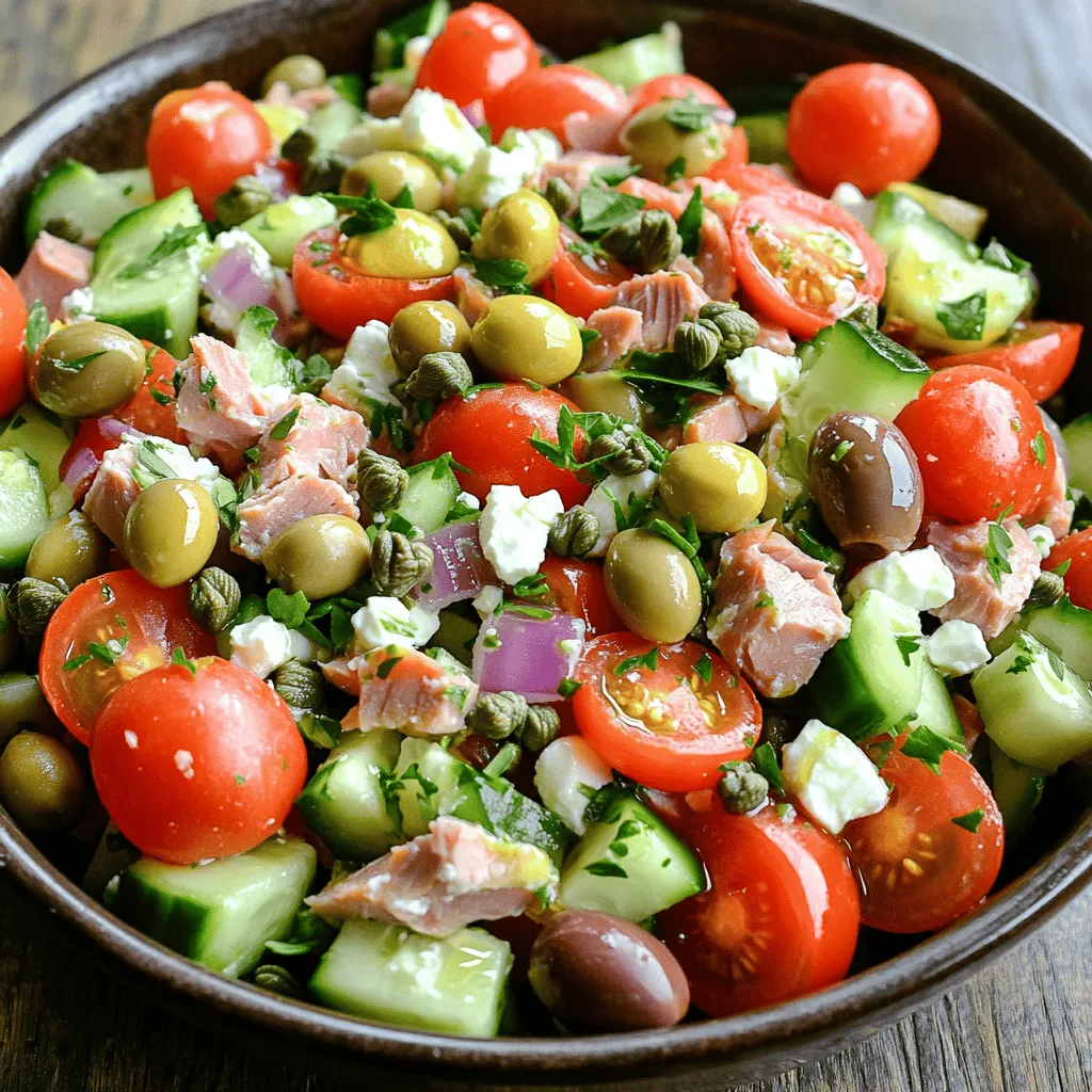 To make a fresh and flavorful Mediterranean tuna salad, gather these ingredients: - 2 cans (6 oz each) tuna in olive oil, drained - 1 cup cherry tomatoes, halved - ½ cup cucumber, diced - ½ cup red onion, finely chopped - 1 cup Kalamata olives, pitted and halved - ½ cup feta cheese, crumbled - 1 tablespoon capers, rinsed and drained - 2 tablespoons fresh parsley, chopped - 3 tablespoons olive oil - 2 tablespoons lemon juice - Salt and pepper to taste You can swap some ingredients to fit your taste or pantry. For tuna, you can use canned salmon or chicken if you prefer. If you don’t have Kalamata olives, green olives work well, too. For a dairy-free option, skip the feta cheese or use a plant-based version. If fresh parsley isn’t available, try fresh basil or dill for a different twist. This salad packs many health benefits. Tuna is rich in protein and omega-3 fatty acids, which help your heart. Olive oil is a healthy fat that can lower bad cholesterol. Tomatoes are full of vitamins, like C and K, which boost your immune system. Cucumbers keep you hydrated and are low in calories. Feta cheese adds calcium for strong bones. These ingredients together create a balanced meal that tastes great and keeps you healthy. To make this Mediterranean Tuna Salad, you need to start with a large mixing bowl. In this bowl, combine the following ingredients: - 2 cans (6 oz each) tuna in olive oil, drained - 1 cup cherry tomatoes, halved - ½ cup cucumber, diced - ½ cup red onion, finely chopped - 1 cup Kalamata olives, pitted and halved - ½ cup feta cheese, crumbled - 1 tablespoon capers, rinsed and drained - 2 tablespoons fresh parsley, chopped Mix these ingredients gently to avoid breaking the tuna. In a separate small bowl, whisk together: - 3 tablespoons olive oil - 2 tablespoons lemon juice - Salt and pepper to taste Once your dressing is ready, pour it over the tuna mixture. Toss everything together carefully until the salad is well coated. Let it sit for about 10 minutes at room temperature. This time allows the flavors to blend beautifully. To save time, prepare all your ingredients before mixing. Chop the vegetables and cheese first. This way, you ensure everything is ready to go. Use a sharp knife for clean cuts, especially for the onion and cucumber. When mixing, use a spatula. It helps keep the tuna intact and prevents mushiness. For this salad, you only need a few basic tools: - A large mixing bowl for the salad - A small bowl for the dressing - A whisk to mix the dressing - A sharp knife for chopping - A cutting board for safe prep With these tools, you can make your Mediterranean Tuna Salad quickly and easily. For the full recipe, check the section above. To boost the flavor of your Mediterranean tuna salad, follow these tips: - Use good-quality tuna. Choose tuna packed in olive oil for richer taste. - Add fresh herbs. Fresh parsley and basil add great flavor. - Include citrus zest. Grate lemon zest for an extra burst of freshness. - Marinate before serving. Let the salad sit for about 10 minutes. This helps the flavors blend well. Personalize your Mediterranean tuna salad with these easy adjustments: - Change the veggies. Swap cherry tomatoes for bell peppers or artichokes. - Use different cheeses. Try goat cheese or parmesan for a new twist. - Adjust the dressing. Add more lemon juice for a tangy taste or balsamic vinegar for sweetness. - Add spices. Sprinkle in some oregano or dill for added aroma. Make your salad look as good as it tastes with these serving ideas: - Use a large bowl. Present the salad in a big, colorful bowl to catch the eye. - Garnish with herbs. Top with parsley or lemon slices for a fresh look. - Serve with crusty bread. Pair the salad with warm, crusty bread for a complete meal. - Create individual plates. Serve in smaller bowls for a nice touch at dinner parties. For the full recipe, check out the detailed instructions above. {{image_2}} If you want to switch up the protein in your Mediterranean tuna salad, there are great options. You can use canned salmon instead of tuna. It has a similar taste and texture. Another choice is chickpeas. They add protein and fiber, making the salad hearty and filling. Using seasonal ingredients keeps your salad fresh and tasty. In the summer, add sweet corn for a burst of flavor. In the fall, try roasted butternut squash for a warm touch. You can also mix in fresh herbs like basil or dill for extra zest. To make this salad vegan or vegetarian, leave out the tuna and feta. Use cooked quinoa for protein. It has a nice texture and absorbs flavors well. You can also add more veggies, like bell peppers or shredded carrots, for crunch and color. This way, you still enjoy a delicious and colorful meal. For the full recipe, check the detailed ingredients and instructions above. To keep your Mediterranean Tuna Salad fresh, store it in an airtight container. This helps to lock in the flavors and prevent odors from other foods in your fridge. If you have a large batch, divide it into smaller portions. This way, you only open what you need. Your tuna salad will stay fresh for up to three days in the fridge. After that, the ingredients may lose their taste and texture. Always check for any off-smell or changes in color before eating. If it looks or smells strange, it’s best to toss it out. You can freeze Mediterranean Tuna Salad, but it may change the texture. To freeze, put the salad in a freezer-safe container. Leave some space at the top, as it will expand. When you’re ready to eat, let it thaw in the fridge overnight. Use it within a month for the best taste. To make Mediterranean Tuna Salad from scratch, gather your ingredients first. You will need tuna, cherry tomatoes, cucumber, red onion, olives, feta cheese, capers, parsley, olive oil, lemon juice, salt, and pepper. 1. Start by draining the tuna and placing it in a large bowl. 2. Next, add halved cherry tomatoes, diced cucumber, finely chopped red onion, olives, crumbled feta cheese, rinsed capers, and chopped parsley to the bowl. 3. In a smaller bowl, mix olive oil, lemon juice, salt, and pepper. Stir well. 4. Pour this dressing over the tuna mix. Gently toss everything together. 5. Let the salad sit for about 10 minutes to let the flavors mix well. This simple process creates a tasty and colorful dish that is healthy and quick to prepare. Yes, you can use canned tuna in water if you prefer. The flavor will be slightly different since tuna in olive oil adds richness. If you use tuna in water, consider adding a bit more olive oil to your dressing. This can help enhance the taste and keep the salad moist. Serving Mediterranean Tuna Salad is easy and fun. Here are some ideas: - Serve it on a bed of greens for a light meal. - Use it as a filling in pita bread or wraps. - Pair it with whole-grain crackers for a crunchy snack. - Top it on toasted bread for a delicious bruschetta. - Serve it alongside grilled vegetables for a hearty dinner. These options make your meal exciting and cater to different preferences. Check out the Full Recipe for all the details to create your salad! Mediterranean Tuna Salad is a tasty and healthy dish. We covered its key ingredients and their health benefits. You learned easy steps for preparation and how to enhance flavor. I shared tips for customizations and serving suggestions. Variations let you adjust this dish for different diets. Lastly, good storage keeps leftovers fresh. Remember, this salad is not just a meal; it’s a way to enjoy fresh, wholesome food that fits your taste and lifestyle. Dive in and make this salad yours!