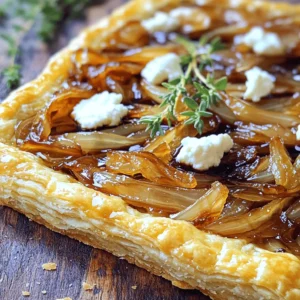 - 1 sheet of puff pastry, thawed - 4 large onions, thinly sliced - 2 tablespoons olive oil - 2 tablespoons unsalted butter - 2 tablespoons brown sugar - 1 teaspoon fresh thyme leaves (or 1/2 teaspoon dried thyme) - 1/2 cup goat cheese, crumbled - Salt and pepper to taste - 1 egg, beaten (for egg wash) You need a few simple items to make a caramelized onion tart. Start with a sheet of puff pastry. This will be your base. Next, grab four large onions. Slice them thinly for even cooking. Olive oil and unsalted butter will help you sauté the onions. Brown sugar adds sweetness and helps with caramelization. Fresh thyme gives it a nice herb flavor. Goat cheese adds creaminess and a tangy touch. Don't forget salt and pepper to season. Lastly, an egg wash will give your crust a beautiful shine. These ingredients work together to create a savory and satisfying dish. Each element plays a key role in the flavor and texture. You can find the full recipe in the next section. - Preheat the oven to 400°F (200°C). - Heat 2 tablespoons of olive oil and 2 tablespoons of butter in a skillet. - Add 4 large onions, thinly sliced, and a pinch of salt. Cook until soft and translucent, about 15 minutes. - Sprinkle 2 tablespoons of brown sugar and 1 teaspoon of fresh thyme over the onions. - Continue cooking until the onions turn a deep caramel color, about 15-20 minutes. Stir occasionally to keep them from burning. - Remove from heat and allow the mixture to cool slightly before moving on. - Roll out 1 sheet of puff pastry on a floured surface until it fits your tart pan. - Place the pastry in the pan and trim any excess. - Spread the caramelized onions evenly over the pastry. - Crumble 1/2 cup of goat cheese on top. Brush the edges with 1 beaten egg for a golden crust. - Bake in the preheated oven for 25-30 minutes. - The pastry should puff up and turn golden brown. - Let it cool for a few minutes before slicing. Season with extra salt and pepper if needed. This is how you create a delicious Caramelized Onion Tart. For a detailed overview, be sure to check the Full Recipe. - Use a non-stick skillet for easy cleanup. - Stir occasionally to prevent burning and ensure even cooking. When I cook onions, I find that patience is key. Start with medium heat. Slowly cooking the onions brings out their sweetness. This can take time but trust me, it’s worth it. The goal is to turn them a deep golden brown. Add a pinch of salt to help draw out moisture. Once they soften, stir in brown sugar and thyme for even more flavor. - Keep the puff pastry cold until ready to use for best results. - Use a fork to create decorative patterns on the crust before baking. For puff pastry, cold is best. This helps it rise and stay flaky. Roll it out gently, ensuring it fits your tart pan. A fork can add a nice touch. Just press it along the edges. This isn’t just pretty; it helps keep the filling in place! - Serve warm with a drizzle of balsamic reduction. - Garnish with fresh thyme for added flavor and presentation. To serve, I recommend a drizzle of balsamic reduction. It adds a sweet tang that pairs well with onions. A few fresh thyme sprigs on top look great too. They add a pop of color and a hint of freshness. Enjoy your tart warm, and watch it disappear! If you want to try this recipe, check out the Full Recipe for all the details. {{image_2}} You can change the cheese to mix up the flavor. - Swap goat cheese for feta for a tangy taste. - Use cheddar for a sharper flavor. - Add shredded mozzarella for a creamier texture that melts well. Adding more veggies can boost nutrition and taste. - Incorporate spinach for a fresh, bright flavor. - Mushrooms add an earthy taste that pairs well. - Roasted red peppers bring a sweet and colorful touch. You can enhance flavors with herbs and vinegar. - Experiment with fresh herbs like rosemary or sage. - Adding balsamic vinegar while caramelizing onions gives depth. These variations keep the tart exciting and give you room to be creative. For the full recipe, check the main section. Store leftovers in an airtight container in the fridge. This keeps the tart fresh. Consume within 3-4 days for optimal flavor. If you wait too long, it may lose taste. Freeze slices wrapped individually to prevent freezer burn. This way, you can enjoy a slice later. Reheat in the oven for best results. This helps keep the crust crisp and tasty. Use the oven or air fryer to restore crispiness. This method works well for keeping the tart nice. Avoid microwaving to prevent sogginess. Microwaving can make the crust soft and unappealing. The best way to caramelize onions is by using slow cooking. I recommend cooking them over medium-low heat. This allows the natural sugars in the onions to release and brown slowly. You want to stir them occasionally to prevent burning. The whole process takes about 30 to 40 minutes. Yes, you can make this tart ahead of time. Prepare it the day before serving. Simply bake it just before you plan to eat. This makes it easy for parties or busy nights. You can add many toppings to your tart. Bacon is a great choice for a savory bite. Various cheeses, like feta or cheddar, can also enhance the flavor. Fresh herbs, such as parsley or basil, add a fresh touch. To know when the tart is done, check the pastry. It should be puffed and golden brown. This usually takes about 25 to 30 minutes in the oven. A golden crust means it’s ready to eat. Yes, you can make it gluten-free. Just use gluten-free puff pastry instead of regular pastry. This way, everyone can enjoy the tart without worry. This blog post shared an easy, tasty recipe for caramelized onion tart. You learned about the key ingredients and the steps to boost your cooking skills. Remember, perfecting caramelization takes time, so stay patient. Feel free to adjust ingredients and try new flavors. Store leftovers wisely, so they last. With these tips, you can impress friends and family with your delightful tart. Enjoy creating this dish, and let your culinary journey begin!