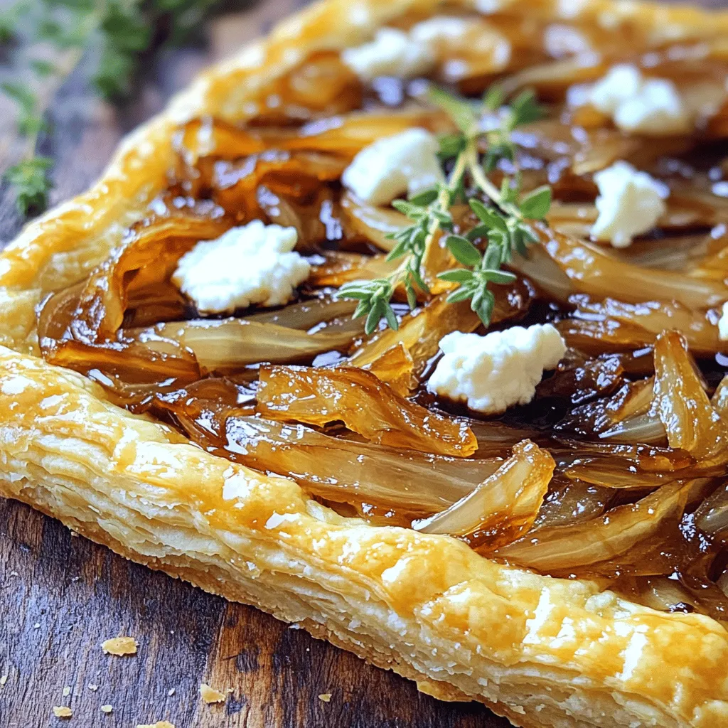 - 1 sheet of puff pastry, thawed - 4 large onions, thinly sliced - 2 tablespoons olive oil - 2 tablespoons unsalted butter - 2 tablespoons brown sugar - 1 teaspoon fresh thyme leaves (or 1/2 teaspoon dried thyme) - 1/2 cup goat cheese, crumbled - Salt and pepper to taste - 1 egg, beaten (for egg wash) You need a few simple items to make a caramelized onion tart. Start with a sheet of puff pastry. This will be your base. Next, grab four large onions. Slice them thinly for even cooking. Olive oil and unsalted butter will help you sauté the onions. Brown sugar adds sweetness and helps with caramelization. Fresh thyme gives it a nice herb flavor. Goat cheese adds creaminess and a tangy touch. Don't forget salt and pepper to season. Lastly, an egg wash will give your crust a beautiful shine. These ingredients work together to create a savory and satisfying dish. Each element plays a key role in the flavor and texture. You can find the full recipe in the next section. - Preheat the oven to 400°F (200°C). - Heat 2 tablespoons of olive oil and 2 tablespoons of butter in a skillet. - Add 4 large onions, thinly sliced, and a pinch of salt. Cook until soft and translucent, about 15 minutes. - Sprinkle 2 tablespoons of brown sugar and 1 teaspoon of fresh thyme over the onions. - Continue cooking until the onions turn a deep caramel color, about 15-20 minutes. Stir occasionally to keep them from burning. - Remove from heat and allow the mixture to cool slightly before moving on. - Roll out 1 sheet of puff pastry on a floured surface until it fits your tart pan. - Place the pastry in the pan and trim any excess. - Spread the caramelized onions evenly over the pastry. - Crumble 1/2 cup of goat cheese on top. Brush the edges with 1 beaten egg for a golden crust. - Bake in the preheated oven for 25-30 minutes. - The pastry should puff up and turn golden brown. - Let it cool for a few minutes before slicing. Season with extra salt and pepper if needed. This is how you create a delicious Caramelized Onion Tart. For a detailed overview, be sure to check the Full Recipe. - Use a non-stick skillet for easy cleanup. - Stir occasionally to prevent burning and ensure even cooking. When I cook onions, I find that patience is key. Start with medium heat. Slowly cooking the onions brings out their sweetness. This can take time but trust me, it’s worth it. The goal is to turn them a deep golden brown. Add a pinch of salt to help draw out moisture. Once they soften, stir in brown sugar and thyme for even more flavor. - Keep the puff pastry cold until ready to use for best results. - Use a fork to create decorative patterns on the crust before baking. For puff pastry, cold is best. This helps it rise and stay flaky. Roll it out gently, ensuring it fits your tart pan. A fork can add a nice touch. Just press it along the edges. This isn’t just pretty; it helps keep the filling in place! - Serve warm with a drizzle of balsamic reduction. - Garnish with fresh thyme for added flavor and presentation. To serve, I recommend a drizzle of balsamic reduction. It adds a sweet tang that pairs well with onions. A few fresh thyme sprigs on top look great too. They add a pop of color and a hint of freshness. Enjoy your tart warm, and watch it disappear! If you want to try this recipe, check out the Full Recipe for all the details. {{image_2}} You can change the cheese to mix up the flavor. - Swap goat cheese for feta for a tangy taste. - Use cheddar for a sharper flavor. - Add shredded mozzarella for a creamier texture that melts well. Adding more veggies can boost nutrition and taste. - Incorporate spinach for a fresh, bright flavor. - Mushrooms add an earthy taste that pairs well. - Roasted red peppers bring a sweet and colorful touch. You can enhance flavors with herbs and vinegar. - Experiment with fresh herbs like rosemary or sage. - Adding balsamic vinegar while caramelizing onions gives depth. These variations keep the tart exciting and give you room to be creative. For the full recipe, check the main section. Store leftovers in an airtight container in the fridge. This keeps the tart fresh. Consume within 3-4 days for optimal flavor. If you wait too long, it may lose taste. Freeze slices wrapped individually to prevent freezer burn. This way, you can enjoy a slice later. Reheat in the oven for best results. This helps keep the crust crisp and tasty. Use the oven or air fryer to restore crispiness. This method works well for keeping the tart nice. Avoid microwaving to prevent sogginess. Microwaving can make the crust soft and unappealing. The best way to caramelize onions is by using slow cooking. I recommend cooking them over medium-low heat. This allows the natural sugars in the onions to release and brown slowly. You want to stir them occasionally to prevent burning. The whole process takes about 30 to 40 minutes. Yes, you can make this tart ahead of time. Prepare it the day before serving. Simply bake it just before you plan to eat. This makes it easy for parties or busy nights. You can add many toppings to your tart. Bacon is a great choice for a savory bite. Various cheeses, like feta or cheddar, can also enhance the flavor. Fresh herbs, such as parsley or basil, add a fresh touch. To know when the tart is done, check the pastry. It should be puffed and golden brown. This usually takes about 25 to 30 minutes in the oven. A golden crust means it’s ready to eat. Yes, you can make it gluten-free. Just use gluten-free puff pastry instead of regular pastry. This way, everyone can enjoy the tart without worry. This blog post shared an easy, tasty recipe for caramelized onion tart. You learned about the key ingredients and the steps to boost your cooking skills. Remember, perfecting caramelization takes time, so stay patient. Feel free to adjust ingredients and try new flavors. Store leftovers wisely, so they last. With these tips, you can impress friends and family with your delightful tart. Enjoy creating this dish, and let your culinary journey begin!