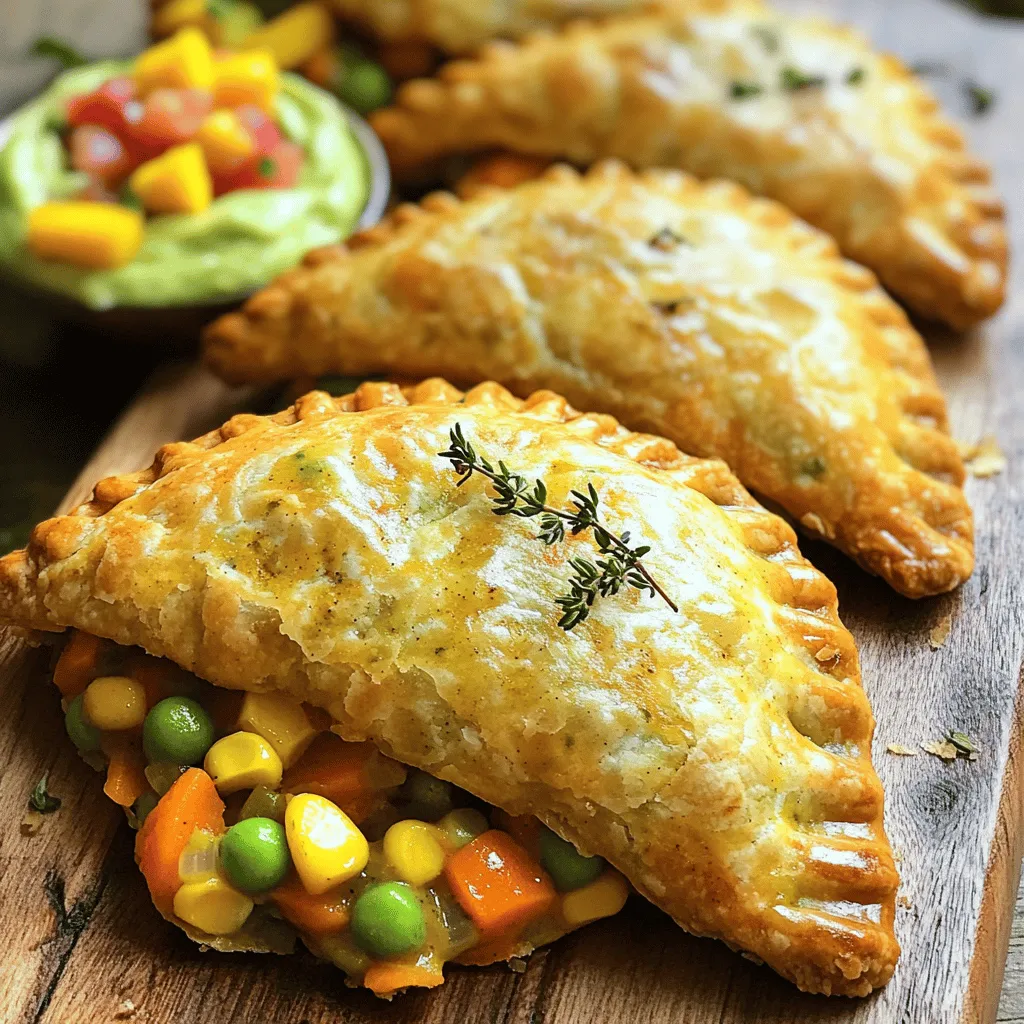 To make the perfect Jamaican vegetable patties, you need a few key items. Here’s the list: - 2 cups all-purpose flour - 1/2 cup unsalted butter, chilled and cubed - 1/2 tsp salt - 1/2 tsp turmeric powder - 1/4 cup ice water (more if needed) - 1 cup mixed vegetables (carrots, peas, corn) - 1 small onion, finely chopped - 2 cloves garlic, minced - 1 tsp fresh thyme, chopped - 1 tsp Jamaican curry powder - 1/4 tsp black pepper - 1 tbsp vegetable oil for cooking - 1 tbsp soy sauce These ingredients combine to create a tasty crust and a flavorful filling that shines. The filling is where the real flavor happens. I love using: - Carrots: They add sweetness and crunch. - Peas: They bring a nice pop of color and taste. - Corn: It adds a bit of sweetness. - Bell peppers: They give a nice crunch and freshness. You can mix and match these veggies to fit your taste. Don’t hesitate to get creative! Don’t have all the ingredients? No problem! Here are some swaps you can make: - Instead of all-purpose flour, use whole wheat flour for a nutty taste. - If you want a dairy-free option, swap out butter for coconut oil or vegan butter. - For the vegetables, any combination of your favorites will work. Try spinach, zucchini, or broccoli. - You can use garlic powder instead of fresh garlic if you are in a pinch. Feel free to make it your own! For the complete recipe, check the Full Recipe above. Start with a large bowl. Mix 2 cups of all-purpose flour with 1/2 teaspoon of salt and 1/2 teaspoon of turmeric powder. This blend gives the dough a nice color and flavor. Next, add 1/2 cup of chilled, cubed unsalted butter. Use your fingers to rub the butter into the flour. Keep going until it looks like coarse crumbs. Now, gradually pour in 1/4 cup of ice water. Mix it until the dough forms a ball. If it feels too dry, add more water, a little at a time. Wrap the dough in plastic wrap and place it in the fridge for 30 minutes. This helps the dough chill and firm up, making it easier to roll later. For the filling, heat 1 tablespoon of vegetable oil in a large skillet over medium heat. Add 1 small, finely chopped onion and 2 minced garlic cloves. Sauté them until soft, about 3-4 minutes. Then, add 1 cup of mixed vegetables like carrots, peas, and corn. Stir in 1 teaspoon of fresh thyme, 1 teaspoon of Jamaican curry powder, and 1/4 teaspoon of black pepper. Cook this mixture for 5-7 minutes until the veggies are tender. Finally, add 1 tablespoon of soy sauce and mix well. Remove the skillet from the heat and let the filling cool. This step is key to keeping the dough from getting soggy. Preheat your oven to 400°F (200°C). On a floured surface, roll out the chilled dough to about 1/8 inch thick. Use a round cutter to make circles about 5-6 inches in diameter. Take a generous spoonful of the vegetable filling and place it in the center of each circle. Fold the dough over to form a half-moon shape. Press the edges to seal them, then crimp the edges with a fork. This makes the patties look nice and prevents spills. Place the patties on a baking sheet lined with parchment paper. Bake them for 20-25 minutes, until they turn golden brown. Let the patties cool slightly before serving. Enjoy them warm with spicy mango salsa or avocado dip for a tasty treat. For the full recipe, check out the details provided earlier. To get a flaky crust, start with cold butter. This keeps the dough light. Use a pastry cutter or your fingers to mix the butter into the flour. You want it to look like coarse crumbs. Don't overwork the dough. Mix until just combined. Resting the dough in the fridge helps too. This allows the gluten to relax. Using a skillet for the filling is key. Heat the vegetable oil over medium heat. Sauté the onions and garlic until they soften. Then add your mixed vegetables and spices. Stir them well for even cooking. Baking the patties in a preheated oven ensures they cook evenly. Aim for a golden brown on the crust. Seasoning makes a big difference in taste. Use fresh thyme for a bright flavor. Jamaican curry powder adds warmth and depth. Adjust the black pepper for heat. A splash of soy sauce brings umami. Feel free to taste and tweak the filling. This step helps you create a flavor you love. For the full recipe, check the instructions above. {{image_2}} I love making vegan Jamaican vegetable patties. They are easy and tasty. You can use plant-based butter instead of regular butter. This keeps the dough flaky while keeping it vegan. You can also use coconut oil for a fun twist. For the filling, stick to your favorite veggies and spices. Try using lentils or chickpeas for added protein. They make the dish hearty and satisfying. If you want more protein, consider adding meat alternatives. Crumbled tofu works great. It absorbs flavors well and adds a nice texture. Tempeh is another good option. It has a nutty flavor that complements the spices. You can also use seitan for a chewy texture that mimics meat. Mix these with the vegetable filling for a full meal. Just remember to adjust your seasoning to match. Get creative with your fillings! You can add beans, like black beans or kidney beans. They add fiber and protein. Consider adding roasted peppers for a smoky flavor. Even sweet potatoes can add natural sweetness and a creamy texture. Don’t forget to play with spices. A dash of smoked paprika or a hint of cumin can transform the taste. Mix and match ingredients to find your favorite combo. For the full recipe, check out the details provided earlier. To keep your Jamaican vegetable patties fresh, place them in an airtight container. You can store them in the fridge for up to three days. If you want to keep them longer, freezing is a great option. Make sure the patties are completely cool before storing. This way, they won’t get soggy. Freezing is perfect for meal prep. Place the uncooked patties on a baking sheet lined with parchment paper. Freeze them for about an hour until firm. After that, transfer them to a freezer-safe bag. This method keeps the patties from sticking together. You can freeze them for up to three months. When you’re ready to enjoy, just bake them directly from the freezer. To reheat cooked patties, bake them at 350°F (175°C) for about 10-15 minutes. This keeps the crust crispy. If you’re in a hurry, you can microwave them for about 30-60 seconds. However, the crust may lose its crunch. For the best flavor and texture, baking is the way to go. Enjoy your flavorful delight! Jamaican vegetable patties are tasty pastries filled with spiced vegetables. They have a golden, flaky crust. The filling often includes carrots, peas, and corn. Each bite bursts with flavors from fresh herbs and spices. These patties are a popular snack in Jamaica, enjoyed by many. Yes, you can make these patties ahead of time! Prepare the dough and filling in advance. Store them separately in the fridge for up to two days. You can also freeze the patties before baking. Just bake them straight from the freezer. This makes for quick snacks or meals later. To achieve a flakier crust, use cold butter and water. Keep everything chilled, even your mixing bowl. Rub the butter into the flour until it looks like crumbs. Don't overmix; this keeps the layers light. You can also try adding a bit of vinegar to the dough for extra flakiness. Jamaican vegetable patties are tasty and fun to make. We explored the essential ingredients, prep steps, and tips for a flaky crust. You learned about swapping ingredients and adding protein or creative fillings. Storing and reheating leftover patties can keep them fresh for later. Now, it’s time to get cooking! Try the recipes and make these savory treats your own. Enjoy the process and share your creations with others. Happy cooking!