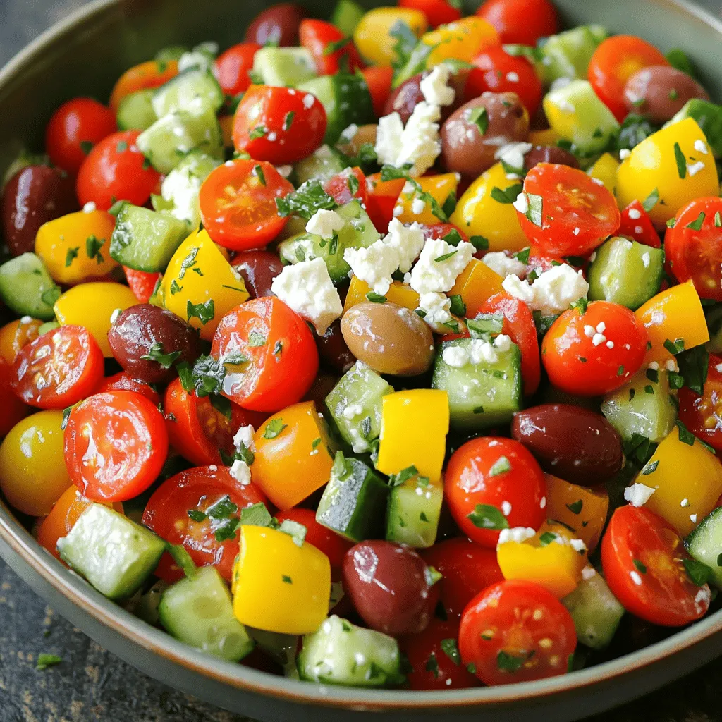 - 2 cups cherry tomatoes - 1 cucumber - 1 red bell pepper - 1 yellow bell pepper - 1/2 red onion - Fresh parsley - 1 cup kalamata olives - 2 tablespoons olive oil - 1 tablespoon red wine vinegar - 1 teaspoon dried oregano - Salt and pepper - 1/2 cup Greek yogurt - 1 cup feta cheese To make a tasty Creamy Greek Salad, start with fresh produce. You need ripe cherry tomatoes, a crisp cucumber, and colorful bell peppers. The red and yellow bell peppers add sweetness and crunch. A half red onion brings a nice bite. Fresh parsley at the end gives a pop of green and flavor. Next, gather your pantry staples. Kalamata olives add a salty, briny touch. Olive oil and red wine vinegar create a rich dressing. Dried oregano gives that classic Greek flavor. Don’t forget to season with salt and pepper to taste. For the creamy part, Greek yogurt makes it smooth and rich. Crumbled feta cheese adds a tangy taste and texture. This combination creates a delicious salad that everyone will love. For the full recipe, check out the instructions and enjoy making this delightful dish! Start by chopping the cherry tomatoes. Cut each one in half. Next, take your cucumber and dice it into small pieces. This gives your salad a nice crunch. For the bell peppers, first remove the seeds. Then, dice the red and yellow bell peppers into bite-sized cubes. Finally, finely chop the red onion. These fresh veggies will make your salad bright and tasty. In a small bowl, whisk together the Greek yogurt, olive oil, and red wine vinegar. Mix until smooth and creamy. This dressing adds a rich flavor. Next, add dried oregano, salt, and pepper to the bowl. Stir well to combine everything. This creamy dressing is key to your salad. In a large mixing bowl, toss the chopped vegetables with your creamy dressing. Make sure all the veggies are well coated. This helps every bite burst with flavor. Now, gently fold in the crumbled feta cheese. Be careful not to break it too much. This cheese adds a salty kick. For the full recipe, refer to the earlier section. Let the salad sit for about 10 minutes to allow the flavors to blend. Enjoy your fresh and creamy Greek salad! To get the right creaminess, adjust the yogurt thickness. If you want it thicker, use less yogurt. For a thinner mix, add a splash of water or more yogurt. This keeps the salad light and fresh. Crumbling feta cheese can be tricky. Use your hands for a better texture. This helps the feta mix well without becoming mushy. Marinating the salad can boost the taste. Let it sit for at least 10 minutes. This allows the veggies to soak up the flavors. You can also add herbs or spices. Fresh dill or mint can give it a nice twist. A pinch of crushed red pepper adds heat. Experiment to find what you love! For gatherings, serve the salad in a large bowl. This makes it easy for guests to help themselves. Drizzle a tiny bit of olive oil on top for shine. Sprinkle fresh parsley for color. You can also use lemon slices as a garnish. They add a bright touch and a hint of flavor. {{image_2}} You can make your creamy Greek salad even heartier by adding protein. Grilled chicken works great. Just slice it thin and mix it in. Chickpeas are another tasty option. They add a nice crunch and protein boost. If you're a seafood lover, try shrimp or tuna. Cooked shrimp adds a fun twist. Tuna gives a nice flavor and pairs well with the salad. If you want to switch things up, try a different dressing. You can swap Greek yogurt for a creamy ranch or Caesar dressing. This gives the salad a new taste. For a vegan option, blend silken tofu with lemon juice and herbs. This creates a smooth, creamy dressing without dairy. It’s just as yummy! Seasonal veggies can add new colors and flavors. In summer, toss in fresh corn or zucchini. In fall, roasted butternut squash is excellent. Fruits can also add a twist. Slices of avocado make it creamy and rich. Pomegranates add a burst of sweetness and crunch. These add-ins give your creamy Greek salad a whole new vibe. For the full recipe, check out the ingredients and steps above! To keep your creamy Greek salad fresh, store it in an airtight container. Glass or plastic containers work well. If you have leftovers, separate the salad from the dressing. This helps keep the veggies crisp. Store the dressing in a small jar or bowl. When stored properly, your salad can last in the fridge for about three days. After this, it may lose its taste and texture. Look for signs of spoilage, like a sour smell or slimy veggies. If you see any of these signs, it's best to throw it away. You can freeze Greek salad, but the texture may change. If you want to freeze it, leave out the creamy ingredients. Do not freeze the feta cheese or yogurt. Instead, freeze the veggies in a freezer bag. When ready to eat, thaw the veggies and mix in fresh dressing. This keeps your salad tasty and fresh! A creamy Greek salad brings a smooth texture to a classic dish. The main difference is the creamy dressing made with Greek yogurt. Traditional Greek salad uses olive oil and vinegar. The creamy version adds richness and a tangy flavor. This makes it a great choice for those who love a little extra creaminess in their salads. The creamy dressing pairs well with the fresh veggies and salty feta. You will enjoy the blend of flavors and textures. Yes, you can make the salad in advance. Prep the veggies and make the dressing ahead of time. Store the veggies in one bowl and the dressing in another. Combine them just before serving. This keeps the salad fresh and crunchy. Letting the salad sit for a few minutes also helps the flavors mix. However, do not let it sit too long, or the veggies may become soggy. If you need a substitute for Greek yogurt, try sour cream. It has a similar tangy taste. You can also use regular yogurt, but it will be thinner. Another option is mayonnaise for a richer flavor. If you want a dairy-free choice, try using avocado or silken tofu. Both can create a creamy texture while adding unique flavors. This blog post explored how to make a refreshing creamy Greek salad. We covered the needed fresh produce and pantry staples, along with step-by-step instructions. Tips for perfecting creaminess, enhancing flavor, and presentation ideas were shared to boost your salad game. Variations added proteins and seasonal options for unique flavors. Lastly, we looked at best storage practices to keep leftovers fresh. Enjoy crafting this delicious salad and experimenting with your own twists! It's simple, tasty, and sure to impress.