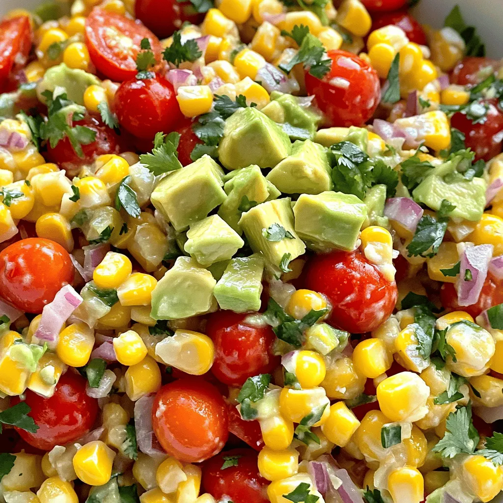 To make a tasty corn salad, gather these ingredients: - 4 cups fresh sweet corn kernels (or 2 cans of corn, drained) - 1 cup red bell pepper, diced - 1 cup cherry tomatoes, halved - 1/2 cup red onion, finely chopped - 1/4 cup fresh cilantro, chopped - 1 avocado, diced - 1/4 cup lime juice - 2 tablespoons olive oil - 1 teaspoon cumin - Salt and pepper to taste If you can't find an ingredient, here are some easy swaps: - Instead of fresh corn, use frozen corn. - Swap red bell pepper for yellow or green. - Use white onion if red onion isn't available. - Cilantro can be replaced with parsley for a different flavor. - For a creamier taste, add Greek yogurt or sour cream instead of avocado. Fresh corn makes a big difference in taste. Here’s how to choose the best corn: - Look for ears with bright green husks. They should feel firm. - Check the silk at the top; it should be brown and sticky. - Gently peel back the husk to check the kernels. They should be plump and milky. - Buy corn in season for the sweetest flavor; typically, this is late summer. To start, you need fresh corn. If you have fresh ears of corn, boil water in a pot. Add the corn and cook for about 3-5 minutes. The corn should be tender but not mushy. After cooking, drain the corn and let it cool. If you use canned corn, just drain and rinse it under cold water. This simple step ensures your corn is sweet and fresh. In a large mixing bowl, combine your corn with diced red bell pepper, halved cherry tomatoes, and finely chopped red onion. These veggies add color and crunch. Next, gently fold in diced avocado and chopped cilantro. This mix brings a bright flavor to your salad. Be careful not to mash the avocado; you want nice chunks. Now, let’s make the dressing. In a small bowl, whisk together lime juice, olive oil, cumin, salt, and pepper. This dressing adds a zesty kick to the salad. Drizzle this over your mixed ingredients and toss gently. Make sure everything gets coated. Taste your salad and adjust the seasoning. You might want a bit more salt or lime juice. Let the salad sit for at least 15 minutes before serving. This helps the flavors blend together beautifully. For the full recipe, check out the Sunny Fiesta Corn Salad recipe. To make your corn salad truly pop, focus on fresh ingredients. Fresh corn offers the best taste and sweetness. When cooking corn, don't overdo it. Just boil it for 3-5 minutes. This keeps the corn tender but crisp. Use lime juice to brighten the flavors. It adds a fresh kick that everyone loves. Also, let the salad sit for 15 minutes before serving. This allows the flavors to blend well. Trust me, it’s worth the wait! Store any leftover salad in an airtight container. This keeps it fresh for up to three days. If you can, store the dressing separately. This prevents the salad from getting soggy. When you’re ready to eat, just mix it again. Add a dash of fresh lime juice to revive the flavors. Make your corn salad a day in advance. Just prepare everything, but hold off on the avocado until serving. This keeps it from browning and looking dull. You can also chop the vegetables the night before. Just keep them in the fridge in separate containers. When you're ready, mix everything together and enjoy! For more details, check out the Full Recipe. {{image_2}} You can easily boost your corn salad with protein. Grilled chicken adds a nice flavor. Shrimp works well too, bringing a tasty seafood twist. For a vegetarian touch, add black beans or chickpeas. Both options are filling and full of protein. Tofu is another great choice if you want plant-based protein. Simply grill or sauté it with some spices before adding. Corn salad is fun because you can change it with the seasons. In summer, add diced cucumbers for a refreshing crunch. In fall, roasted butternut squash brings warmth and sweetness. You can swap cherry tomatoes with diced apples in winter. They add a sweet bite that works well. Each season gives you new flavors to explore. If you like heat, try adding jalapeños to your salad. Fresh cilantro adds flavor, but diced jalapeños add spice. You can also mix in some hot sauce for extra heat. If you want a smoky flavor, add some chipotle peppers. They give a nice kick without overpowering the dish. Adjust the spice to your taste for a perfect balance. To keep your corn salad fresh, place it in an airtight container. Store it in the fridge right after making it. This keeps the flavors nice and bright. Your salad should stay crisp and delicious for up to three days. Avoid leaving it out at room temperature for too long. I don't recommend freezing corn salad. The fresh veggies will lose their crispness. If you want to save the corn, you can freeze just the corn kernels. Cooked corn freezes well. Just make sure to cool them down first before storing. Corn salad lasts about three days in the fridge. If you notice any signs of spoilage, like a strange smell or mushy vegetables, toss it out. Always trust your senses. Enjoy your corn salad while it's still fresh for the best taste. To make Corn Salad with canned corn, just drain and rinse the corn first. This will help reduce extra salt and make it fresh. Next, mix the corn with diced bell pepper, halved cherry tomatoes, and chopped onion. You can follow the full recipe for the details on making the dressing and serving. Yes, you can add cheese! Feta or cotija cheese works very well. Just crumble it over the salad before serving. It adds a nice salty flavor. You can also use shredded cheese if you prefer a different style. Corn is rich in fiber, vitamins, and antioxidants. It helps with digestion and gives you energy. It is also low in calories, making it a smart choice. Plus, it contains lutein and zeaxanthin, which are good for your eyes. Absolutely! Corn salad is fresh and easy to pack. It holds up well without wilting. You can serve it cold or at room temperature. It adds color and taste to your picnic spread. Corn salad is already vegetarian-friendly! You can keep it simple with just the veggies. If you want to enhance it, add beans or nuts for protein. This makes it filling and nutritious while staying meat-free. Check out the full recipe for Sunny Fiesta Corn Salad. It’s a tasty blend of fresh corn and vibrant veggies. This salad has simple and fresh ingredients. You will need: - 4 cups fresh sweet corn kernels (or 2 cans of corn, drained) - 1 cup red bell pepper, diced - 1 cup cherry tomatoes, halved - 1/2 cup red onion, finely chopped - 1/4 cup fresh cilantro, chopped - 1 avocado, diced - 1/4 cup lime juice - 2 tablespoons olive oil - 1 teaspoon cumin - Salt and pepper to taste To make the salad, cook fresh corn, or use canned corn. Combine the corn, bell pepper, tomatoes, and onion in a bowl. Fold in the avocado and cilantro. Mix lime juice, olive oil, cumin, salt, and pepper in a small bowl. Drizzle this over the salad and toss gently. Let it rest for 15 minutes for the flavors to mix well. Corn is full of fiber, vitamins, and minerals. It supports digestion and gives energy. The veggies add more nutrients, like vitamin C from bell peppers and tomatoes. Avocado adds healthy fat, making this salad not just tasty but also good for you. Enjoy this salad as a side or a light meal! You learned about making a tasty corn salad. We explored ingredients, steps, and smart tips. Remember to use fresh corn for the best flavor. You can also modify the recipe to fit your taste. Try adding protein or swapping seasonal veggies. Storing leftovers properly helps keep them fresh. By following these tips, you can enjoy this corn salad anytime. Happy cooking!