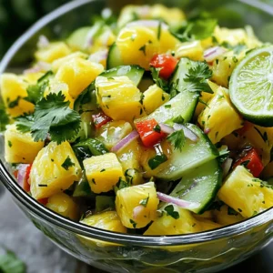 To make a delicious pineapple cucumber salad, you need fresh, vibrant ingredients. Here's what you'll need: - Fresh pineapple - Cucumber - Red bell pepper - Red onion - Fresh cilantro - Lime juice - Honey or agave syrup - Salt and pepper - Optional chili flakes Each ingredient plays a key role in this dish. Fresh pineapple adds sweetness, while cucumber gives it a nice crunch. The red bell pepper brings color and flavor, and red onion adds a sharp bite. Fresh cilantro adds a burst of herbiness. Lime juice brightens the salad, and honey or agave syrup balances the tartness. Salt and pepper enhance all the flavors, while chili flakes can spice things up if you like a kick. Check out the Full Recipe for exact amounts and detailed steps. Enjoy crafting this refreshing dish! To make your pineapple cucumber salad, follow these easy steps. This recipe is simple and quick. You will love how fresh it tastes. - Combine all chopped ingredients: Start by taking a large mixing bowl. Add 2 cups of diced fresh pineapple, 1 large thinly sliced cucumber, 1/2 diced red bell pepper, and 1/4 finely chopped red onion. Mix these together gently. - Whisk together the dressing: In a small bowl, whisk together 2 tablespoons of lime juice, 1 tablespoon of honey or agave syrup, 1/2 teaspoon of salt, and 1/4 teaspoon of black pepper. If you enjoy some heat, add 1/4 teaspoon of chili flakes. Make sure it is well combined. - Toss salad with dressing: Pour the dressing over the salad mixture in your large bowl. Toss it gently. You want to coat all the ingredients well without mashing anything. - Add cilantro and mix: Next, add 1/4 cup of chopped fresh cilantro to your salad. Mix it again for a quick second. The cilantro gives a nice touch of flavor. - Allow salad to meld flavors: Let your salad sit for about 10 minutes. This time helps the flavors blend together. You can serve it chilled or at room temperature. For the full recipe, check out the details above. Enjoy your refreshing pineapple cucumber salad! - Ideal serving temperature: Serve this salad chilled or at room temp. This keeps it fresh and tasty. - Bowl presentation ideas: Use a clear glass bowl or small cups. Add lime wedges and cilantro for a nice touch. - Adjusting sweetness: If you like it sweeter, add more honey or agave. Start with a little, then taste. - Adding optional ingredients: You can add jalapeños for heat or avocado for creaminess. Try different herbs too, like mint or basil. Experiment with these tips. Each change can make your pineapple cucumber salad uniquely yours. Check out the Full Recipe for more details. {{image_2}} You can get creative with this salad. If you want to swap out the pineapple, try mango or kiwi. Both fruits add a sweet and juicy bite. You can also use canned pineapple if fresh is not available. Just drain and rinse it well to remove excess syrup. For herbs, cilantro is a classic choice, but you can use mint for a refreshing twist. Chopped basil or parsley also work well. Each option brings a unique flavor to your dish. This salad is naturally gluten-free. You do not need to change any ingredients. Just ensure all items are fresh and safe for your diet. If you want a vegan version, replace honey with agave syrup or maple syrup. Both options provide sweetness without animal products. This makes the recipe suitable for everyone! For the full recipe, check the Tropical Refreshment: Pineapple Cucumber Salad section. For short-term storage, place the salad in a sealed container. This keeps it fresh for about two days. If you want to freeze it, you can store the pineapple and cucumber separately. Freezing the whole salad changes the texture, so it's best to freeze ingredients alone. To keep your salad crisp, do not mix the dressing until serving. Store the dressing in a small jar. When you are ready to eat, combine it with the salad. For reusing leftovers, try making a wrap with tortillas or lettuce. You can enjoy the flavors in a new way! You can add many items to this salad. A few good choices are diced avocado, chopped nuts, or even cooked shrimp. These extras can enhance flavor and texture. Try adding a sprinkle of feta cheese for a salty kick. You can also swap in different herbs, like mint or basil, for a fresh taste. Yes, you can make this salad ahead of time. Prepare it up to six hours before serving. Just keep it in the fridge until you're ready to eat. However, wait to add the dressing until just before serving. This keeps the cucumber crisp and fresh. For salads, thin slices work best. Start by washing the cucumber. Then, cut off both ends. You can slice it into rounds or half-moons for a different look. If you want a crunchy bite, leave the skin on. This also adds color to your salad. This salad stays fresh for about two days in the fridge. After that, the ingredients may become soggy. Keep it in a sealed container to maintain freshness. If you notice any changes in smell or texture, it’s best to toss it out. For the full recipe, check out the Tropical Refreshment: Pineapple Cucumber Salad. In this article, we explored how to make a fresh pineapple cucumber salad. You learned about the key ingredients and step-by-step preparation. I shared tips to enhance flavor and offered ideas for serving. Swapping ingredients and dietary modifications let you customize the dish. We also covered storage info to keep your salad fresh. This salad is not just tasty; it’s easy and fun to make. Enjoy your cooking and get creative with flavors!