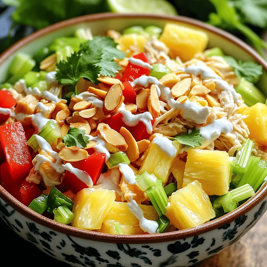 For a tasty Hawaiian chicken salad, you need: - 2 cups cooked chicken breast, shredded - 1 cup pineapple chunks (fresh or canned) - 1/2 cup red bell pepper, diced - 1/2 cup celery, diced - 1/4 cup green onion, chopped - 1/4 cup almonds, sliced (or chopped macadamia nuts) - 1 cup Greek yogurt (or mayo for creaminess) - 2 tablespoons honey - 1 tablespoon lime juice - Salt and pepper to taste - Fresh cilantro leaves for garnish These ingredients blend well for a fresh and bright taste. The chicken adds protein, while the pineapple gives a sweet burst. You can make your salad even better with some add-ins: - Diced mango for extra sweetness - Shredded carrots for a crunch - Chopped jalapeños for a spicy kick - Avocado slices for creaminess Feel free to mix and match based on what you like or have on hand. While Greek yogurt is my go-to, you can try other dressings: - Use mayo for a richer taste - Try a light vinaigrette for a tangy kick - Add a splash of coconut milk for a tropical twist Experimenting with dressings keeps the salad exciting. You can find the full recipe to get started on this delicious dish! First, gather all your ingredients. You need 2 cups of cooked chicken breast, shredded. Next, chop 1 cup of pineapple into chunks. Dice half a red bell pepper and half a cup of celery. Then, chop a quarter cup of green onion. Finally, slice a quarter cup of almonds. You can also use chopped macadamia nuts for extra flavor. In a large mixing bowl, combine the shredded chicken, pineapple chunks, diced bell pepper, diced celery, green onion, and sliced almonds. Mix them well. In a separate bowl, whisk together 1 cup of Greek yogurt, 2 tablespoons of honey, and 1 tablespoon of lime juice. Add salt and pepper to taste. Pour this yogurt mixture over the chicken mixture. Gently mix until everything is well coated. Chill the salad in the refrigerator for at least 30 minutes. This helps the flavors blend nicely. Before serving, give it a gentle mix. You can serve it on a bed of greens or in a wrap. For a nice touch, garnish with fresh cilantro leaves. Enjoy your flavorful Hawaiian Chicken Salad! For the full recipe, check out the detailed instructions. Shredding chicken can be quick and easy. First, use cooked chicken that is warm. Warm chicken shreds better. I like to use two forks or my hands for this task. Pull the chicken apart into long strips. This gives it a nice texture for our salad. Seasoning makes a big difference in taste. I suggest using salt and pepper to start. A little lime juice brings out the freshness. Honey adds a touch of sweetness. If you want more zing, try adding a dash of hot sauce. Be sure to taste as you go. Adjust the seasoning until it's just right for you. To keep your Hawaiian chicken salad fresh, store it in an airtight container. This helps retain moisture and flavor. Chill it in the fridge for at least 30 minutes before serving. If you have leftovers, eat them within 2 to 3 days. For best results, keep the dressing separate until you are ready to eat. This keeps the salad crisp and tasty. For the complete recipe, check out the Full Recipe. {{image_2}} You can make this salad even better by adding fruits. Mango, for instance, brings a sweet twist. You can also try adding grapes for a crunchy bite. Each fruit adds its unique flavor. Experiment with what you have at home. The goal is to make the salad fun and fresh. If you want to change the protein, go ahead! You can use turkey or tofu. Shredded rotisserie chicken works well too. If you prefer seafood, try shrimp or crab. Each protein option gives a new taste. Mix and match to find your favorite. To make this dish vegetarian, swap chicken for chickpeas. Chickpeas are filling and add protein. You can also use grilled veggies for extra flavor. Consider adding some black beans for a hearty bite. Don't forget to add extra fruits for sweetness. This makes your salad colorful and full of life. To keep your Hawaiian chicken salad fresh, place it in an airtight container. Make sure to seal it well. Store it in the fridge. It can stay good for about 3 to 4 days. Always use a clean spoon when serving. This prevents germs from getting in. Freezing this salad is not the best idea. The texture of the chicken and veggies may change. If you really need to freeze it, leave out the dressing. Store the chicken and veggies in a freezer-safe bag. It can last up to 3 months in the freezer. When thawing, let it sit in the fridge overnight. - Cooked chicken: Can last in the fridge for 3 to 4 days. - Pineapple: Fresh pineapple can stay for about 3 to 5 days. Canned pineapple lasts longer, up to a year if unopened. - Red bell pepper: Usually good for about a week. - Celery: Keeps well for about 1 to 2 weeks. - Greek yogurt: Can last 1 to 3 weeks after opening. - Honey: Lasts a long time, can stay for years. - Lime juice: Fresh lime juice lasts about a week in the fridge. Storing your salad right helps keep it tasty and safe to eat. Follow these tips to enjoy your Hawaiian chicken salad longer. For the full recipe, check the sections above. Yes, you can use canned chicken. It saves time and still tastes good. Just drain and shred it before mixing. This makes meal prep easy and quick. Canned chicken is a good option if you are short on time. However, fresh cooked chicken gives the best flavor and texture. Hawaiian chicken salad pairs well with many sides. Here are some options: - Fresh fruit salad - Sweet potato fries - Rice pilaf - Green salad with light dressing - Coleslaw for a crunchy contrast These sides balance the sweet and savory flavors of the salad. To make the salad dairy-free, swap Greek yogurt for a dairy-free option. You can use coconut yogurt or a nut-based yogurt. These alternatives keep the creamy texture. You can also replace honey with maple syrup for a vegan option. This way, you keep the taste while avoiding dairy. You learned about Hawaiian chicken salad, its main ingredients, and optional add-ins. We went through step-by-step instructions for making it. Tips on shredding chicken and keeping it fresh will help you. You also discovered ways to add different fruits or make it vegetarian. Finally, proper storage keeps your salad tasty and safe. Enjoy crafting this dish and sharing it with friends!