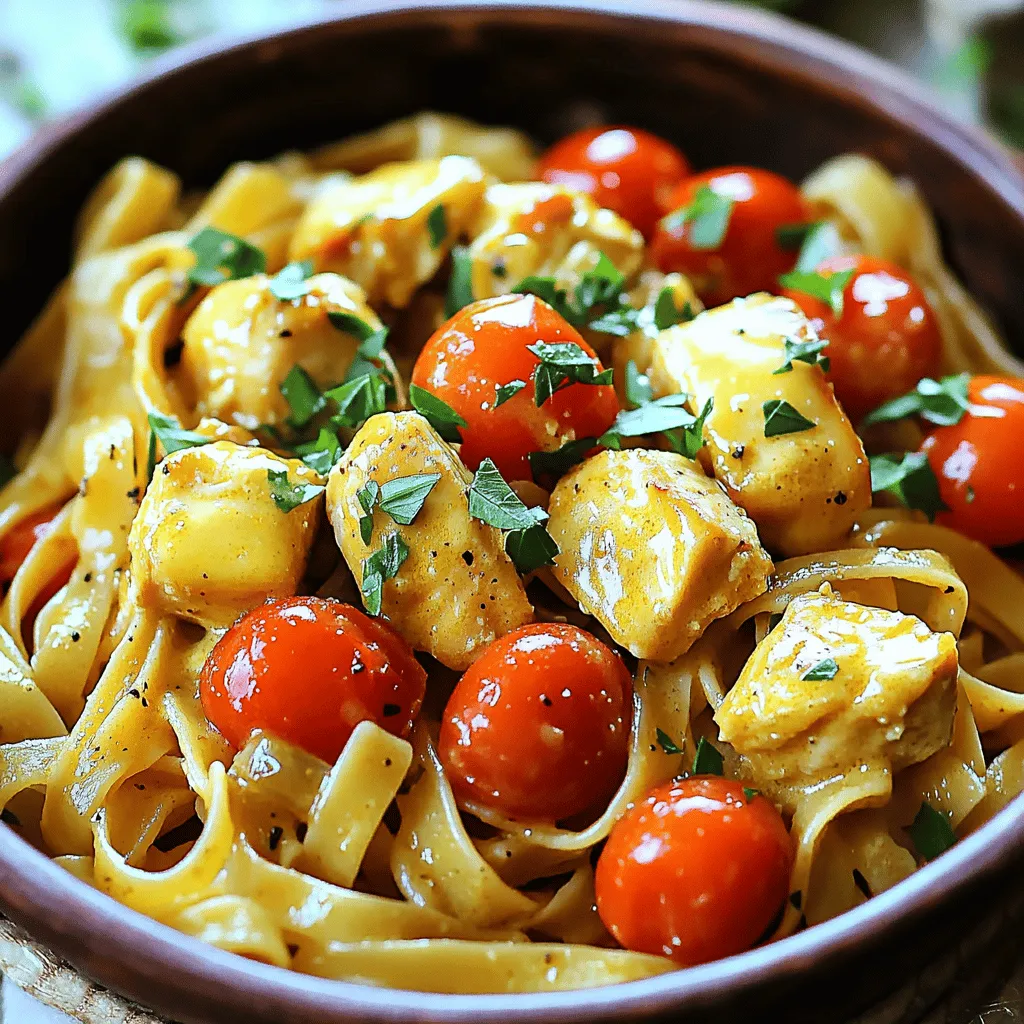- 8 oz linguine pasta - 2 boneless, skinless chicken breasts, cut into bite-sized pieces - 4 tablespoons unsalted butter - 3 cloves garlic, minced - 1 teaspoon smoked paprika - ½ teaspoon cayenne pepper (adjust for spice preference) - 1 teaspoon dried oregano - 1 teaspoon dried thyme - ½ cup chicken broth - 1 cup cherry tomatoes, halved - Salt and pepper to taste - Fresh parsley, chopped, for garnish The main stars of this dish are the linguine pasta and the chicken. The butter adds rich flavor, while the spices bring warmth. Garlic, smoked paprika, and cayenne pepper create a vibrant sauce that dances on your taste buds. Fresh cherry tomatoes add sweetness and contrast. - Different protein options - Variety of vegetables You can swap chicken for shrimp or tofu. This helps to fit your taste. Add veggies like bell peppers, spinach, or zucchini. They add nutrition and color. Feel free to experiment and make it your own. - Fresh parsley - Grated Parmesan cheese Garnishes elevate the dish. Fresh parsley adds a burst of color and fresh taste. Grated Parmesan cheese brings a creamy finish. Both make your meal look and taste amazing. For the full recipe, check out the complete guide! To start, boil a large pot of salted water. Use enough water to let the pasta swim freely. Once the water bubbles, add 8 oz of linguine. Cook it according to the package instructions until it is al dente. This usually takes around 8-10 minutes. Stir occasionally to prevent sticking. When done, drain the pasta well and set it aside in a bowl. Now, grab a large skillet and heat it over medium heat. Add 2 tablespoons of unsalted butter and let it melt. Once it sizzles, add 2 boneless, skinless chicken breasts cut into bite-sized pieces. Season with salt and pepper. Cook the chicken for about 5-7 minutes, stirring often. You want the chicken to turn golden brown and be cooked through. To check for doneness, cut a piece in half. It should be white inside, with no pink. Remove the chicken from the skillet and set it aside. In the same skillet, add the remaining 2 tablespoons of butter. Let it melt, then stir in 3 cloves of minced garlic. Add 1 teaspoon of smoked paprika, ½ teaspoon of cayenne pepper, 1 teaspoon of dried oregano, and 1 teaspoon of dried thyme. Cook this mixture for about 1 minute until it smells amazing. Next, pour in ½ cup of chicken broth and toss in 1 cup of halved cherry tomatoes. Stir well and let the sauce simmer for 3-4 minutes. This helps the tomatoes soften and release their juices, creating a rich flavor. Now it’s time to bring it all together. Return the cooked chicken to the skillet and toss it in the buttery sauce. Then, add the drained linguine to the mix. Use tongs to gently toss everything together until the pasta is well coated with sauce. Taste and adjust the seasoning as needed with salt and pepper. If you want more flavor, don’t be shy! Just check the balance, and enjoy the deliciousness. For the full recipe, check out the details above. - Avoiding overcooking: Cook the linguine for just 8-10 minutes. Check it often. You want it al dente, firm but not hard. - Enhancing flavor with salt: Always add salt to boiling water. This helps the pasta taste better while cooking. - Ensuring even cooking: Cut chicken into even pieces. This helps them cook at the same rate. Use medium heat to avoid burning. - Flavor infusion tips: Season chicken with salt and pepper before cooking. This adds flavor right from the start. You can also marinate it for 30 minutes for even more depth. - Adjusting liquid levels: If the sauce is too thick, add a little chicken broth. Stir well to combine. You want a smooth, buttery sauce. - Thickening and thinning options: For thicker sauce, cook it longer to reduce it. If too thin, mix in a bit of cornstarch with water and stir it in slowly. For the full recipe, check out Easy Cowboy Butter Chicken Linguine. {{image_2}} You can make this dish vegetarian by using tofu or mushrooms instead of chicken. Tofu soaks up flavors well, making it a great choice. Choose firm tofu for best results. Press the tofu to remove extra water, then cut it into cubes. Sauté it in butter until golden. Alternatively, use mushrooms for a meaty texture. Slice them and cook in the same way as the chicken. This swap keeps the dish rich and flavorful. If you like heat, make a spicy version of this dish. You can add more cayenne pepper or even jalapeños. Start with one extra teaspoon of cayenne for a good kick. If you prefer fresh heat, slice jalapeños and add them when you sauté the garlic. This change adds depth and a fun twist. Adjust the spice to your taste for the perfect balance. For a creamy twist, you can add cream or cream cheese to the sauce. Stir in half a cup of heavy cream after the butter sauce is ready. This will give your dish a rich, velvety texture. If you want a tangy flavor, mix in cream cheese instead. Let it melt into the sauce for a smooth finish. This variation makes the dish even more indulgent and satisfying. You can enjoy a creamy cowboy butter chicken linguine that feels special. To keep your Easy Cowboy Butter Chicken Linguine fresh, start by letting it cool. Once cooled, place the pasta in an airtight container. Make sure to store it in the fridge. This will keep your meal tasty for up to three days. If you want to keep it longer, consider freezing. When you’re ready to eat, you can reheat the pasta easily. For the microwave, place the linguine in a bowl and cover it with a damp paper towel. Heat it for about one to two minutes, stirring halfway through. If you prefer stovetop, heat a skillet over low heat. Add a splash of chicken broth or water to prevent sticking. Stir it for a few minutes until hot. Freezing this dish works well. Just make sure to store it in a freezer-safe container. It will stay fresh for up to three months. When you want to eat it, take it out and let it thaw in the fridge overnight. Reheat it using the stovetop or microwave methods I shared earlier. This way, you can enjoy this delicious meal anytime! Cowboy butter is a rich, flavorful sauce. It blends butter with spices and herbs. The taste is smoky, spicy, and buttery all at once. You get hints of garlic, paprika, and herbs like oregano and thyme. This sauce makes each bite of your dish packed with flavor. It’s a perfect match for chicken and pasta. Yes, you can prep this dish ahead of time. Cook the linguine and chicken first. Store them in separate containers in the fridge. You can make the cowboy butter sauce too. Keep it in a jar. When you are ready, just heat everything up and combine. This makes busy nights easier and still delicious. You can pair this dish with many sides. A fresh green salad balances the meal well. Garlic bread is another tasty choice. Roasted vegetables add color and nutrients. You might also enjoy a simple coleslaw for crunch. These sides complement the flavors of the linguine nicely. Adjusting serving sizes is simple. If you want to serve more people, double the recipe. For fewer people, you can cut the ingredients in half. Just make sure to keep the same cooking times. This way, your meal stays tasty and fresh, no matter the size. Check the Full Recipe for exact measurements. In this blog post, we explored how to make Easy Cowboy Butter Chicken Linguine. I shared main and optional ingredients, plus tasty garnishes. The step-by-step instructions guide you through cooking linguine, sautéing chicken, and preparing the sauce. I included tips for perfect pasta and chicken, along with fun variations like a vegetarian option. Remember, proper storage and reheating keep leftovers fresh. With this recipe, you can impress anyone at the dinner table. Enjoy your cooking adventure and make it your own!