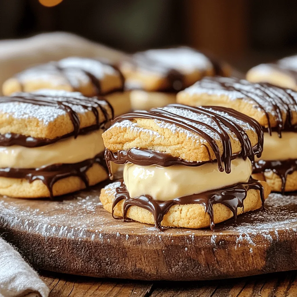 To make Boston Cream Pie Cookies, you need a mix of simple ingredients. Here’s what you'll need: - 1 cup unsalted butter, softened - 1 cup granulated sugar - 1 cup brown sugar, packed - 2 large eggs - 2 teaspoons vanilla extract - 3 cups all-purpose flour - 1 teaspoon baking powder - 1 teaspoon baking soda - 1/2 teaspoon salt - 1/2 cup heavy cream - 1 cup vanilla pudding mix (instant) - 1 cup semi-sweet chocolate chips - 1 tablespoon milk (for thinning the chocolate) These ingredients work together to create a soft cookie with a creamy filling and rich chocolate glaze. Each part plays a role. The butter gives the cookies a nice texture, while both sugars add sweetness and moisture. Eggs help bind everything together, and vanilla gives a warm flavor. Using all-purpose flour keeps the cookies tender. Baking powder and baking soda help them rise. The salt balances the sweetness. For the filling, instant vanilla pudding mix and heavy cream mix up to a thick, tasty treat. Finally, semi-sweet chocolate chips melt for the glaze, adding a perfect finish. You can find the full recipe at the end of this section. Now that you have your ingredients, you’re ready to start mixing! - Preheat your oven to 350°F (175°C). Line two baking sheets with parchment paper. - In a large bowl, cream together 1 cup of softened butter, 1 cup of granulated sugar, and 1 cup of brown sugar until light and fluffy. This takes about 3 to 5 minutes. - Add 2 large eggs to the bowl, one at a time. Mix well after each egg. Stir in 2 teaspoons of vanilla extract. - In a separate bowl, whisk together 3 cups of all-purpose flour, 1 teaspoon of baking powder, 1 teaspoon of baking soda, and 1/2 teaspoon of salt. - Gradually add the dry mixture to the wet mixture. Blend until just combined. Do not overmix. - Gently fold in 1 cup of semi-sweet chocolate chips until they are evenly mixed. - Use a cookie scoop or a tablespoon to drop rounded spoonfuls of dough onto the prepared sheets. Leave space between each cookie. - Bake for 10 to 12 minutes. Look for lightly golden edges. After baking, cool the cookies on the sheets for 5 minutes. Then, transfer them to a wire rack to cool completely. - While the cookies cool, prepare the vanilla pudding filling. Whisk together 1 cup of instant vanilla pudding mix and 1/2 cup of heavy cream in a bowl until thick. This takes about 2 minutes. - For the chocolate glaze, melt 1 cup of chocolate chips in a microwave-safe bowl. Heat in 30-second increments, stirring until smooth. If it's too thick, add 1 tablespoon of milk to thin it. - Drizzle or dip the tops of the cookie sandwiches into the melted chocolate glaze. Allow the chocolate to set before serving. You can find the full recipe at the beginning of this article for more details. Enjoy making these tasty Boston Cream Pie Cookies! - Ensure butter is at room temperature. This helps it cream well with sugar. - Do not overmix cookie dough. Overmixing can lead to tough cookies, which isn’t what we want. - Whip pudding for extra fluffiness. This makes the filling light and creamy. - Chill pudding before use. Chilling helps it set and makes it easier to spread. - Use different chocolates for variations. Try dark chocolate or white chocolate for a twist. - Adjust thickness with milk. If the glaze is too thick, add a little milk to make it easier to drizzle. These tips will help you make the best Boston Cream Pie Cookies. Follow the Full Recipe and you’ll create a sweet treat everyone will love! {{image_2}} You can easily change the flavor of your Boston Cream Pie Cookies. One fun way is to add cocoa powder. This creates a rich chocolate cookie base. Just mix in a few tablespoons of cocoa powder with the dry ingredients. Try using flavored pudding for a twist. You can find options like chocolate or butterscotch. These variations add an exciting touch to the classic recipe. If you need a gluten-free option, use alternative flours like almond or coconut flour. These can replace regular flour in the recipe. For a vegan version, swap eggs for flaxseed meal or applesauce. You can also choose plant-based butter and milk. These modifications make the cookies suitable for different diets without losing flavor. Serve these cookies with a hot cup of coffee or tea. The warm drink pairs well with the sweet filling. For a special treat, pair the cookies with ice cream. The creamy ice cream complements the cookie's texture and taste. Try different flavors like vanilla or chocolate for added fun! To keep your Boston Cream Pie Cookies fresh, store them in an airtight container. This helps prevent them from drying out. You can also separate layers with parchment paper. This keeps the cookies from sticking together. For best taste, eat them within a week. The best temperature for storing these cookies is at room temperature. If you want to save them longer, you can freeze them. Wrap each cookie in plastic wrap and place them in a freezer bag. This can help them last up to three months. When you want to enjoy your cookies again, reheat them gently. Place them in the microwave for about 10-15 seconds. This brings back some softness. If they feel dry, you can add a small cup of water in the microwave. This adds moisture to the air and helps the cookies. Enjoy your warm Boston Cream Pie Cookies! To make Boston Cream Pie Cookies, you first gather your ingredients. You will need: - 1 cup unsalted butter, softened - 1 cup granulated sugar - 1 cup brown sugar, packed - 2 large eggs - 2 teaspoons vanilla extract - 3 cups all-purpose flour - 1 teaspoon baking powder - 1 teaspoon baking soda - 1/2 teaspoon salt - 1/2 cup heavy cream - 1 cup vanilla pudding mix (instant) - 1 cup semi-sweet chocolate chips - 1 tablespoon milk (for thinning the chocolate) Start by preheating your oven to 350°F (175°C). Line two baking sheets with parchment paper. Next, cream the softened butter with both sugars until light and fluffy. This takes about 3-5 minutes. Then, add eggs one at a time, mixing well after each. Stir in the vanilla extract. In another bowl, whisk the dry ingredients: flour, baking powder, baking soda, and salt. Gradually mix the dry ingredients into the wet mixture until just combined. Finally, fold in the chocolate chips gently. Drop rounded tablespoons of dough onto the baking sheets. Bake for 10-12 minutes until the edges are golden. Let them cool before adding the vanilla pudding filling. Whisk the pudding mix with heavy cream until thick. Spread it on half the cookies and top with another cookie. Drizzle melted chocolate on top. You can find the Full Recipe for more details. Boston Cream Pie Cookies can last for about a week when stored properly. Keep them in an airtight container at room temperature. If you want them to stay fresh longer, you can refrigerate them. They will stay good for up to two weeks in the fridge. Yes! You can make the cookie dough ahead of time. Just chill it in the fridge for up to 24 hours. When ready to bake, scoop and drop the dough on the sheets. You can also bake the cookies and store them without the filling. Add the pudding and chocolate glaze just before serving for the best taste. You can find Boston Cream Pie Cookies at some local bakeries. Many grocery stores also sell them in the bakery section. If you prefer a similar treat, look for cream-filled cookies or chocolate-dipped cookies. These options can satisfy your sweet tooth while you search for the real deal! In this post, we explored how to create delicious Boston Cream Pie Cookies from scratch. We covered ingredients, preparation steps, and tips for the perfect bake. You learned about variations to tailor the cookies to your taste and how to store them for freshness. Remember, baking is all about fun. Don’t hesitate to experiment with flavors or methods. Enjoy your baking journey and treat yourself and others to these tasty cookies!