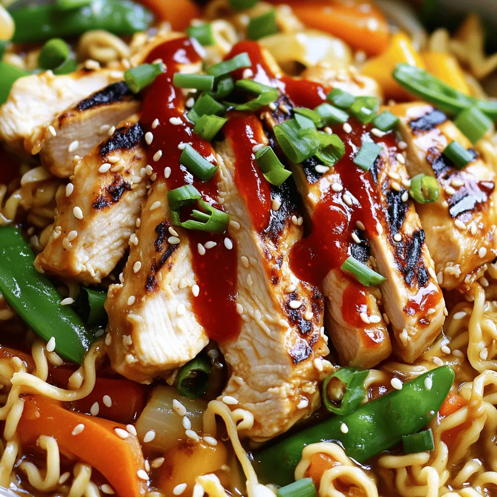 To make Fiery Chicken Ramen with Creamy Garlic Sauce, you need fresh, simple ingredients. Here is the list of what you will need: - Chicken - 2 boneless, skinless chicken breasts - Sauce and Oils - 2 tablespoons sriracha sauce - 1 tablespoon soy sauce - 1 tablespoon sesame oil - Broth and Noodles - 4 cups chicken broth - 2 packs of instant ramen noodles (discard seasoning packets) - Vegetables and Garnish - 1 cup mixed vegetables (carrots, bell peppers, and snow peas) - 4 cloves garlic, minced - 1/2 cup heavy cream - 2 green onions, sliced (for garnish) - Sesame seeds (for garnish) - Salt and pepper to taste Gather these ingredients before you start cooking. They bring the magic to the dish. Each part plays a role in making your ramen taste great. You can find the full recipe above to see how these work together. Start by marinating the chicken. In a bowl, mix sriracha sauce, soy sauce, sesame oil, salt, and pepper. Add the chicken breasts and coat them well. Let the chicken sit for at least 30 minutes. This step adds flavor and tenderness. Next, heat a large skillet over medium heat. Place the marinated chicken breasts in the skillet. Cook for about 6-7 minutes on each side. The chicken should turn golden brown. Once done, remove it from the skillet and let it rest. After a few minutes, slice the chicken into strips. In a large pot, bring 4 cups of chicken broth to a boil. Add mixed vegetables like carrots, bell peppers, and snow peas. Let them simmer for about 3-4 minutes until they are tender. Then, add the instant ramen noodles. Cook them according to the package instructions, usually about 3-4 minutes. For the creamy garlic sauce, grab a small saucepan. Add minced garlic and sauté it over low heat. Cook until aromatic, about 1 minute. Pour in ½ cup of heavy cream and simmer for 3-4 minutes. The sauce should thicken slightly. Season with salt and pepper to taste. Now, it’s time to put everything together! Divide the cooked ramen and vegetables into bowls. Top each bowl with sliced grilled chicken. Drizzle the creamy garlic sauce over the chicken. To finish, sprinkle sliced green onions and sesame seeds on top of the ramen. This adds color and crunch! Serve hot and enjoy your Fiery Chicken Ramen with Creamy Garlic Sauce. For more tips and details, check the Full Recipe. To make your chicken truly stand out, marinate it well. Use sriracha, soy sauce, and sesame oil. Letting it soak for at least 30 minutes adds deep flavor. When you cook the chicken, aim for a nice golden color. This not only looks great but also adds a tasty crust. Use medium heat for even cooking. Cooking too fast can lead to dry meat. The broth is the heart of this ramen. Start with good chicken broth for strong flavor. You can add more depth by using fresh ginger or mushrooms. For spice lovers, toss in more sriracha or chili flakes. Simmer the mixed vegetables until they are tender. This gives the broth a fresh, vibrant taste. You can even experiment with different broth bases like miso or vegetable stock. For that rich, creamy sauce, heavy cream is key. When you heat the garlic, make sure it doesn’t burn. Burnt garlic can ruin the flavor. Stir in the cream slowly to blend it well. If you want it even creamier, add more cream or a splash of milk. You can also mix in a bit of grated cheese. This adds a unique twist to the sauce. Serve the creamy garlic sauce generously over the ramen for maximum flavor! For more detailed steps and all the ingredients, check the full recipe. {{image_2}} You can easily make this dish vegetarian. Just swap the chicken for tofu. Use firm tofu for the best results. Cut it into cubes and marinate it like the chicken. Use the same sriracha and soy sauce mix. Cook the tofu until golden on all sides. The creamy garlic sauce still shines here! Not a fan of heat? You can lower the spice in the dish. Cut the sriracha in half for a milder flavor. You can also add some honey or sugar to balance the heat. If you love spice, add more sriracha. A sprinkle of chili flakes can also give it a kick. Adjust the spice to fit your taste! Garnishes can change the whole dish! Instead of green onions, try cilantro for a fresh twist. You can add sliced radishes for crunch. A squeeze of lime adds brightness. Toasted nori or seaweed can give a nice flavor too. Each garnish adds its own unique flair to your bowl. After you enjoy your delicious fiery chicken ramen, store any leftovers. Place them in an airtight container. This helps keep the flavors fresh. Refrigerate the container for up to three days. If you have extra creamy garlic sauce, store it separately. This prevents the noodles from getting soggy. To reheat, use a pot on medium heat. Add a splash of chicken broth to keep it moist. Stir gently until heated through. Avoid high heat as it can overcook the chicken. For a quick method, use the microwave. Heat in short bursts, stirring in between. This keeps the noodles and chicken tender. If you want to freeze your ramen, it’s best to freeze the broth and chicken separately. Let them cool to room temperature first. Use freezer-safe bags or containers. The ramen noodles don’t freeze well, so store them fresh. When ready to eat, thaw the broth overnight in the fridge. Heat it up and add fresh noodles and veggies. Enjoy the magic of your fiery chicken ramen again! For the full recipe, check back to the earlier section. To make Fiery Chicken Ramen from scratch, start with marinating the chicken. You mix sriracha, soy sauce, sesame oil, salt, and pepper. Let it sit for at least 30 minutes. Next, cook the chicken in a skillet until golden. For the broth, boil chicken broth and add mixed vegetables. Then, cook instant ramen noodles in the broth. Lastly, create the creamy garlic sauce with sautéed garlic and heavy cream. Pour it over the ramen and top with chicken. Check the Full Recipe for details. Yes, you can use different vegetables! Feel free to swap in your favorites. Broccoli, bok choy, or mushrooms work well. Just remember to cut them in small pieces. This keeps them tender when cooked in the broth. Using seasonal veggies can also add fresh flavors. If you need a substitute for heavy cream, use coconut milk or half-and-half. Both will keep the dish creamy. You can also blend silken tofu for a lighter option. Just make sure to adjust the seasoning to taste. Fiery Chicken Ramen lasts about 3 to 4 days in the fridge. Store it in an airtight container. The noodles may become soft, but the flavors will still be great. It’s best to eat it fresh for the best texture. To enhance the broth's flavor, add fresh herbs like cilantro or basil. A splash of lime juice also adds brightness. For more depth, try adding a splash of fish sauce or a tablespoon of miso paste. Simmer these ingredients in the broth for a few minutes to blend the flavors well. You learned how to make Fiery Chicken Ramen from scratch. We covered ingredients, steps, and tips. You can customize your meal with variations to suit your taste. Storing and reheating tips help you enjoy leftovers. Cooking can be fun and easy. Dive into this flavorful dish, and don’t be afraid to experiment. Each bowl can be your own creation. Happy cooking!