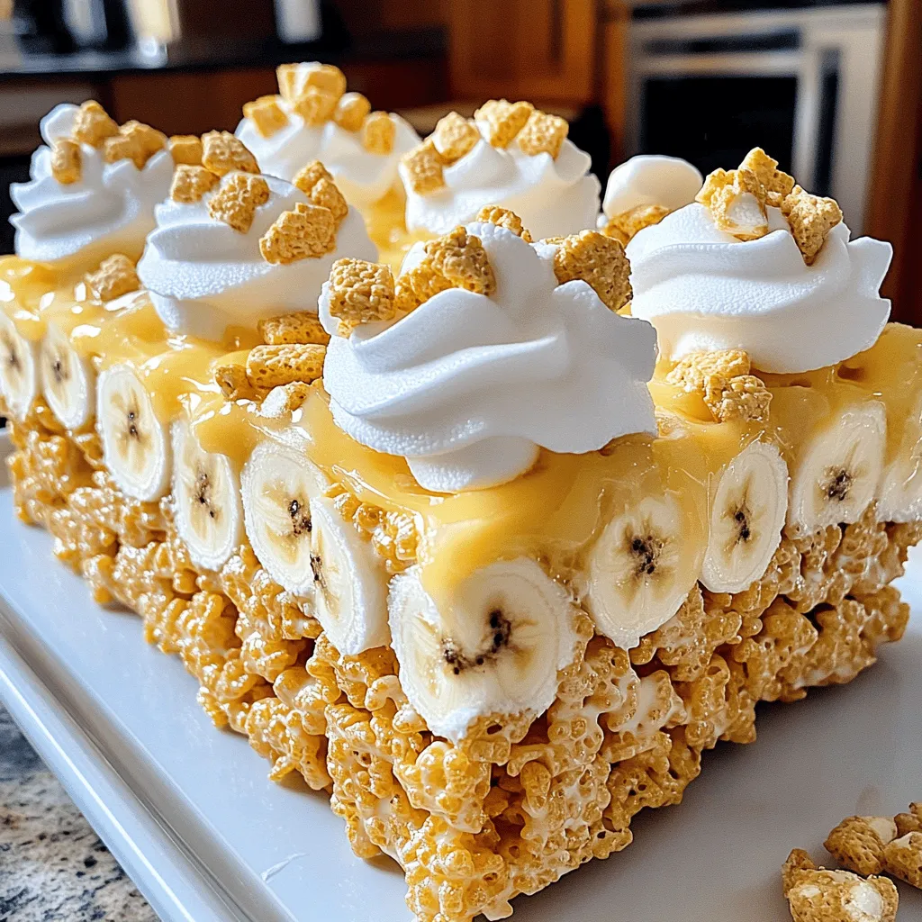 To make Banana Pudding Rice Krispie Treats, gather these simple ingredients. Each one plays a key role in creating this delightful snack. - 6 cups Rice Krispies cereal - 1 cup mini marshmallows - 1/2 cup unsalted butter - 1 cup banana pudding mix - 1/2 cup milk - 1 teaspoon vanilla extract - 1 cup sliced ripe bananas - 1/2 cup whipped cream (optional) - Crushed graham crackers (for garnish) These ingredients blend to form a sweet, chewy treat. The Rice Krispies add crunch. Mini marshmallows bring sweetness and stickiness. Unsalted butter helps everything stick together. The banana pudding mix gives flavor and creaminess. Milk adds moisture for a soft texture. Vanilla extract enhances the taste. Ripe bananas add freshness and fruity notes. Whipped cream can top the treats for extra fun. Finally, crushed graham crackers provide a nice crunch on top. You can find the full recipe in the recipe section. This list is easy to follow and fun to prepare! 1. Melting the butter and marshmallows Start by grabbing a large saucepan. Place it over low heat. Add the unsalted butter. Let it melt slowly. Once the butter melts, add the mini marshmallows. Keep stirring until they melt completely. The mixture should be smooth and creamy. 2. Mixing in the banana pudding and cereal Remove the saucepan from the heat. Now, add the banana pudding mix and milk. Stir well to combine. You want a thick, creamy mixture. Next, add the Rice Krispies cereal. Mix it in gently. Make sure every piece of cereal is coated with the gooey goodness. 3. Folding in the bananas Take your ripe bananas and slice them into small pieces. Gently fold them into the mixture. Be careful not to mash the bananas. You want them to stay chunky for texture and flavor. 1. Preparing the baking pan Grab a 9x13-inch baking pan. Lightly grease it with butter or cooking spray. This helps the treats come out easily later. 2. Pouring and pressing the mixture Pour the Rice Krispies mixture into the prepared pan. Use a spatula to press it down firmly. Make sure it forms an even layer. This step is key for nice, even treats. 3. Cooling and cutting the treats Let the mixture cool at room temperature for about 30 minutes. Once it is set, cut it into squares. If you want, add a dollop of whipped cream and sprinkle crushed graham crackers on top. This adds a nice crunch and extra flavor. For the full recipe, check out the details above. Enjoy your Banana Pudding Rice Krispie Treats! To make the best Banana Pudding Rice Krispie Treats, follow these simple tips: - Ensure marshmallows are fully melted: Start with low heat when melting butter. Add mini marshmallows right after the butter melts. Stir until they turn smooth and creamy. This step is key for the best texture. - Properly fold in ingredients to maintain texture: When mixing in the Rice Krispies, use a gentle hand. Stir carefully to coat every piece. When adding bananas, fold them in slowly to keep them intact. This helps keep your treats light and fluffy. Make your treats even more fun with these serving ideas: - Ideas for topping and presentation: After cutting the treats into squares, consider adding a dollop of whipped cream on top. Sprinkle crushed graham crackers for a nice crunch. You can even place a slice of banana on top for a cute touch. - Pairing with a beverage or complementary dessert: These treats go well with milk or a banana smoothie. You could also serve them with a scoop of vanilla ice cream. The creamy flavors will balance nicely with the banana pudding taste. Enjoy making and sharing these delicious Banana Pudding Rice Krispie Treats! For the full recipe, don't forget to check out the details above. {{image_2}} You can change the flavor of your Banana Pudding Rice Krispie Treats easily. Here are some fun ideas: - Adding chocolate chips: Mix in 1 cup of chocolate chips for a sweet twist. The chocolate pairs well with banana. It adds a rich layer of flavor to each bite. - Incorporating nuts or coconut: You can add 1/2 cup of chopped nuts or shredded coconut. Nuts give a nice crunch. Coconut adds a tropical flair, making your treats even more exciting. You can adapt this recipe to fit different diets. Here are a couple of adjustments you can try: - Gluten-free alternatives: Use gluten-free Rice Krispies. This keeps your treats safe for those with gluten issues. Always check the label to ensure they are certified gluten-free. - Vegan adjustments: Replace the butter with coconut oil or vegan butter. Use plant-based milk instead of cow's milk. This way, you can enjoy the treats without animal products. These variations and adjustments make the recipe fun and accessible for everyone. For the complete recipe, check out the [Full Recipe]. To keep your Banana Pudding Rice Krispie Treats fresh, store them properly. You can keep them at room temperature for a short time. Place them in an airtight container. This helps prevent them from getting hard or stale. Make sure to separate layers with parchment paper. This keeps them from sticking together. If you want to store them longer, refrigeration is a great option. Place the treats in the fridge in an airtight container. This helps them last a bit longer. Just remember to let them sit at room temperature for a few minutes before serving. This will make them softer and easier to enjoy. These treats are best enjoyed fresh, but they can last a while. At room temperature, they stay good for about 2 to 3 days. In the fridge, they can last up to a week. Check for signs of spoilage, like a change in smell or texture. If they become hard or dry, it’s time to toss them. Enjoy them while they are still soft and tasty! Can I use instant banana pudding instead? Yes, you can use instant banana pudding. It adds a strong banana flavor. Mix it into the melted marshmallow and butter as you would with the regular pudding mix. How can I make these treats without marshmallows? You can replace marshmallows with peanut butter or melted chocolate. These options will still bind the Rice Krispies together. Just warm them until they are smooth and mix them in. Can I freeze Banana Pudding Rice Krispie Treats? Yes, you can freeze these treats. Wrap them tightly in plastic wrap and place them in a freezer bag. They can last up to two months in the freezer. Troubleshooting common issues If your treats are too sticky, try adding a bit more Rice Krispies. If they fall apart, mix in more melted butter or marshmallow. This will help them stick better. Suggestions for enhancing flavor and texture Add a pinch of cinnamon or nutmeg for warmth. You can also mix in mini chocolate chips for a sweet twist. Top with crushed graham crackers for extra crunch. This blog covered how to make delicious Banana Pudding Rice Krispie Treats. You learned the key ingredients, preparation steps, and tips for great results. We explored fun variations and storage methods too. These treats are easy to make and always a hit. Feel free to be creative with flavors and toppings. Whether you share them or enjoy them yourself, these treats will bring joy. Happy cooking!