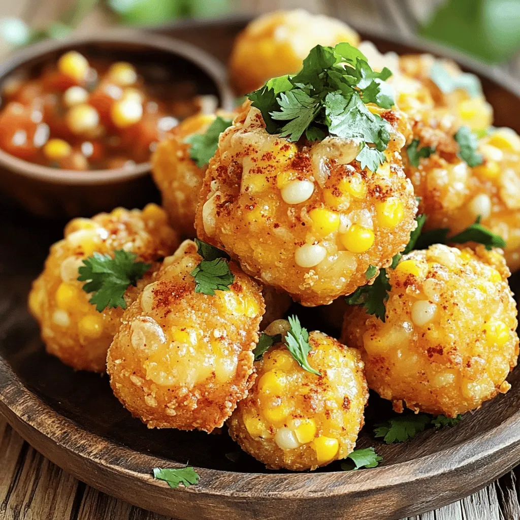 - 2 cups fresh corn kernels (about 3-4 ears of corn) - 1/2 cup all-purpose flour - 1/2 cup cornmeal - 1/2 teaspoon baking powder - 1 teaspoon ground cumin - 1 teaspoon chili powder - 1/2 teaspoon smoked paprika - 1/4 teaspoon salt - 1/4 teaspoon black pepper - 1 large egg - 1/4 cup milk (or plant-based milk) - 1/4 cup finely chopped fresh cilantro - 1 jalapeño, seeded and finely chopped (adjust based on spice preference) - 1/2 cup finely grated cheese (such as Cotija or cheddar) - Oil for frying (vegetable or canola oil) You can add cheese for a richer taste. Cotija adds a salty kick. Cheddar gives a creamy feel. For dipping sauces, try avocado crema or spicy salsa. They pair great with the bites. If you lack all-purpose flour, use whole wheat flour. You can swap milk for almond or soy milk. If you want less heat, skip the jalapeño or use a milder pepper. Adjust spices to suit your taste. You can use fresh or frozen corn for this recipe. Fresh corn gives a sweet crunch, while frozen corn is quick and easy. If you choose fresh corn, cut the kernels off the cob. To do this, hold the cob upright. Use a sharp knife to slice down the sides. Make sure to get all the kernels. If using frozen corn, just let it thaw before mixing. Start with the dry ingredients. In a large bowl, mix the all-purpose flour, cornmeal, baking powder, cumin, chili powder, smoked paprika, salt, and black pepper. Stir well to combine everything. Next, in another bowl, whisk the egg and milk together. Mix in the chopped cilantro and diced jalapeño. Pour this mixture into the dry ingredients. Fold it gently to combine. Then, add in the corn kernels and cheese. Be careful not to overmix; a few lumps are fine. Heat about 1/2 inch of oil in a skillet over medium heat. To check if the oil is ready, drop a small spoonful of batter in. If it sizzles, you are good to go. Use a spoon or cookie scoop to drop the batter into the hot oil. Fry each side for about 3-4 minutes. Look for a golden brown color and crisp texture. Do not overcrowd the pan; fry in batches if needed. Once done, transfer the bites to a plate lined with paper towels to soak up excess oil. To avoid soggy bites, make sure to fry in small batches. If you crowd the pan, the oil cools down. This can lead to a soggy texture. Fry just a few at a time. It helps them stay crispy. Batch frying is key. It keeps the oil hot, which gives a nice golden color. This also helps seal in flavors. Make sure your oil is at the right temperature before frying. A simple test is to drop a small spoonful of batter in the oil. If it sizzles, you’re ready. To add more heat, toss in extra jalapeños or use a spicier variety. You can also mix in some cayenne pepper or hot sauce to your batter. This will give your bites a nice kick. Using fresh herbs boosts flavor too. Cilantro is a must, but you can also add green onions or parsley. For spices, try garlic powder or smoked paprika. These give extra depth to the taste. Pair your Spicy Mexican Corn Bites with tasty dips. Avocado crema is creamy and refreshing. Spicy salsa adds a nice zing. You can also serve them with sour cream for a cool touch. For presentation, arrange the bites on a colorful plate. Add a small bowl of dip in the center. Garnish with fresh herbs for a pop of color. This makes your dish look as good as it tastes! For the full recipe, check out the detailed instructions above. {{image_2}} You can add different vegetables to your Spicy Mexican Corn Bites. Try diced bell peppers, zucchini, or even sweet potatoes. These veggies not only enhance the flavor but also add texture. If you need cheese substitutes, use dairy-free options like nutritional yeast or almond cheese. These swaps keep the bites tasty for everyone. Baking your corn bites is another great option. Preheat your oven to 400°F (200°C). On a lined baking sheet, place the batter in small mounds. Bake for about 15-20 minutes, flipping halfway, until golden brown. For an air fryer, set it to 375°F (190°C). Air fry for about 10-12 minutes, shaking the basket halfway through. Both methods cut down on oil while keeping your bites delicious. Try different spice mixes to change the flavor profile. Add taco seasoning or paprika for a new twist. If you want a milder option, skip the jalapeño and use sweet bell peppers instead. You can also mix in herbs like oregano or cilantro for fresh notes. The possibilities are endless! To keep your corn bites fresh, store them in an airtight container. Place a paper towel at the bottom to absorb any moisture. This helps keep them crispy. You can refrigerate them for up to three days. If you want to keep them longer, freezing is a good option. When reheating, you want to keep that crispiness. The best way is to use an oven. Preheat it to 375°F (190°C). Place the corn bites on a baking sheet and heat for about 10-15 minutes. For quicker reheating, you can use a microwave, but they may get soggy. If you must use the microwave, heat in short bursts of 30 seconds. You can freeze corn bites before or after cooking. If freezing before cooking, form the bites and place them on a baking sheet. Freeze them for an hour, then transfer to a freezer bag. For freezing after cooking, let them cool completely first. To defrost, place them in the fridge overnight. You can also reheat them straight from the freezer, but it may take longer. For the full recipe, check out the Spicy Mexican Corn Bites section. To make these bites healthier, try these easy tips: - Use whole wheat flour instead of all-purpose flour. - Replace half of the cheese with a low-fat option. - Use less oil for frying or bake them instead. - Add more veggies like bell peppers or zucchini for extra nutrition. These changes cut down calories while keeping the flavor. You can enjoy a guilt-free snack. Yes, you can make Spicy Mexican Corn Bites ahead of time. Here are some tips: - Prepare the batter and store it in the fridge for up to 24 hours. - You can also cook the bites and store them in an airtight container. - When ready to eat, reheat them in the oven at 350°F for about 10 minutes to regain crispiness. This method saves time and allows you to enjoy them fresh! Several tasty sauces go great with Spicy Mexican Corn Bites: - Avocado crema: Creamy and smooth, it balances the spice. - Spicy salsa: Adds zest and freshness that complements the flavors. - Chipotle mayo: A rich and smoky sauce that enhances the taste. - Lime yogurt sauce: A tangy dip that brightens the dish. These sauces make your bites even more enjoyable! For the full recipe, check out the detailed instructions above. This post covered everything you need for delicious Spicy Mexican Corn Bites. We explored required and optional ingredients, offered easy steps for preparation, and shared tips to improve your dish. Cooking methods and variations allow for creativity. Storing tips ensure your leftovers stay tasty. With this guide, you can confidently create these bites, adjust them to your taste, and impress your guests. Enjoy every crispy, flavorful bite!